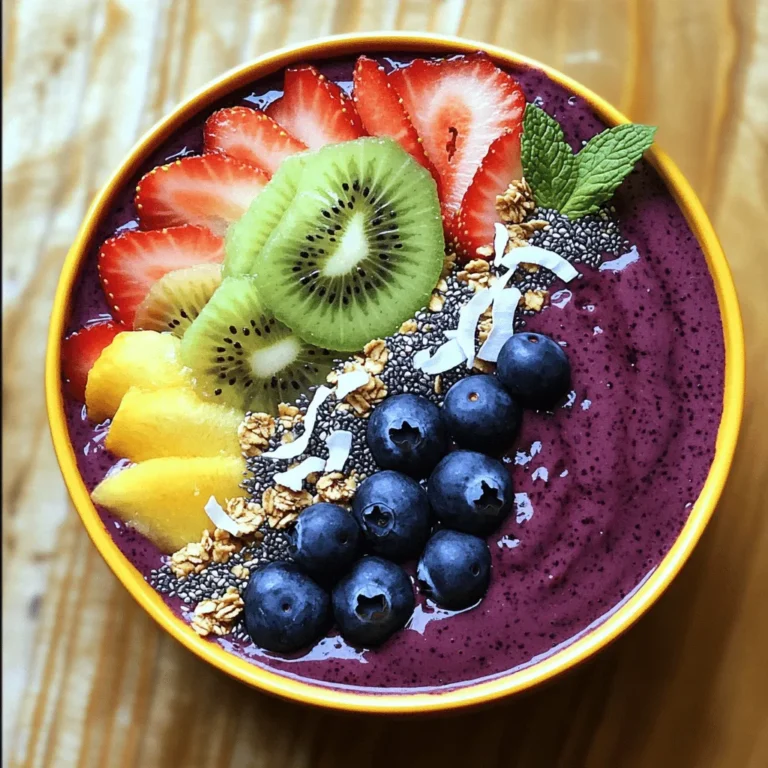 - 2 packets (100g each) frozen acai puree - 1 ripe banana, sliced - 1 cup unsweetened almond milk (or any milk of choice) - 1 tablespoon almond butter - 1 tablespoon honey or agave syrup (adjust to taste) For the acai smoothie bowl, you need fresh and frozen ingredients. The frozen acai puree gives your bowl its rich, deep color. Bananas add natural sweetness and creaminess. Use almond milk for a smooth texture that blends well. Almond butter brings healthy fats and a nutty taste. Honey or agave syrup can sweeten the mix, so adjust it based on your liking. - 1/2 cup granola - 1/4 cup unsweetened shredded coconut - Fresh fruits for topping (sliced strawberries, blueberries, kiwi, or mango) - Chia seeds for garnish - Fresh mint leaves for garnish The toppings are what make your acai bowl fun and tasty! Granola adds crunch, while shredded coconut gives a tropical feel. Fresh fruits not only look good but also add more flavor. Chia seeds are great for extra nutrition, and mint leaves add a fresh touch. You can mix and match your toppings based on what you enjoy. Check out the Full Recipe for step-by-step details! Start by preparing your blender. Ensure it is clean and ready to use. Then, measure out your ingredients. You need: - 2 packets (100g each) frozen acai puree - 1 ripe banana, sliced - 1 cup unsweetened almond milk (or any milk of choice) - 1 tablespoon almond butter - 1 tablespoon honey or agave syrup (adjust to taste) Having everything ready makes the next steps smooth and easy. Now, combine the main ingredients in your blender. Add the frozen acai puree, sliced banana, almond milk, almond butter, and honey or agave syrup. Blend on high speed until the mix is smooth and creamy. If the smoothie is thick, add more almond milk bit by bit until you like the texture. After blending, taste your acai mixture. If it needs sweetness, add more honey or agave syrup. Blend briefly to mix in the added sweetness. Carefully pour the acai smoothie mixture into a large bowl. Aim for even distribution for a nice look. Next, layer your toppings. Start with granola on top, then add your fresh fruits like strawberries, blueberries, kiwi, or mango. Sprinkle unsweetened shredded coconut over the fruits. Finish with a dash of chia seeds for a nice touch. To make it beautiful, garnish with fresh mint leaves. This adds a pop of green and a lovely aroma. Serve your Acai Bliss Smoothie Bowl right away with a spoon. Enjoy the vibrant flavors and nutrition! To get the right thickness for your acai smoothie bowl, start by adjusting the almond milk. If your mix is too thick, add more almond milk slowly. This way, you can control the texture. When blending, use short bursts. This helps create a creamy, smooth blend without over-mixing. To make the smoothie bowl sweeter, try adding more honey or agave syrup. Just blend a little more after adding. If you want alternatives to honey, consider maple syrup or mashed ripe banana. These options add sweetness without using extra syrup. When topping your bowl, get creative! Arrange granola in a line, then add fresh fruits in colorful patterns. This not only looks good but tastes great too. For garnishing, sprinkle chia seeds for a nice touch and add fresh mint leaves. They make your bowl pop with color and flavor. {{image_4}} You can make your acai smoothie bowl unique by swapping out flavors. Use different fruits to change the taste. Instead of banana, try mango or even spinach for a green kick. For nut butters, if almond is not your favorite, peanut butter works well. Each option opens a new world of flavor. If you need vegan options, you can easily make this dish plant-based. Replace honey with agave syrup or maple syrup. For nut-free diets, consider sun butter instead of almond butter. Use gluten-free granola if you avoid gluten. This way, everyone can enjoy a tasty bowl. Using seasonal fruits can make your bowl fresh and fun. In summer, add ripe peaches or fresh berries. In winter, consider oranges or pomegranate to brighten your dish. Change your toppings based on what's available. This not only enhances flavor but also keeps it exciting. Enjoy making your acai bowl special! To store your acai smoothie bowl leftovers, place the bowl in the fridge. It stays fresh for up to 24 hours. Cover it with plastic wrap or a lid to prevent drying out. If you want to freeze the smoothie base, pour it into ice cube trays. This method keeps your acai mixture fresh for up to three months. Once frozen, transfer the cubes to a freezer bag. This makes it easy to blend later. When reheating or refreshing leftover bowls, avoid the microwave. Instead, blend your smoothie base with a splash of almond milk. This helps restore its creamy texture. To maintain the freshness of toppings, store them separately. Keep fruits in a sealed container in the fridge. Granola and coconut should stay in airtight bags. This way, they stay crunchy and flavorful. An acai smoothie bowl is a thick blend made from acai berries. It is often topped with fruits, nuts, and seeds. These bowls are popular for breakfast or as a snack. They are vibrant, tasty, and packed with nutrients. Acai bowls are fun to make and easy to enjoy. Many people love them for their beauty and health benefits. Yes, you can easily make this recipe vegan. Instead of almond butter, use peanut or sunflower seed butter. For sweeteners, replace honey with agave syrup or maple syrup. Use any plant-based milk like oat or soy milk. These swaps keep the dish tasty and plant-based. You can customize your smoothie bowl in many ways. Try different fruits, like mango or pineapple, for new flavors. Swap the almond butter for cashew or hazelnut butter. Add protein powder for an extra boost. When it comes to toppings, use nuts, seeds, or your favorite granola. Be creative and make it your own! Acai berries are very healthy. They are high in antioxidants, which help fight free radicals. They can support heart health and improve cholesterol levels. Acai berries may help with weight loss and boost energy. They are also rich in fiber, which aids digestion. Eating acai can contribute to a balanced diet. This blog post covered how to make a delicious acai smoothie bowl. You learned about key ingredients and toppings, plus step-by-step instructions. I shared tips for perfecting your bowl’s texture and sweetness. You also discovered variations for taste and dietary needs. Finally, we discussed storage for any leftovers. Now, you can enjoy this healthy treat anytime. Get creative with your flavors and toppings. Have fun making your own acai bowl!