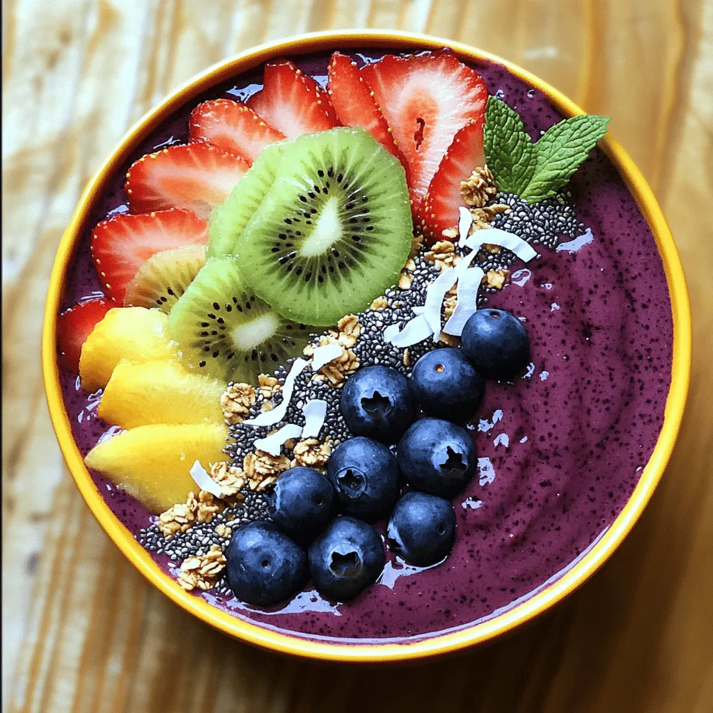 - 2 packets (100g each) frozen acai puree - 1 ripe banana, sliced - 1 cup unsweetened almond milk (or any milk of choice) - 1 tablespoon almond butter - 1 tablespoon honey or agave syrup (adjust to taste) For the acai smoothie bowl, you need fresh and frozen ingredients. The frozen acai puree gives your bowl its rich, deep color. Bananas add natural sweetness and creaminess. Use almond milk for a smooth texture that blends well. Almond butter brings healthy fats and a nutty taste. Honey or agave syrup can sweeten the mix, so adjust it based on your liking. - 1/2 cup granola - 1/4 cup unsweetened shredded coconut - Fresh fruits for topping (sliced strawberries, blueberries, kiwi, or mango) - Chia seeds for garnish - Fresh mint leaves for garnish The toppings are what make your acai bowl fun and tasty! Granola adds crunch, while shredded coconut gives a tropical feel. Fresh fruits not only look good but also add more flavor. Chia seeds are great for extra nutrition, and mint leaves add a fresh touch. You can mix and match your toppings based on what you enjoy. Check out the Full Recipe for step-by-step details! Start by preparing your blender. Ensure it is clean and ready to use. Then, measure out your ingredients. You need: - 2 packets (100g each) frozen acai puree - 1 ripe banana, sliced - 1 cup unsweetened almond milk (or any milk of choice) - 1 tablespoon almond butter - 1 tablespoon honey or agave syrup (adjust to taste) Having everything ready makes the next steps smooth and easy. Now, combine the main ingredients in your blender. Add the frozen acai puree, sliced banana, almond milk, almond butter, and honey or agave syrup. Blend on high speed until the mix is smooth and creamy. If the smoothie is thick, add more almond milk bit by bit until you like the texture. After blending, taste your acai mixture. If it needs sweetness, add more honey or agave syrup. Blend briefly to mix in the added sweetness. Carefully pour the acai smoothie mixture into a large bowl. Aim for even distribution for a nice look. Next, layer your toppings. Start with granola on top, then add your fresh fruits like strawberries, blueberries, kiwi, or mango. Sprinkle unsweetened shredded coconut over the fruits. Finish with a dash of chia seeds for a nice touch. To make it beautiful, garnish with fresh mint leaves. This adds a pop of green and a lovely aroma. Serve your Acai Bliss Smoothie Bowl right away with a spoon. Enjoy the vibrant flavors and nutrition! To get the right thickness for your acai smoothie bowl, start by adjusting the almond milk. If your mix is too thick, add more almond milk slowly. This way, you can control the texture. When blending, use short bursts. This helps create a creamy, smooth blend without over-mixing. To make the smoothie bowl sweeter, try adding more honey or agave syrup. Just blend a little more after adding. If you want alternatives to honey, consider maple syrup or mashed ripe banana. These options add sweetness without using extra syrup. When topping your bowl, get creative! Arrange granola in a line, then add fresh fruits in colorful patterns. This not only looks good but tastes great too. For garnishing, sprinkle chia seeds for a nice touch and add fresh mint leaves. They make your bowl pop with color and flavor. {{image_4}} You can make your acai smoothie bowl unique by swapping out flavors. Use different fruits to change the taste. Instead of banana, try mango or even spinach for a green kick. For nut butters, if almond is not your favorite, peanut butter works well. Each option opens a new world of flavor. If you need vegan options, you can easily make this dish plant-based. Replace honey with agave syrup or maple syrup. For nut-free diets, consider sun butter instead of almond butter. Use gluten-free granola if you avoid gluten. This way, everyone can enjoy a tasty bowl. Using seasonal fruits can make your bowl fresh and fun. In summer, add ripe peaches or fresh berries. In winter, consider oranges or pomegranate to brighten your dish. Change your toppings based on what's available. This not only enhances flavor but also keeps it exciting. Enjoy making your acai bowl special! To store your acai smoothie bowl leftovers, place the bowl in the fridge. It stays fresh for up to 24 hours. Cover it with plastic wrap or a lid to prevent drying out. If you want to freeze the smoothie base, pour it into ice cube trays. This method keeps your acai mixture fresh for up to three months. Once frozen, transfer the cubes to a freezer bag. This makes it easy to blend later. When reheating or refreshing leftover bowls, avoid the microwave. Instead, blend your smoothie base with a splash of almond milk. This helps restore its creamy texture. To maintain the freshness of toppings, store them separately. Keep fruits in a sealed container in the fridge. Granola and coconut should stay in airtight bags. This way, they stay crunchy and flavorful. An acai smoothie bowl is a thick blend made from acai berries. It is often topped with fruits, nuts, and seeds. These bowls are popular for breakfast or as a snack. They are vibrant, tasty, and packed with nutrients. Acai bowls are fun to make and easy to enjoy. Many people love them for their beauty and health benefits. Yes, you can easily make this recipe vegan. Instead of almond butter, use peanut or sunflower seed butter. For sweeteners, replace honey with agave syrup or maple syrup. Use any plant-based milk like oat or soy milk. These swaps keep the dish tasty and plant-based. You can customize your smoothie bowl in many ways. Try different fruits, like mango or pineapple, for new flavors. Swap the almond butter for cashew or hazelnut butter. Add protein powder for an extra boost. When it comes to toppings, use nuts, seeds, or your favorite granola. Be creative and make it your own! Acai berries are very healthy. They are high in antioxidants, which help fight free radicals. They can support heart health and improve cholesterol levels. Acai berries may help with weight loss and boost energy. They are also rich in fiber, which aids digestion. Eating acai can contribute to a balanced diet. This blog post covered how to make a delicious acai smoothie bowl. You learned about key ingredients and toppings, plus step-by-step instructions. I shared tips for perfecting your bowl’s texture and sweetness. You also discovered variations for taste and dietary needs. Finally, we discussed storage for any leftovers. Now, you can enjoy this healthy treat anytime. Get creative with your flavors and toppings. Have fun making your own acai bowl!