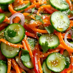 - 2 large carrots, julienned - 1 medium cucumber, thinly sliced - 1 red bell pepper, julienned - 1/4 cup red onion, thinly sliced - 1/4 cup fresh cilantro, roughly chopped - 3 tablespoons rice vinegar - 2 tablespoons sesame oil - 1 tablespoon honey or maple syrup - 1 teaspoon freshly grated ginger - Salt and freshly ground black pepper, to taste - Toasted sesame seeds, for garnish To make a fresh and crunchy carrot cucumber salad, you'll need simple, bright ingredients. Start with the fresh vegetables. I love using large carrots, julienned for the perfect bite. The cucumber adds a cool crunch, while the red bell pepper brings color and sweetness. Red onion adds a nice kick, and cilantro gives a burst of freshness. Next, let's talk about the dressing. Rice vinegar is my go-to for a tangy base. It pairs well with sesame oil, which adds a nutty flavor. Honey or maple syrup balances the acidity, making it sweet and tangy. Fresh ginger gives the dressing a lively zing. Finally, don't forget the seasoning. A little salt and freshly ground black pepper will enhance the flavors. Toasted sesame seeds on top add extra crunch and a lovely finish to this salad. For the full recipe, check out the Crisp Carrot-Cucumber Salad section. - Step 1: Prepare the Vegetables Start by peeling the carrots. Cut them into thin julienned strips. This step adds crunch to your salad. Slice the cucumber into thin rounds. Halve each round to make refreshing half-moons. Julienne the red bell pepper and slice the red onion. Uniform pieces help the flavors mix well. - Step 2: Mix the Base Ingredients In a large mixing bowl, combine the julienned carrots, cucumber half-moons, red bell pepper, sliced red onion, and chopped cilantro. Gently toss the vegetables together. This creates a beautiful mix of colors and flavors. - Step 3: Create the Dressing In a small bowl, whisk together the rice vinegar, sesame oil, honey (or maple syrup if you prefer), and grated ginger. Make sure the dressing blends well. This mixture provides a sweet and tangy flavor that complements the veggies. - Step 4: Combine the Salad Drizzle the dressing over the mixed vegetables in the large bowl. Gently toss everything together. This ensures every piece is coated in the flavorful dressing. - Step 5: Season the Salad Add salt and freshly ground black pepper to taste. Adjust the seasoning to fit your flavor preference. A little salt can really enhance the taste of the salad. - Step 6: Rest for Flavor Let the salad sit for about 10 minutes. This resting time allows the flavors to blend together. It makes a big difference in taste. - Step 7: Final Touch Just before serving, sprinkle toasted sesame seeds on top. This adds crunch and looks nice. If you want, garnish with extra cilantro leaves for a fresh finish. [Full Recipe] - Seasoning Adjustments: Taste your salad after mixing. Add salt and pepper as needed. This step makes flavors pop and brings life to the dish. You can also add a pinch of chili flakes for some heat. - Letting the Salad Rest: After mixing, let the salad sit for 10 minutes. This wait helps the flavors blend. You'll notice a big difference in taste! - Cutting Techniques for Uniformity: Cut carrots and cucumbers into similar sizes. This helps with even cooking and looks nice. Use a sharp knife for clean cuts. - Vegetable Freshness Guidance: Use fresh vegetables for the best crunch. Look for bright colors and firm textures. Avoid limp or wilted veggies for a vibrant salad. - Serving Suggestions: Serve the salad in a large bowl. This makes it easy for guests to help themselves. You can also plate individual servings for a fancy touch. - Garnish Techniques: Sprinkle toasted sesame seeds on top. This adds crunch and looks appealing. You can also add extra cilantro for a fresh finish. {{image_4}} You can add more crunch to your carrot cucumber salad. Try these vegetables: - Radishes, thinly sliced - Snap peas, halved - Bell peppers, in various colors Adding these will enhance the colors and flavors. You might also like to add grated apple. It brings a sweet touch that pairs well with the salad. To make your salad heartier, consider adding protein. Here are some tasty options: - Grilled chicken, diced - Tofu, cubed - Chickpeas, drained and rinsed These proteins balance the dish and keep you full longer. I recommend grilled chicken for a classic touch. You can switch up the dressing for new flavors. Try different oils like: - Olive oil for richness - Avocado oil for a smooth finish You can also change the sweetener. Use maple syrup or agave nectar instead of honey. Each choice will give your salad a new twist! - How to Store Leftovers: Place leftover salad in an airtight container. This keeps it fresh longer. If you have extra dressing, store it separately to avoid sogginess. - Best Containers for Storing: Glass containers work well as they seal tightly. They also help keep the salad crisp and tasty. - How Long the Salad Lasts: When stored properly, this salad lasts about 3 days in the fridge. - Signs of Spoilage: Look for wilted veggies or an off smell. If you see these signs, it’s best to toss the salad. - Can You Freeze the Salad?: Freezing this salad is not ideal, as vegetables lose their crunch. - Freezing Tips for Ingredients: If you want to freeze, consider freezing carrots and cucumbers separately. Chop them, then freeze in bags. This way, they stay fresh for later use. Enjoy the fresh taste of carrot cucumber salad anytime by following these storage tips! For the full recipe, check out the earlier section. What is the best way to prepare carrots for salads? The best way to prepare carrots is to julienne them. First, peel the carrots. Then, cut them into thin strips. This method adds a nice crunch to your salad. Can I make this salad in advance? Yes, you can make this salad in advance. It keeps well in the fridge for about a day. Just remember to add the dressing right before serving. This keeps the salad crisp and fresh. What are the health benefits of carrots and cucumbers? Carrots are rich in vitamins, especially vitamin A. They support eye health and boost the immune system. Cucumbers are low in calories and high in water, promoting hydration. Together, they make a healthy and refreshing combination. What can I substitute for rice vinegar? You can use apple cider vinegar or white wine vinegar in place of rice vinegar. Both options give a nice tangy flavor to the salad. Can I use different herbs instead of cilantro? Absolutely! You can use parsley or mint for a different taste. Both herbs add a fresh note to the salad. What meals pair well with Carrot Cucumber Salad? This salad pairs well with grilled chicken, fish, or tofu. It also goes great with sandwiches or wraps. How can I make this salad more filling? To make it more filling, add cooked quinoa or chickpeas. You can also mix in some sliced avocado or nuts for added texture and protein. For the full recipe, check out the Crisp Carrot-Cucumber Salad section! This article covered how to make a fresh and tasty carrot cucumber salad. We looked at the best ingredients, steps to prepare, and tips for flavor and presentation. Remember, using fresh veggies and letting the salad rest will improve the taste. You can also customize it with proteins or different dressings. This salad is perfect for any meal. Enjoy your healthy dish and feel good about feeding your body right!