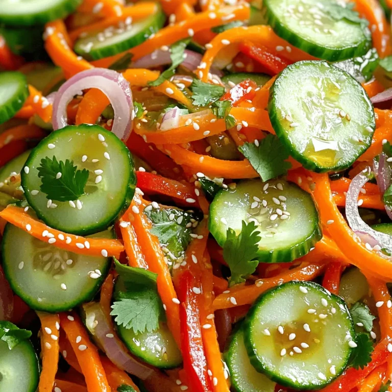 - 2 large carrots, julienned - 1 medium cucumber, thinly sliced - 1 red bell pepper, julienned - 1/4 cup red onion, thinly sliced - 1/4 cup fresh cilantro, roughly chopped - 3 tablespoons rice vinegar - 2 tablespoons sesame oil - 1 tablespoon honey or maple syrup - 1 teaspoon freshly grated ginger - Salt and freshly ground black pepper, to taste - Toasted sesame seeds, for garnish To make a fresh and crunchy carrot cucumber salad, you'll need simple, bright ingredients. Start with the fresh vegetables. I love using large carrots, julienned for the perfect bite. The cucumber adds a cool crunch, while the red bell pepper brings color and sweetness. Red onion adds a nice kick, and cilantro gives a burst of freshness. Next, let's talk about the dressing. Rice vinegar is my go-to for a tangy base. It pairs well with sesame oil, which adds a nutty flavor. Honey or maple syrup balances the acidity, making it sweet and tangy. Fresh ginger gives the dressing a lively zing. Finally, don't forget the seasoning. A little salt and freshly ground black pepper will enhance the flavors. Toasted sesame seeds on top add extra crunch and a lovely finish to this salad. For the full recipe, check out the Crisp Carrot-Cucumber Salad section. - Step 1: Prepare the Vegetables Start by peeling the carrots. Cut them into thin julienned strips. This step adds crunch to your salad. Slice the cucumber into thin rounds. Halve each round to make refreshing half-moons. Julienne the red bell pepper and slice the red onion. Uniform pieces help the flavors mix well. - Step 2: Mix the Base Ingredients In a large mixing bowl, combine the julienned carrots, cucumber half-moons, red bell pepper, sliced red onion, and chopped cilantro. Gently toss the vegetables together. This creates a beautiful mix of colors and flavors. - Step 3: Create the Dressing In a small bowl, whisk together the rice vinegar, sesame oil, honey (or maple syrup if you prefer), and grated ginger. Make sure the dressing blends well. This mixture provides a sweet and tangy flavor that complements the veggies. - Step 4: Combine the Salad Drizzle the dressing over the mixed vegetables in the large bowl. Gently toss everything together. This ensures every piece is coated in the flavorful dressing. - Step 5: Season the Salad Add salt and freshly ground black pepper to taste. Adjust the seasoning to fit your flavor preference. A little salt can really enhance the taste of the salad. - Step 6: Rest for Flavor Let the salad sit for about 10 minutes. This resting time allows the flavors to blend together. It makes a big difference in taste. - Step 7: Final Touch Just before serving, sprinkle toasted sesame seeds on top. This adds crunch and looks nice. If you want, garnish with extra cilantro leaves for a fresh finish. [Full Recipe] - Seasoning Adjustments: Taste your salad after mixing. Add salt and pepper as needed. This step makes flavors pop and brings life to the dish. You can also add a pinch of chili flakes for some heat. - Letting the Salad Rest: After mixing, let the salad sit for 10 minutes. This wait helps the flavors blend. You'll notice a big difference in taste! - Cutting Techniques for Uniformity: Cut carrots and cucumbers into similar sizes. This helps with even cooking and looks nice. Use a sharp knife for clean cuts. - Vegetable Freshness Guidance: Use fresh vegetables for the best crunch. Look for bright colors and firm textures. Avoid limp or wilted veggies for a vibrant salad. - Serving Suggestions: Serve the salad in a large bowl. This makes it easy for guests to help themselves. You can also plate individual servings for a fancy touch. - Garnish Techniques: Sprinkle toasted sesame seeds on top. This adds crunch and looks appealing. You can also add extra cilantro for a fresh finish. {{image_4}} You can add more crunch to your carrot cucumber salad. Try these vegetables: - Radishes, thinly sliced - Snap peas, halved - Bell peppers, in various colors Adding these will enhance the colors and flavors. You might also like to add grated apple. It brings a sweet touch that pairs well with the salad. To make your salad heartier, consider adding protein. Here are some tasty options: - Grilled chicken, diced - Tofu, cubed - Chickpeas, drained and rinsed These proteins balance the dish and keep you full longer. I recommend grilled chicken for a classic touch. You can switch up the dressing for new flavors. Try different oils like: - Olive oil for richness - Avocado oil for a smooth finish You can also change the sweetener. Use maple syrup or agave nectar instead of honey. Each choice will give your salad a new twist! - How to Store Leftovers: Place leftover salad in an airtight container. This keeps it fresh longer. If you have extra dressing, store it separately to avoid sogginess. - Best Containers for Storing: Glass containers work well as they seal tightly. They also help keep the salad crisp and tasty. - How Long the Salad Lasts: When stored properly, this salad lasts about 3 days in the fridge. - Signs of Spoilage: Look for wilted veggies or an off smell. If you see these signs, it’s best to toss the salad. - Can You Freeze the Salad?: Freezing this salad is not ideal, as vegetables lose their crunch. - Freezing Tips for Ingredients: If you want to freeze, consider freezing carrots and cucumbers separately. Chop them, then freeze in bags. This way, they stay fresh for later use. Enjoy the fresh taste of carrot cucumber salad anytime by following these storage tips! For the full recipe, check out the earlier section. What is the best way to prepare carrots for salads? The best way to prepare carrots is to julienne them. First, peel the carrots. Then, cut them into thin strips. This method adds a nice crunch to your salad. Can I make this salad in advance? Yes, you can make this salad in advance. It keeps well in the fridge for about a day. Just remember to add the dressing right before serving. This keeps the salad crisp and fresh. What are the health benefits of carrots and cucumbers? Carrots are rich in vitamins, especially vitamin A. They support eye health and boost the immune system. Cucumbers are low in calories and high in water, promoting hydration. Together, they make a healthy and refreshing combination. What can I substitute for rice vinegar? You can use apple cider vinegar or white wine vinegar in place of rice vinegar. Both options give a nice tangy flavor to the salad. Can I use different herbs instead of cilantro? Absolutely! You can use parsley or mint for a different taste. Both herbs add a fresh note to the salad. What meals pair well with Carrot Cucumber Salad? This salad pairs well with grilled chicken, fish, or tofu. It also goes great with sandwiches or wraps. How can I make this salad more filling? To make it more filling, add cooked quinoa or chickpeas. You can also mix in some sliced avocado or nuts for added texture and protein. For the full recipe, check out the Crisp Carrot-Cucumber Salad section! This article covered how to make a fresh and tasty carrot cucumber salad. We looked at the best ingredients, steps to prepare, and tips for flavor and presentation. Remember, using fresh veggies and letting the salad rest will improve the taste. You can also customize it with proteins or different dressings. This salad is perfect for any meal. Enjoy your healthy dish and feel good about feeding your body right!