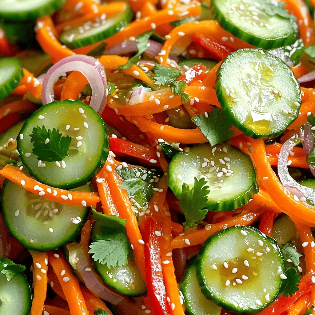 - 2 large carrots, julienned - 1 medium cucumber, thinly sliced - 1 red bell pepper, julienned - 1/4 cup red onion, thinly sliced - 1/4 cup fresh cilantro, roughly chopped - 3 tablespoons rice vinegar - 2 tablespoons sesame oil - 1 tablespoon honey or maple syrup - 1 teaspoon freshly grated ginger - Salt and freshly ground black pepper, to taste - Toasted sesame seeds, for garnish To make a fresh and crunchy carrot cucumber salad, you'll need simple, bright ingredients. Start with the fresh vegetables. I love using large carrots, julienned for the perfect bite. The cucumber adds a cool crunch, while the red bell pepper brings color and sweetness. Red onion adds a nice kick, and cilantro gives a burst of freshness. Next, let's talk about the dressing. Rice vinegar is my go-to for a tangy base. It pairs well with sesame oil, which adds a nutty flavor. Honey or maple syrup balances the acidity, making it sweet and tangy. Fresh ginger gives the dressing a lively zing. Finally, don't forget the seasoning. A little salt and freshly ground black pepper will enhance the flavors. Toasted sesame seeds on top add extra crunch and a lovely finish to this salad. For the full recipe, check out the Crisp Carrot-Cucumber Salad section. - Step 1: Prepare the Vegetables Start by peeling the carrots. Cut them into thin julienned strips. This step adds crunch to your salad. Slice the cucumber into thin rounds. Halve each round to make refreshing half-moons. Julienne the red bell pepper and slice the red onion. Uniform pieces help the flavors mix well. - Step 2: Mix the Base Ingredients In a large mixing bowl, combine the julienned carrots, cucumber half-moons, red bell pepper, sliced red onion, and chopped cilantro. Gently toss the vegetables together. This creates a beautiful mix of colors and flavors. - Step 3: Create the Dressing In a small bowl, whisk together the rice vinegar, sesame oil, honey (or maple syrup if you prefer), and grated ginger. Make sure the dressing blends well. This mixture provides a sweet and tangy flavor that complements the veggies. - Step 4: Combine the Salad Drizzle the dressing over the mixed vegetables in the large bowl. Gently toss everything together. This ensures every piece is coated in the flavorful dressing. - Step 5: Season the Salad Add salt and freshly ground black pepper to taste. Adjust the seasoning to fit your flavor preference. A little salt can really enhance the taste of the salad. - Step 6: Rest for Flavor Let the salad sit for about 10 minutes. This resting time allows the flavors to blend together. It makes a big difference in taste. - Step 7: Final Touch Just before serving, sprinkle toasted sesame seeds on top. This adds crunch and looks nice. If you want, garnish with extra cilantro leaves for a fresh finish. [Full Recipe] - Seasoning Adjustments: Taste your salad after mixing. Add salt and pepper as needed. This step makes flavors pop and brings life to the dish. You can also add a pinch of chili flakes for some heat. - Letting the Salad Rest: After mixing, let the salad sit for 10 minutes. This wait helps the flavors blend. You'll notice a big difference in taste! - Cutting Techniques for Uniformity: Cut carrots and cucumbers into similar sizes. This helps with even cooking and looks nice. Use a sharp knife for clean cuts. - Vegetable Freshness Guidance: Use fresh vegetables for the best crunch. Look for bright colors and firm textures. Avoid limp or wilted veggies for a vibrant salad. - Serving Suggestions: Serve the salad in a large bowl. This makes it easy for guests to help themselves. You can also plate individual servings for a fancy touch. - Garnish Techniques: Sprinkle toasted sesame seeds on top. This adds crunch and looks appealing. You can also add extra cilantro for a fresh finish. {{image_4}} You can add more crunch to your carrot cucumber salad. Try these vegetables: - Radishes, thinly sliced - Snap peas, halved - Bell peppers, in various colors Adding these will enhance the colors and flavors. You might also like to add grated apple. It brings a sweet touch that pairs well with the salad. To make your salad heartier, consider adding protein. Here are some tasty options: - Grilled chicken, diced - Tofu, cubed - Chickpeas, drained and rinsed These proteins balance the dish and keep you full longer. I recommend grilled chicken for a classic touch. You can switch up the dressing for new flavors. Try different oils like: - Olive oil for richness - Avocado oil for a smooth finish You can also change the sweetener. Use maple syrup or agave nectar instead of honey. Each choice will give your salad a new twist! - How to Store Leftovers: Place leftover salad in an airtight container. This keeps it fresh longer. If you have extra dressing, store it separately to avoid sogginess. - Best Containers for Storing: Glass containers work well as they seal tightly. They also help keep the salad crisp and tasty. - How Long the Salad Lasts: When stored properly, this salad lasts about 3 days in the fridge. - Signs of Spoilage: Look for wilted veggies or an off smell. If you see these signs, it’s best to toss the salad. - Can You Freeze the Salad?: Freezing this salad is not ideal, as vegetables lose their crunch. - Freezing Tips for Ingredients: If you want to freeze, consider freezing carrots and cucumbers separately. Chop them, then freeze in bags. This way, they stay fresh for later use. Enjoy the fresh taste of carrot cucumber salad anytime by following these storage tips! For the full recipe, check out the earlier section. What is the best way to prepare carrots for salads? The best way to prepare carrots is to julienne them. First, peel the carrots. Then, cut them into thin strips. This method adds a nice crunch to your salad. Can I make this salad in advance? Yes, you can make this salad in advance. It keeps well in the fridge for about a day. Just remember to add the dressing right before serving. This keeps the salad crisp and fresh. What are the health benefits of carrots and cucumbers? Carrots are rich in vitamins, especially vitamin A. They support eye health and boost the immune system. Cucumbers are low in calories and high in water, promoting hydration. Together, they make a healthy and refreshing combination. What can I substitute for rice vinegar? You can use apple cider vinegar or white wine vinegar in place of rice vinegar. Both options give a nice tangy flavor to the salad. Can I use different herbs instead of cilantro? Absolutely! You can use parsley or mint for a different taste. Both herbs add a fresh note to the salad. What meals pair well with Carrot Cucumber Salad? This salad pairs well with grilled chicken, fish, or tofu. It also goes great with sandwiches or wraps. How can I make this salad more filling? To make it more filling, add cooked quinoa or chickpeas. You can also mix in some sliced avocado or nuts for added texture and protein. For the full recipe, check out the Crisp Carrot-Cucumber Salad section! This article covered how to make a fresh and tasty carrot cucumber salad. We looked at the best ingredients, steps to prepare, and tips for flavor and presentation. Remember, using fresh veggies and letting the salad rest will improve the taste. You can also customize it with proteins or different dressings. This salad is perfect for any meal. Enjoy your healthy dish and feel good about feeding your body right!