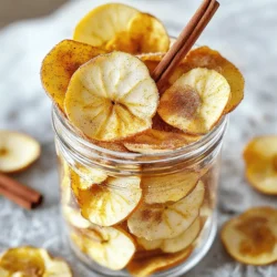 To make delicious cinnamon sugar apple chips, gather the following ingredients: - 2 large apples (preferably Fuji or Honeycrisp for optimal sweetness) - 1 teaspoon ground cinnamon - 2 tablespoons granulated sugar - 1 teaspoon vanilla extract (optional, but recommended for a fragrant touch) - Pinch of salt Choosing the right apple is key. I recommend using Fuji or Honeycrisp apples. These varieties are sweet and crisp, making them perfect for chips. They hold their shape well during baking. Other great options include Granny Smith for a tart flavor or Gala for sweetness. Use the apples you enjoy most for the best results. Although the basic recipe is tasty, you can add more flavor. Here are some fun ideas: - Nutmeg: A pinch can add warmth and depth. - Cocoa Powder: Mix in for a chocolatey twist. - Chili Powder: A bit of heat can create a unique snack. - Honey or Maple Syrup: Drizzle before baking for extra sweetness. Feel free to experiment! Each add-in gives a new twist to the classic flavor of cinnamon sugar apple chips. Enjoy the process of creating your own tasty snack! For the full recipe, check out the detailed instructions above. First, set your oven to 225°F (110°C). This low heat helps dry the apples gently. While the oven warms, line a baking sheet with parchment paper. This step keeps the chips from sticking. Wash and dry the apples well. You can use a mandoline slicer or a sharp knife. Slice the apples into rounds about 1/8 inch thick. Make sure the slices are even. This helps them cook at the same time. In a small bowl, mix 1 teaspoon of ground cinnamon, 2 tablespoons of granulated sugar, and a pinch of salt. If you want more flavor, drizzle 1 teaspoon of vanilla extract over the apple slices. Then, coat each slice with the cinnamon-sugar mix. Place the apple slices in a single layer on the baking sheet. Make sure they do not overlap. Sprinkle the cinnamon-sugar mixture evenly on each slice. Put the baking sheet in the preheated oven and bake for about 1.5 to 2 hours. Halfway through, flip the slices gently. Watch them closely as they bake. You want them crispy and dried, not burned. When done, cool the chips on the baking sheet for a few minutes. Then, transfer them to a wire rack to cool completely. This step ensures they become perfectly crispy! To get the best crispiness from your apple chips, low heat is key. I recommend baking them at 225°F (110°C). This gentle heat dries the apples slowly, making them crunchy. It’s important to flip the apple slices halfway through baking. This step helps them cook evenly. Keep an eye on them towards the end. They should be dry and crisp, not burnt. When slicing apples, uniform thickness is very important. I suggest using a mandoline slicer if you have one. This tool makes even slices about 1/8 inch thick. If you prefer a knife, just be careful to keep the slices even. Uneven slices will cook at different rates. This can lead to some chips being too soft or even burnt. Feel free to get creative with flavors. Besides cinnamon, consider adding nutmeg or ginger for a warm touch. You can also try adding a little vanilla extract before coating the slices. This gives a nice aroma and extra flavor. If you want a little kick, a dash of cayenne pepper can add a fun twist. Explore different spices to find your favorite mix! {{image_4}} You can switch out granulated sugar for other sweeteners. Try brown sugar for a richer taste. Coconut sugar works well for a more natural option. For a low-calorie choice, consider using stevia or erythritol. Each alternative gives a unique flavor twist to your apple chips. Get creative with your spice blends! Add nutmeg for warmth or ginger for a zingy kick. A hint of allspice can create a lovely autumn flavor. For a fun twist, mix cocoa powder with the cinnamon. This adds a chocolatey richness that pairs well with apples. Apple chips are great, but you can use other fruits too! Try pears for a sweet and tender snack. Bananas also make tasty chips, offering a different texture. Even sweet potatoes can work, giving a savory and sweet mix. Experiment with your favorite fruits to find new flavors! Store your apple chips in an airtight container. This keeps them fresh and crunchy. A glass jar works well, but a plastic bag can also do the job. Be sure to let them cool completely before sealing. This prevents moisture buildup, which can make them soggy. Homemade apple chips last about one week. If stored properly, they can stay fresh for up to ten days. However, I recommend eating them sooner for the best taste and texture. If you want to keep them longer, consider freezing them. Just remember, freezing may change their crispiness. If your apple chips lose their crunch, don't worry! You can easily re-crisp them. Preheat your oven to 200°F (93°C). Spread the chips on a baking sheet in a single layer. Bake for about 10 to 15 minutes. Keep a close eye on them, so they don't burn. This quick fix brings back that delightful crunch! The best apples for making apple chips are Fuji and Honeycrisp. They have great sweetness and crispness. Their texture helps create the perfect chip. Other good options include Granny Smith for a tart flavor or Gala for a milder taste. Choose apples that feel firm and fresh. Yes, you can use a dehydrator instead of an oven. A dehydrator can dry the apples evenly and create a nice crunch. Follow the manufacturer's instructions for temperature and timing. This method might take longer, but it can enhance the apple flavor. You know the apple chips are done when they are dry and crispy. Check for a light golden color. They should snap when you bend them. If they feel soft, give them more time in the oven or dehydrator. Cinnamon sugar apple chips pair well with many things. You can enjoy them with yogurt for a creamy dip. They also taste great with nut butter or cheese for a savory twist. Add them to salads for a sweet crunch. Cinnamon sugar apple chips can be a healthy snack. They are lower in calories than many store-bought snacks. Apples provide fiber, vitamins, and minerals. However, watch the sugar you add. Use less sugar or a sugar substitute to make them even healthier. For the full recipe, check out the earlier section. Making apple chips is easy and fun. We discussed the best ingredients, step-by-step instructions, and helpful tips. You can try different apples and spices to create unique flavors. Storing them correctly keeps them crispy and fresh. Remember, you can adapt this recipe to fit your taste. Enjoy your tasty snacks, and share them with friends. Cooking should always bring joy and flavor to our lives. Now, it’s your turn to make some delicious apple chips!
