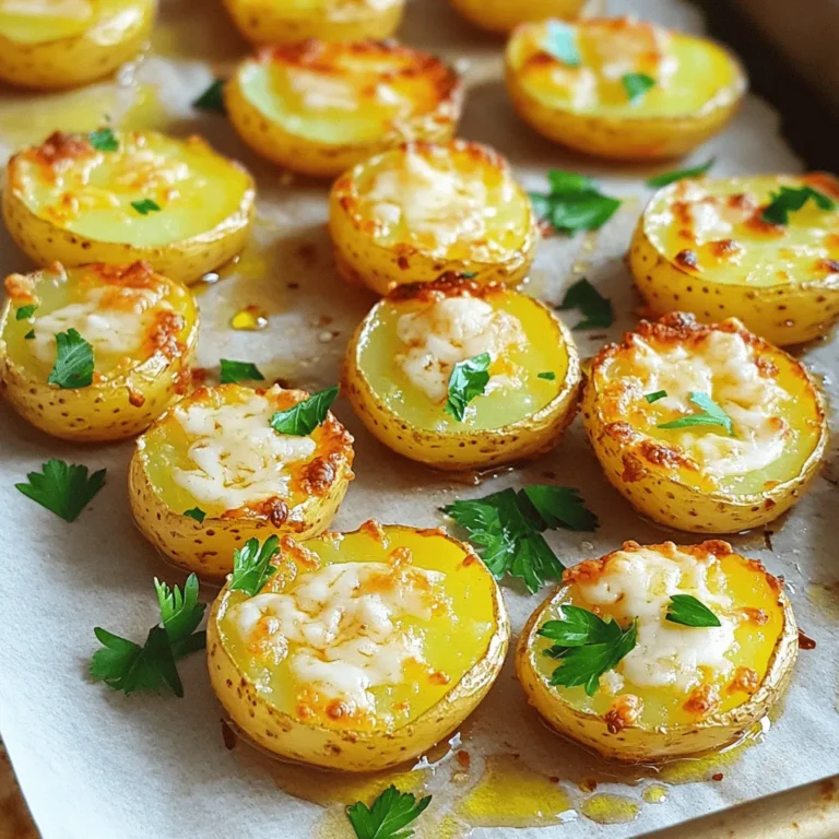 - 2 pounds baby potatoes - 4 tablespoons extra-virgin olive oil - 4 cloves garlic, finely minced - ½ cup finely grated Parmesan cheese - 1 teaspoon garlic powder - 1 teaspoon onion powder - 1 teaspoon smoked paprika - ½ teaspoon dried thyme - ½ teaspoon sea salt - ½ teaspoon freshly ground black pepper - Fresh parsley, chopped Gather these ingredients before you start cooking. The baby potatoes are key to this dish's texture. They give you that crispy outside and fluffy inside. The olive oil adds richness and helps the spices stick. Garlic brings that amazing aroma and flavor. Parmesan cheese gives a nice salty crunch that elevates the dish. In terms of seasoning, garlic powder and onion powder boost the garlic flavor. Smoked paprika adds warmth and depth. Thyme has a lovely herbal note, while salt and pepper bring everything together. Don't forget the fresh parsley! It adds a pop of color and freshness when you serve. For the full recipe, check out the complete guide. Using quality ingredients will make your Crispy Garlic Parmesan Potatoes shine. First, preheat your oven to 425°F (220°C). This high heat helps the potatoes become crispy. While the oven warms up, line a baking sheet with parchment paper. This makes clean-up easy and helps the potatoes cook evenly. In a large bowl, whisk together the extra-virgin olive oil and seasonings. You will need minced garlic, garlic powder, onion powder, smoked paprika, dried thyme, sea salt, and black pepper. Mix until everything is well combined. The scent will be amazing! Now it's time to coat the potatoes. Take your halved baby potatoes and add them to the bowl. Toss them in the garlic-infused oil. Make sure every piece is covered with the seasoning mix. This step is key to giving each potato a burst of flavor. Once coated, transfer the potatoes to the prepared baking sheet. Arrange them in a single layer with the cut sides down. This helps them crisp up nicely. Place the baking sheet in the oven and roast for about 25 to 30 minutes. Remember to flip the potatoes halfway through. This helps them brown evenly. When they are fork-tender and golden, take them out and sprinkle the grated Parmesan on top. Return the sheet to the oven for just 5 more minutes. This will let the cheese melt and form a delicious crust. Enjoy these crispy garlic Parmesan potatoes! For the full recipe, check out the instructions above. For the best crispiness, cut the potatoes in half. Make sure the flat side faces down on the baking sheet. This will help them brown better. The right oven temperature is key too. I recommend 425°F (220°C). This high heat makes them golden and crunchy. You can switch up the potatoes you use. Red, yellow, or even russet potatoes work great. Each type gives a different taste and texture. You can also adjust the seasonings. If you like more heat, add some red pepper flakes. For a fresh twist, use fresh herbs like rosemary or thyme. These crispy garlic Parmesan potatoes pair well with many main dishes. They are great with grilled chicken or fish. Try serving them alongside a hearty steak for a filling meal. For sides, a fresh salad or steamed veggies complement them nicely. Enjoy a bright, colorful plate that looks as good as it tastes! {{image_4}} You can make your crispy potatoes even more special with fresh herbs. Try using rosemary, thyme, or basil. Each herb adds a unique flavor. Chop them finely and mix them into the oil blend. The herbs will give a fresh taste that makes the dish pop. You can also use dried herbs if fresh ones are hard to find. Just remember to use less, as dried herbs are stronger. Want some heat? Add red pepper flakes or a splash of hot sauce. Mix these spicy ingredients into the oil blend. The heat from the pepper pairs well with garlic and Parmesan. Start with a small amount so you can control the spice level. You can always add more if you want it spicier. This variation is great for those who love bold flavors. Feeling adventurous with cheese? You can switch Parmesan for other hard cheeses. Pecorino Romano or Asiago are fantastic options. Each cheese brings its own taste and character. Pecorino has a sharper flavor, while Asiago is creamier. Try different cheeses to see which one you like best. Mixing cheeses can also create a tasty twist on the classic recipe. For the complete cooking process, refer to the Full Recipe of Crispy Garlic Parmesan Potatoes. To keep your crispy garlic Parmesan potatoes fresh, store them in an airtight container. Place them in the fridge within two hours of cooking. They will stay good for about three days. Make sure the container is tight to prevent moisture. This helps maintain their flavor and texture. To reheat, use an oven or an air fryer. Preheat your oven to 350°F (175°C). Spread the potatoes on a baking sheet. Heat for about 10 to 15 minutes until they are warm and crispy again. Avoid using a microwave, as it can make them soggy. For the best results, an air fryer is also great. It brings back that crunch you love. You can freeze crispy potatoes, but they may lose some crunch. To freeze, let them cool completely. Then, place them in a single layer on a baking sheet and freeze for about an hour. Once frozen, transfer them to a freezer bag. They can stay in the freezer for up to three months. When ready to eat, bake directly from frozen. The texture won’t be the same as fresh, but they will still taste good. For the full recipe, refer to the beginning of this article. Yes, you can prep these potatoes ahead. Here are some tips: - Wash and cut the potatoes a day before. Store them in water in the fridge. - Mix the seasoning and oil in advance. Keep it in a sealed container. - On serving day, just toss the potatoes in the mix and bake them. This way, you save time and still enjoy tasty potatoes! To enhance crispiness, try these methods: - Use a higher oven temp. Increase it to 450°F for a crunchier finish. - Soak the potatoes. Soak halved potatoes in cold water for 30 minutes. This removes excess starch. - Use a baking rack. Place the potatoes on a rack in the baking sheet. This allows air to circulate. These steps give you that extra crunch you crave! Crispy garlic Parmesan potatoes go great with many main dishes: - Grilled chicken or steak for a hearty meal. - Roasted salmon or other fish for a lighter option. - Veggie burgers for a tasty vegetarian pairing. These sides make a complete and delicious dinner! You can easily adjust this recipe for different diets: - For gluten-free, ensure all seasonings are labeled gluten-free. - For a vegan option, skip the Parmesan. Use nutritional yeast for a cheesy flavor. These swaps allow everyone to enjoy this dish! This blog post showed you how to make crispy garlic Parmesan potatoes. We covered all the ingredients you need, plus seasonings. I guided you through every step, from preparing the potatoes to roasting them. You now have tips for achieving maximum crispiness and how to store leftovers. Crispy garlic Parmesan potatoes are delicious and easy to make. I hope you enjoy trying these fun recipes and variations!