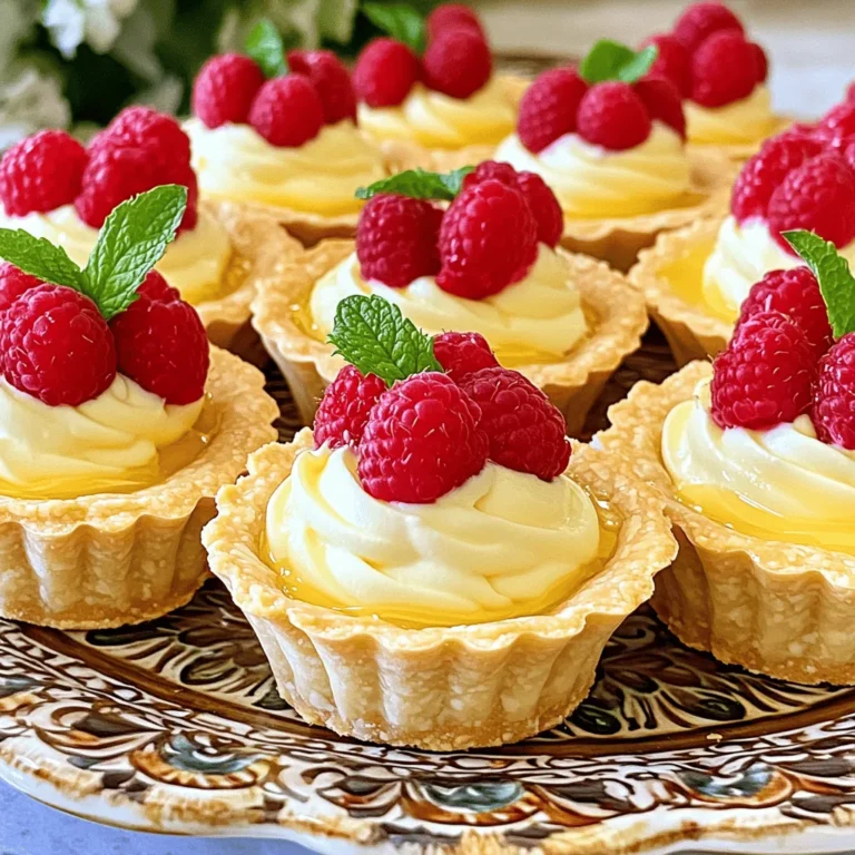 - All-purpose flour - Powdered sugar - Unsalted butter - Egg yolk - Pure vanilla extract - Heavy cream - Whole milk - Granulated sugar - Cornstarch - Fresh raspberries - Fresh mint leaves Using high-quality ingredients makes a big difference in taste. Here are some tips: - Choose organic raspberries for the best flavor. - Use pure vanilla extract instead of imitation for a richer taste. - Select unsalted butter to control the salt in your recipe. If you need substitutions, consider these options: - For dairy-free, use coconut cream instead of heavy cream and milk. - For gluten-free, swap all-purpose flour with a gluten-free blend. - If you want a lower-sugar option, use a sugar substitute like stevia. These choices let you enjoy this dessert without missing out on flavor! For more details, check out the Full Recipe. To start, I mix the dry ingredients. In a bowl, I whisk together 1 ½ cups of all-purpose flour and ½ cup of powdered sugar. This gives the tart a sweet base. Next, I incorporate the butter and egg yolk. I add ½ cup of softened unsalted butter and 1 large egg yolk to the bowl. I mix with a fork until the mixture looks crumbly. Then, I stir in 1 teaspoon of pure vanilla extract to add richness. Now, I chill the dough. I shape it into a flat disk. I wrap it tightly in plastic wrap and place it in the fridge. This step is crucial, so the butter firms up. I leave it for at least 30 minutes. Meanwhile, I preheat the oven to 350°F (175°C). After chilling, I roll and shape the dough. On a floured countertop, I roll out the dough to about ¼ inch thick. I use a round cutter to cut circles that fit my mini tart pans. I carefully press the dough into each pan. Then, I blind bake the tart shells. I prick the bottoms with a fork to avoid bubbles. I bake them for about 15-20 minutes until the edges turn lightly golden. Once baked, I remove them from the oven and cool them completely in the pans. For the vanilla cream, I cook the custard mixture. In a medium saucepan, I combine 1 cup of heavy cream, 1 cup of whole milk, ½ cup of granulated sugar, and 2 tablespoons of cornstarch. I cook over medium heat, whisking all the time until it thickens. Once it bubbles gently, I take it off the heat. Next, I add flavors and cool. I stir in 2 teaspoons of pure vanilla extract into the warm custard. I let it cool slightly, stirring to keep it smooth. Now, I fill the tarts with vanilla cream. Once the tart shells are cool, I carefully spoon or pipe the custard into each shell. I fill them generously to create a creamy layer. Then, I top with raspberries. I arrange fresh raspberries on top of each filled tart. This adds a bright touch of color and flavor. Finally, I chill before serving. I place the filled tarts in the fridge for at least 1 hour. This allows the flavors to meld and the cream to set. You can find the Full Recipe for more detailed steps and tips! To get a great tart shell, start with cold butter. This helps keep the dough flaky. When mixing, avoid overworking the dough. Overworking can make it tough. Chill the dough for at least 30 minutes. This step prevents cracks and uneven baking. To avoid soggy bottoms, blind bake your tart shells. Prick the bottom with a fork before baking. This allows steam to escape and keeps the crust crisp. Bake until the edges are lightly golden for the best result. For a light and fluffy cream, whip the heavy cream until soft peaks form. Use a clean bowl and beaters to prevent any greasy residue. Gradually fold in the cooled custard. This technique helps keep it airy and smooth. To ensure a lump-free custard, whisk continuously while cooking. Remove it from heat as soon as it thickens. Stir in the vanilla extract to add flavor. Let it cool slightly before using to keep it smooth. For a beautiful finish, garnish each tart with a fresh mint leaf. Mint adds a pop of color and freshness. Arrange the tarts on a decorative platter for an elegant look. You can even layer them for a stunning display. Serve them chilled for the best taste. For more delicious ideas, check the Full Recipe for Mini Vanilla Cream Tarts with Raspberries. {{image_4}} You can change the flavor profile with different fruits. Strawberries and blueberries work well with the vanilla cream. Sliced peaches or kiwi add a fun twist too. For a richer treat, try chocolate or caramel drizzle. A light drizzle can enhance the sweetness and add a nice touch. You can switch up the vanilla flavor easily. Almond extract gives a unique taste. Lemon extract adds brightness and zing. For warmth, consider adding spices like cinnamon or nutmeg. Just a pinch can make your cream special. If you need gluten-free options, use almond flour. For a dairy-free version, try coconut milk or almond milk. You can also make this vegan by using plant-based butter and a vegan cream alternative. These swaps keep the flavors while meeting dietary needs. For the full recipe, check out the detailed instructions above. To keep your mini tarts fresh, store them in the fridge. Use an airtight container to protect them from drying out. This way, the cream stays smooth, and the crust remains crisp. Do not stack the tarts on top of each other. This will help prevent the cream from getting messy. If you need to keep them longer than a day, place parchment paper between the layers. You can freeze mini tarts, but it's best to freeze them unfilled. To do this, bake the tart shells, let them cool, and then freeze them. Wrap each shell in plastic wrap and place them in a freezer bag. They can last up to three months this way. When you want to enjoy them, thaw the shells in the fridge overnight. For filled tarts, freeze them only if necessary. The cream may not hold up well. If you choose to freeze filled tarts, freeze them for one hour. Then, wrap them tightly and store in a freezer bag. To serve, thaw in the fridge for a few hours. After thawing, you can add fresh raspberries for a vibrant touch. Enjoy your mini vanilla cream tarts with raspberries! Yes, you can prepare mini vanilla cream tarts ahead of time. Here are some best practices: - Make the tart shells a day in advance. Store them in an airtight container. - Prepare the vanilla cream the day before. Chill it in the fridge until ready to use. - Fill the tarts with cream a few hours before serving. This keeps the shells crisp. - Top with raspberries just before serving to maintain their freshness. To prevent your tart shells from shrinking during baking, try these tips: - Chill the dough thoroughly before rolling it out. This helps the butter firm up. - Avoid overworking the dough, which can make it tough. - Use pie weights or dried beans when blind baking to hold the shape. - Prick the bottom of the shells with a fork to prevent air bubbles. If your vanilla cream doesn't thicken, here’s how to troubleshoot: - Ensure you cooked the mixture over medium heat, whisking constantly. - If it’s too thin, return it to the heat. Whisk in a bit more cornstarch mixed with water. - Make sure to remove it from heat once it starts to bubble. Overcooking can cause it to thin out. - Allow the cream to cool slightly before filling the tarts. It will thicken more as it cools. Yes, you can use frozen raspberries, but be aware of a few things: - Frozen raspberries might be softer than fresh ones. They can release more juice. - Thaw them before use to avoid excess moisture in the tarts. - The flavor may be slightly less vibrant than fresh raspberries. However, they still add a nice touch. In this post, we explored how to make mini vanilla cream tarts from scratch. You learned about the essential ingredients and their quality, along with step-by-step instructions for baking. I shared tips for perfect tart shells and ways to personalize your tarts with variations. Proper storage methods and FAQs addressed common concerns. These tarts are fun to make and delightful to eat. Use the tips here to impress friends or enjoy a sweet treat at home. Happy baking!