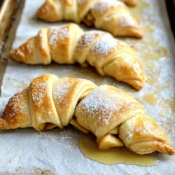 - 1 can refrigerated crescent roll dough - 2 medium apples, peeled, cored, and finely chopped - 1/2 cup packed brown sugar - 1 teaspoon ground cinnamon - 1 tablespoon fresh lemon juice - 1 tablespoon unsalted butter, melted - 1/4 cup chopped walnuts (optional) - 1 egg, beaten (to create an egg wash) - Powdered sugar, for dusting (optional) For the apple pie crescents, I love using crisp apples like Granny Smith or Honeycrisp. They add the right amount of tartness to balance the sweetness. Make sure to peel and chop them finely so they cook evenly. The brown sugar and cinnamon create a warm, cozy flavor. You can adjust these to your taste, adding more cinnamon if you really love that spicy kick. If you want to add more texture, toss in some chopped walnuts. They give a nice crunch. Powdered sugar is optional for dusting but makes the crescents look extra special. You can find the [Full Recipe](#) with all the steps to make these tasty treats! First, preheat your oven to 375°F (190°C). This step is key for getting the crescents nice and golden. Next, grab a baking sheet and line it with parchment paper. This will help keep the crescents from sticking and make cleanup a breeze. In a medium bowl, combine your chopped apples, brown sugar, cinnamon, and melted butter. You can also add a splash of fresh lemon juice for some zing. If you like, toss in chopped walnuts for extra crunch. Mix everything gently until the apple pieces are well coated in that sweet, spiced goodness. Now, carefully unroll the crescent roll dough on a clean surface. You’ll see the perforated edges that make it easy to separate into triangles. Take a spoonful of your apple filling and place it at the wide end of each triangle. Don’t overfill, or the mixture might spill out when baking. Starting from the wide end, roll each triangle tightly over the filling. Be sure to pinch the ends together firmly. This seals in the tasty apple mix. Place each crescent seam-side down on the prepared baking sheet, leaving a little space between them to expand. Using a pastry brush, apply the beaten egg on top of each crescent. This gives them a lovely golden color as they bake. Pop the baking sheet into the preheated oven and bake for about 12 to 15 minutes. You want them puffy and golden brown. After baking, let the crescents cool for a few minutes on the sheet. If you like, dust them lightly with powdered sugar for a sweet touch before serving. Enjoy your Apple Pie Crescents! For the full recipe, check the ingredients and instructions above. To get that flaky texture, handle the crescent dough gently. Don't press it too hard. Keep the dough cold before use. If it warms up, it won’t puff up as well. Roll it out lightly if needed. This helps maintain its texture. You can add more spice to your filling. Try a pinch of nutmeg or allspice for warmth. A splash of orange juice brightens the apples, too. These small tweaks make your apple pie crescents even better. Dust your finished crescents with powdered sugar for a sweet touch. Arrange them on a nice plate to impress your guests. You can also drizzle some caramel sauce on top for extra flair. Serve warm for the best taste! For the full recipe, check out the details above. {{image_4}} You can switch up the apples for other fruits. Pears work well too. They have a sweet flavor that pairs nicely with the spices. You might try peaches for a summer twist. Berries like blueberries or raspberries can add a fun burst of color and taste. Each fruit brings its own charm, so feel free to explore! If you want a vegan version, simple swaps can help. Instead of butter, use coconut oil or vegan butter. Both will keep the richness in your crescents. For the egg wash, you can brush on almond milk or soy milk. This will give your crescents a nice color without using eggs. Get creative with toppings! A drizzle of caramel sauce adds a sweet touch. You could also make a simple icing with powdered sugar and water. This icing can add a nice shine and sweetness. If you want a crunch, sprinkle some chopped nuts on top after baking. These options can make your apple pie crescents even more exciting. To keep your Apple Pie Crescents fresh, store them in an airtight container. Place a piece of parchment paper between layers to prevent sticking. Store them in the fridge for up to three days. If you want to enjoy them later, make sure they cool completely before adding them to the container. You can freeze both uncooked and cooked crescents. To freeze uncooked crescents, prepare them but do not bake. Wrap each one tightly in plastic wrap and place them in a freezer-safe bag. They can last up to two months in the freezer. For cooked crescents, let them cool, then wrap them as well. They also last for about two months. To reheat your crescents and keep them crispy, use the oven. Preheat your oven to 350°F (175°C). Place the crescents on a baking sheet and cover them loosely with foil. This keeps them from getting too brown. Bake for about 10 minutes. For a quicker option, use a toaster oven, but avoid the microwave to keep them crunchy. To stop the crescents from being soggy, I recommend a few easy steps. First, ensure that your apples are not too juicy. Use firm apples and cut them small. You can also drain any excess liquid from the apple mixture. Another tip is to bake the crescents right after you fill them. This helps keep them crisp. Lastly, avoid overfilling the dough. A smaller amount of filling works better. Yes, you can use homemade crescent dough! Making it from scratch can add a personal touch. Just be sure your dough is rolled thin enough for easy handling. You want it to be light and flaky, just like the store-bought kind. Follow your favorite recipe to create a dough that suits your taste. For baking, I love using tart apples. Granny Smith apples are my top choice. They have a nice balance of sweet and sour. Honeycrisp apples are also great for their sweetness and crispness. Other good options include Fuji and Braeburn apples, which hold up well during baking. These varieties give your apple pie crescents a delicious flavor and texture. Apple pie crescents are best enjoyed fresh. However, if you have leftovers, they can last 2 to 3 days in the fridge. Store them in an airtight container to keep them fresh. If you want to keep them longer, consider freezing them. They freeze well for up to 2 months. Just reheat them in the oven to restore their crispiness. For the full recipe, check out the details above. This blog post provided a simple way to make apple pie crescents. We covered the key ingredients, from crescent dough to apples and spices. I also shared step-by-step instructions for easy preparation and assembly. You learned tips for texture, flavor, and presentation. Plus, we explored variations for different tastes and storage methods. In summary, making these treats is fun and rewarding. You can easily customize them to fit your style. Enjoy baking and sharing these delicious apple pie crescents!