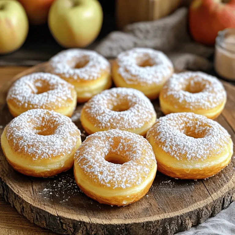 - 2 cups all-purpose flour - 1 cup apple cider - 1/2 cup granulated sugar - 1/4 cup packed brown sugar - 1 teaspoon baking powder - 1 teaspoon baking soda - 1 teaspoon ground cinnamon - 1/2 teaspoon ground nutmeg - 1/2 teaspoon salt - 2 large eggs - 1/4 cup vegetable oil - 1 teaspoon vanilla extract - 1/2 cup powdered sugar (for dusting) Gathering the right ingredients is key to making baked apple cider donuts. Start with all-purpose flour. This is the base for your donuts. Next, you'll need apple cider. It gives the donuts their sweet and tangy flavor. The two types of sugar, granulated and brown, add sweetness and depth. Baking powder and baking soda help the donuts rise. Ground cinnamon and nutmeg bring warmth and spice. Don't forget salt; it enhances all the flavors. For the wet ingredients, you'll use eggs, vegetable oil, and vanilla extract. Eggs provide structure. Oil keeps the donuts moist. Vanilla adds a lovely aroma. Lastly, the powdered sugar is for dusting. It gives the donuts that perfect finishing touch. - Donut pan - Mixing bowls - Whisk - Spatula You will need a donut pan to shape your donuts. Using a donut pan gives the classic look you want. Mixing bowls are essential for combining your ingredients. A whisk helps blend the dry and wet ingredients smoothly. A spatula helps you fold the batter without overmixing. With these tools, you're ready to create delicious baked apple cider donuts. - Calories per donut: Approximately 150 - Carbohydrate content: About 22 grams - Dietary considerations: You can make vegan and gluten-free options. Understanding the nutritional facts helps in meal planning. Each donut has around 150 calories, making them a sweet treat. They contain about 22 grams of carbs, so enjoy them in moderation. If you have dietary needs, consider vegan options. You can replace eggs with flaxseed or applesauce. For gluten-free donuts, almond flour works well. These options let everyone enjoy your baked apple cider donuts. Check the Full Recipe for more details. - Preheat the oven to 350°F (175°C). - Grease the donut pan with non-stick spray. - In a large bowl, whisk the dry ingredients. This includes flour, sugars, baking powder, baking soda, cinnamon, nutmeg, and salt. Make sure they mix well. - In another bowl, whisk the wet ingredients together. Use apple cider, eggs, oil, and vanilla. Mix until smooth. - Gently combine the wet mix with the dry mix. Stir with a spatula until just combined. Avoid overmixing to keep the donuts light. - Transfer the batter into a piping bag or a zip-top bag. Pipe the batter into the donut pan, filling each mold about two-thirds full. - Bake the donuts for 12-15 minutes. They are ready when a toothpick comes out clean. Look for a light golden color. - Let the donuts cool in the pan for about 5 minutes. After that, transfer them to a wire rack to cool completely. - For extra sweetness, roll the cooled donuts in powdered sugar before serving. Enjoy these tasty treats! For the full recipe, check out the details above. To get the best texture in your baked apple cider donuts, avoid overmixing. When you mix the wet and dry ingredients, stir gently. You want to combine them just enough to blend. Overmixing will make the donuts dense. Using room temperature ingredients is key too. Eggs and oil mix better when they are warm. This results in a smoother batter and airier donuts. Adding spices can really boost flavor. Try adding a pinch of ginger or allspice for warmth. You can also use fresh apple chunks or unsweetened apple sauce. These additions give your donuts a fun twist and extra moisture. For a fun finish, consider different toppings. You can glaze the donuts with maple syrup or yogurt. Cinnamon sugar is a great alternative to powdered sugar. Just mix sugar with cinnamon for a sweet, warm flavor. Use these tips to make your baked apple cider donuts even better! For all the details, check out the Full Recipe. {{image_4}} You can change up the flavors in your baked apple cider donuts. One fun option is pumpkin spice apple cider donuts. Just add pumpkin puree and a bit more spice to the mix. This gives a warm and cozy taste that is perfect for fall. Another great twist is maple-infused apple cider donuts. Use real maple syrup instead of some sugar. This adds a rich and sweet flavor that pairs well with apple cider. If you need a gluten-free option, use almond flour instead of all-purpose flour. This keeps the donuts light and tasty while catering to dietary needs. You can also mix in a bit of gluten-free baking powder for the right rise. For vegan substitutions, replace the eggs with flaxseed meal or applesauce. Both work well to bind the ingredients. You can also use plant-based milk in place of the apple cider for a dairy-free version. Pair these donuts with a warm drink like coffee or fresh apple cider. The flavors blend perfectly, making for a delightful snack. For special occasions, try serving them on a nice plate with a drizzle of maple syrup. You can also sprinkle extra cinnamon on top for a beautiful touch. These small ideas make your treats stand out during gatherings. To keep your donuts fresh, store them in an airtight container. This helps prevent them from drying out. Place parchment paper between layers to avoid sticking. You can also wrap each donut in plastic wrap for extra protection. To freeze your donuts, wait until they cool completely. Place them in a single layer on a baking sheet. Freeze for about an hour until firm, then transfer them to a freezer-safe bag. When you want to enjoy them, just reheat in the oven at 350°F (175°C) for 5-10 minutes. Baked apple cider donuts last about 2-3 days at room temperature. If you keep them in the fridge, they can last up to a week. Look for signs of spoilage, like a dry texture or off smell, to know when to toss them. Enjoy your treats while they're fresh! Baked apple cider donuts stay fresh for about 3-5 days. Keep them in an airtight container at room temperature. This helps maintain their soft texture. If you want them to stay fresh longer, you can refrigerate them. Just remember, refrigeration can change the texture a bit. Yes, you can prepare these donuts ahead of time. Mix the dry ingredients and the wet ingredients separately. Store them in the fridge overnight. The next day, combine them and bake. This saves time and makes mornings easier. If you don’t have apple cider, you can use apple juice or even a mix of water and a little vinegar. These options still give a nice flavor. Using flavored teas can also add a unique twist to your donuts. You can make these donuts healthier by reducing the sugar. Try using less granulated sugar and brown sugar. You can also swap out some of the all-purpose flour for whole wheat flour. This adds fiber and nutrients while still keeping them tasty. To reheat baked apple cider donuts, use the oven. Preheat it to 350°F (175°C). Place the donuts on a baking sheet for about 5-7 minutes. This warms them up nicely without drying them out. You can also use a microwave, but be careful. Heat them in short bursts to avoid making them rubbery. These apple cider donuts are simple to make and delicious. We covered the ingredients, tools, and step-by-step instructions to ensure success. You also learned some tips to perfect the texture and flavor, as well as exciting variations. Storing and reheating methods will help keep your donuts fresh and tasty. Enjoy these treats with your favorite drinks or for special moments. With this guide, you can now create yummy apple cider donuts at home. Happy baking!