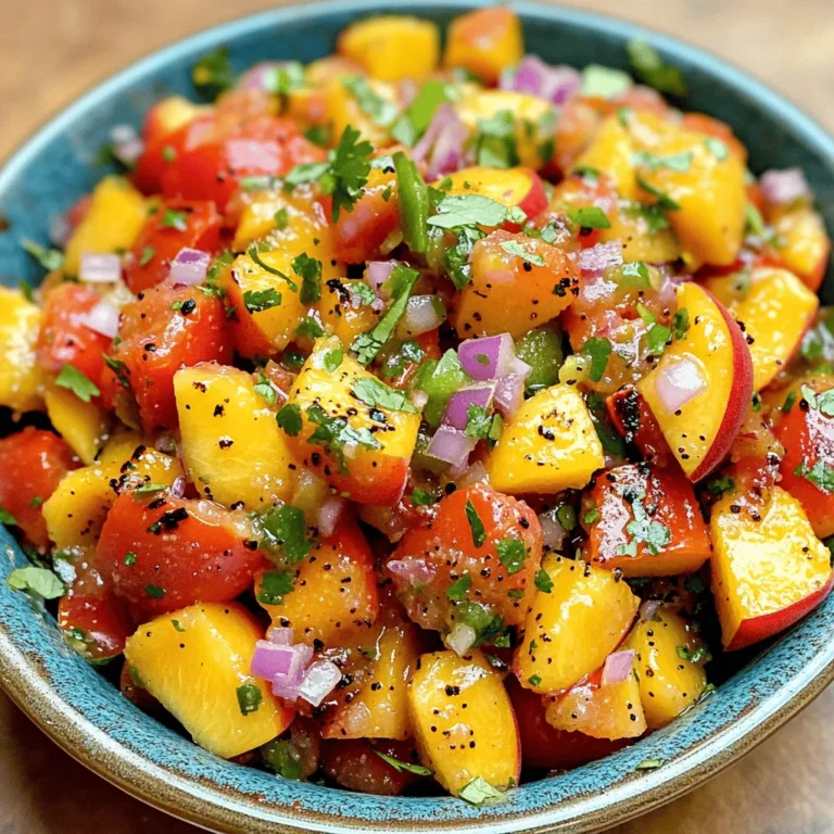- 4 ripe tomatoes, diced - 2 juicy peaches, diced - 1 small red onion, finely chopped - 1 jalapeño, deseeded and finely minced - 1/4 cup fresh cilantro, chopped - 2 tablespoons lime juice - 1 tablespoon smoked paprika - Salt and black pepper, to taste Fresh ingredients make this salsa shine. Ripe tomatoes bring sweetness and juiciness. Juicy peaches add a fruity twist. A small red onion gives a nice crunch and sharpness. Jalapeño adds heat, but you can adjust it to your taste. Fresh cilantro adds a burst of flavor. Lime juice brightens the mix and balances the sweetness. Smoked paprika gives a deep, rich flavor. Salt and black pepper enhance everything. Using fresh ingredients is key to good salsa. Fresh tomatoes and peaches taste so much better. They add natural flavors that dried or canned options can't match. Fresh herbs also bring brightness. They make each bite pop with flavor. Always choose ripe fruits for the best taste. You can really tell the difference when you use fresh. If you can't find an ingredient, don't worry. You can swap them for others. For tomatoes, try canned fire-roasted ones for a smoky flavor. If peaches are out of season, mangoes work well too. You can use a sweet onion instead of red onion. If you want more heat, add a serrano pepper instead of jalapeño. Don’t have cilantro? Try parsley for a different taste. These swaps keep your salsa fresh and exciting. For the full recipe, check out the Smoky Tomato Peach Salsa . To start, you need to prepare your grill or smoker. Preheat it to medium heat. If you don’t have a smoker, a grill works too. Use a smoking box or make a foil packet to add that smoky flavor. This step is key to creating a delicious salsa. Next, slice the tomatoes in half. Place them cut-side down on the grill. Do the same with the peaches. Grill them for about 6-8 minutes. Look for nice grill marks on the fruits. This charring adds depth to the salsa. Once grilled, take the tomatoes and peaches off the heat. Let them cool for a few minutes. Chop them into small, bite-sized pieces. In a large mixing bowl, add the diced tomatoes and peaches. Next, add the finely chopped red onion, minced jalapeño, and chopped cilantro. Now, drizzle fresh lime juice over your mixture. Add a sprinkle of smoked paprika for a rich flavor. Gently fold all the ingredients together. Taste your salsa and adjust the seasoning with salt and black pepper. Let it rest for at least 15 minutes to let the flavors meld. For the full experience, check out the Full Recipe. To get that perfect smoky taste, choose ripe tomatoes and juicy peaches. Grill them over medium heat. This helps to develop a nice char. If you want more smoke, add wood chips to your grill. The type of wood can change the flavor. Try hickory or applewood for a unique twist. If you have leftover salsa, store it in an airtight container. This keeps it fresh for a few days. Make sure to put it in the fridge right away. The flavors can mix and change if you leave it out. Always give it a good stir before serving again. To boost the flavor, try adding more lime juice or smoked paprika. This gives the salsa a fresh kick. You can also mix in diced bell peppers for a crunchy texture. If you love heat, toss in more jalapeño. Each change adds a new layer to your salsa. For the full recipe, check back to ensure you have all the steps down! {{image_4}} To spice up your smoked tomato peach salsa, add more jalapeño. You can keep the seeds in for extra kick. If you want a different kind of heat, try using serrano peppers. These peppers are hotter than jalapeños but add a nice flavor. You could also mix in a dash of hot sauce or red pepper flakes to give it a kick. You can switch out the peaches for mangoes or pineapples. These fruits add sweetness and flavor. If you want a different texture, try using bell peppers or cucumbers. They add crunch and freshness. For a seasonal twist, consider using roasted corn in the mix. It gives a nice smoky taste and pairs well with the other flavors. Serve your salsa with tortilla chips for a fun snack. You can also use it as a topping for grilled meats, like chicken or fish. It makes a great addition to tacos or burritos. For a light meal, spoon it over a bed of greens. This salsa is also perfect for enhancing your favorite grain bowls. For the full recipe, use the details above to create this delicious dish. To keep your smoked tomato peach salsa fresh, use an airtight container. Glass containers work best. Make sure the salsa is cool before sealing. This helps prevent extra moisture inside. Store it in the fridge. Keeping it chilled slows down spoilage. You can keep the salsa for about three to five days in the fridge. After that, the flavors may fade. Always check for any signs of spoilage before eating. If it smells sour or looks off, it’s best to toss it. If you want to save your salsa for a longer time, freezing is a great option. Use freezer-safe bags or containers. Leave some space for expansion. Salsa can last up to three months in the freezer. When you’re ready to use it, defrost it in the fridge overnight. This keeps the texture nice. Enjoy your leftover salsa, and don’t forget to check the full recipe for more tips! Yes, you can use canned tomatoes in this recipe. However, fresh tomatoes offer better flavor and texture. If you choose canned tomatoes, drain them well to avoid excess liquid. Then, chop them into smaller pieces. This way, your salsa will stay thick and vibrant. To make a larger batch, simply double or triple the ingredients. Keep the same cooking method. Make sure to grill enough tomatoes and peaches. Adjust the seasoning to taste as you combine the ingredients. This way, everyone can enjoy the fresh dip! This salsa shines with many dishes. It pairs well with tortilla chips for a great snack. Use it as a topping on grilled chicken or fish for added zest. You can even mix it into tacos or burritos for a fresh twist. The combinations are endless! The good news is this smoked tomato peach salsa is already vegan! All ingredients are plant-based and healthy. Enjoy it freely without any changes. You can serve it with fresh veggies or on grilled tofu for a complete meal. In this post, we covered how to make a delicious smoked tomato peach salsa. We discussed key ingredients like ripe tomatoes, juicy peaches, and fresh cilantro. I shared tips for grilling and seasoning to enhance the flavor. We also explored variations and storage tips to keep your salsa fresh. Fresh, high-quality ingredients make all the difference. Enjoy experimenting with flavors, and share your favorite twists! Your salsa journey can be creative and fun. Get started today!