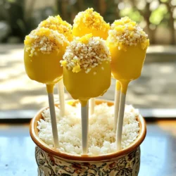 - 1 cup mango cake mix - 1/2 cup water - 1/4 cup vegetable oil - 2 large eggs - 1/2 cup mango puree (fresh or canned) - 1/4 teaspoon vanilla extract - 1/4 cup Tajin seasoning (plus extra for coating) - 1 cup white chocolate chips - 1 tablespoon coconut oil - Lollipop sticks - Mixing bowls - Whisk - Baking pan - Parchment paper - Microwave-safe bowl - Additional Tajin for garnish - Decorative container for presentation In this recipe, the main ingredients create a burst of mango flavor. The mango cake mix and mango puree work together for a sweet, fruity base. The Tajin seasoning adds a zesty kick, making these cake pops unique. You will need simple tools for easy mixing and melting. A whisk helps blend the batter, while a microwave-safe bowl makes it easy to melt the chocolate. Parchment paper makes clean-up a breeze. For a special touch, consider adding extra Tajin as a garnish. A decorative container can also add flair to your presentation. This way, your Mango Tajin Cake Pops will look as good as they taste! For the full recipe, follow the detailed instructions to create these delightful treats. - Preheat your oven to 350°F (175°C). Grease a cake pan or line it with parchment paper. - In a large bowl, mix together 1 cup of mango cake mix, 1/2 cup of water, 1/4 cup of vegetable oil, 2 large eggs, 1/2 cup of mango puree, and 1/4 teaspoon of vanilla extract. Use a whisk to blend until smooth. - Pour the batter into the prepared cake pan. Bake for 25-30 minutes. Check with a toothpick; it should come out clean when done. - Let the cake cool in the pan for about 30 minutes. This step is key for easy crumbling. - Once cooled, transfer the cake to a large bowl. Crumble the cake into fine pieces using your hands or a fork. - Sprinkle 1/4 cup of Tajin seasoning over the crumbled cake. Mix well to ensure even flavor. - Take small portions of the cake mixture and roll them into 1-inch balls. Place them on a lined baking sheet. Refrigerate for 30 minutes to firm them up. - In a microwave-safe bowl, combine 1 cup of white chocolate chips and 1 tablespoon of coconut oil. Melt in 30-second intervals, stirring in between until smooth. - Dip one end of a lollipop stick into the melted chocolate. Insert the stick into the center of each cake ball. - Dip each cake pop into the melted chocolate, letting excess drip off. Sprinkle extra Tajin on top for a zesty finish. - Return the coated pops to the baking sheet. Refrigerate for 15-20 minutes until the chocolate sets. For the full recipe, check [Full Recipe]. Enjoy making these fun and tasty treats! To get the best texture for your Mango Tajin Cake Pops, start with proper cooling. Allow your cake to cool completely before crumbling. This step helps the cake hold its shape better. After cooling, use your hands or a fork to crumble it into fine pieces. Make sure there are no large chunks. When rolling the cake balls, take small amounts from the mixture. Roll them firmly but gently into 1-inch balls. A consistent size helps them cook evenly and look great. If the mixture feels too sticky, dampen your hands slightly before rolling. For a unique presentation, display your cake pops upright. Use a decorative container filled with rice or foam. This keeps the pops stable and adds flair. To enhance the look, sprinkle extra Tajin around the base of the container. It adds a colorful touch and hints at the flavor. You can also add toppings that pair well with mango and Tajin. Consider adding shredded coconut, chopped nuts, or even edible flowers. These options not only taste great but also make your cake pops visually appealing. If your cake pop mixture is too crumbly, simply add a little more mango puree. A small amount can help bind the crumbs together. Mix thoroughly after adding to ensure even consistency. For chocolate coating issues, if the chocolate is too thick, add a bit more coconut oil. This makes it easier to coat the cake pops. If you get lumps, heat it in the microwave for a few seconds more. Stir well after each interval to keep it smooth. Enjoy making these delightful treats! {{image_4}} You can switch up the flavor of your Mango Tajin Cake Pops. Instead of mango cake mix, try cherry, pineapple, or lemon mixes. Each fruit brings its own taste. You can mix and match flavors for fun. Adding spices can also change the game. Consider cinnamon or nutmeg for warmth. A splash of almond extract adds a nutty twist. Experiment with different flavors to find your favorite. If you need gluten-free cake pops, look for a gluten-free cake mix. Many brands now offer tasty options. You can also make your own mix using gluten-free flour blends. For a vegan version, swap out the eggs. Use flaxseed meal or applesauce instead. You can find dairy-free chocolate chips for the coating. These small changes keep the joy of cake pops for everyone. Serve your cake pops with fun dipping sauces. Try chocolate sauce, caramel, or even fruit coulis. Each sauce adds a new flavor to your pops. For special events, create a cake pop tower. Stick them into a foam base for a stunning display. Guests will love grabbing these delightful treats. The presentation adds excitement to any event. You can even sprinkle some extra Tajin on top for flair. For the full recipe, check out the details in the earlier sections. To keep your Mango Tajin Cake Pops fresh, refrigerate them in an airtight container. The cool air helps maintain their flavor and texture. You can also freeze them for up to three months. To freeze, wrap each pop in plastic wrap. Then, place them in a freezer bag or container. This keeps them safe from freezer burn. Tips on extending shelf life: - Use wax paper to separate pops if stacking them. - Keep them away from strong-smelling foods. If you store your pops in the fridge, they can be enjoyed cold. To refresh them, let them sit at room temperature for a few minutes. This helps soften the chocolate coating. Safety tips for thawing frozen cake pops: - Move the pops from the freezer to the fridge for several hours. - Avoid using the microwave, as this can melt the chocolate unevenly. Check your cake pops for any signs of spoilage. Look for changes in color or texture. If they smell off or feel sticky, it’s best to toss them. Proper labels for storage containers: - Use clear labels that state the date made. - Write “Mango Tajin Cake Pops” to avoid confusion. This way, you can enjoy your delicious treats for a longer time! Mango Tajin Cake Pops stay fresh for about a week in the fridge. Store them in an airtight container to keep them moist. If you want to freeze them, they can last up to three months. Wrap each pop in plastic wrap before placing them in a freezer bag. This keeps them safe from freezer burn. Yes, you can make these cake pops ahead of time. Prepare them one to two days before your event. After shaping the cake pops, refrigerate them. This helps them hold their shape well. Just remember to coat them in chocolate the day you serve them for the best taste and texture. Definitely! If you want a different flavor, try using crushed nuts, coconut flakes, or sprinkles. You can also use cinnamon sugar for a sweet twist. These toppings add different tastes and make your cake pops look fun and colorful. Experiment with what you like! You can make delicious Mango Tajin Cake Pops by following the steps outlined. Start with simple ingredients and tools, then prepare, bake, and cool your cake. Use the tips for texture and decoration to impress. When you try different flavors or variations, the fun continues. These cake pops are easy to store and serve at any event. Enjoy sharing your tasty treats, and don’t forget to customize them! It’s all about creating joy through sweet snacks.