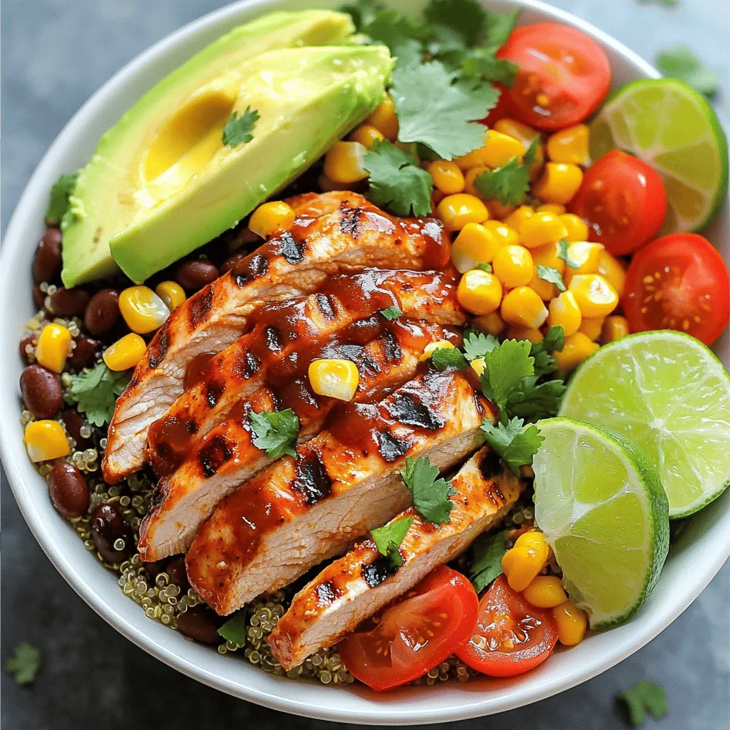 - 2 boneless, skinless chicken breasts - 1 cup BBQ sauce - 2 cups cooked quinoa - 1 cup black beans - 1 cup corn kernels - 1 red bell pepper - 1 ripe avocado - 1 cup cherry tomatoes - 1/4 cup fresh cilantro - 1 lime - Salt and pepper to taste The BBQ Chicken Power Bowl packs a lot of flavor and nutrition. Let’s look at what you need. Start with the chicken. I like using boneless, skinless breasts. They cook evenly and stay juicy. Use your favorite BBQ sauce for that smoky sweetness. Quinoa serves as a great base. It’s rich in protein and fiber. Make sure it is cooked and well-fluffed. Next, add black beans for some extra protein and fiber. They also add a nice texture. Corn brings sweetness and crunch. You can use fresh, frozen, or canned corn. The red bell pepper adds color and a bit of crunch. Avocado gives creaminess, while cherry tomatoes add a fresh burst. Fresh cilantro brings a wonderful herbal note. The lime adds a zesty finish, enhancing all the flavors. Don’t forget salt and pepper. They tie everything together. Now that you know the ingredients, you can get started! Check out the Full Recipe for details. - Preheat the grill or grill pan. This step is key for a great sear. - Season the chicken with salt and pepper. This adds flavor to the meat. - Apply BBQ sauce to the chicken. Spread it evenly for a tasty glaze. - Grill the chicken and control the timing. Cook for about 6-7 minutes per side. - Brush additional BBQ sauce during grilling. This enhances the flavor as it cooks. - Rest and slice the chicken. Let it sit for 5 minutes before cutting. - Mix the quinoa and vegetables. Combine cooked quinoa, black beans, corn, bell pepper, and tomatoes. - Create the base for each serving. Divide the quinoa mix into four bowls. - Arrange grilled chicken and avocado on top. Place the chicken and avocado nicely for a colorful dish. For more details, check the Full Recipe. - Achieving the perfect grill marks To get those beautiful grill marks on your chicken, start with a hot grill. Place the chicken on and do not move it for about 3-4 minutes. Then, rotate it 90 degrees to create crosshatch marks. Flip it after 6-7 minutes. This way, you lock in the flavor and moisture. - Checking chicken for doneness To make sure your chicken is fully cooked, use a meat thermometer. Insert it into the thickest part of the chicken. It should read 165°F (75°C). If you don’t have a thermometer, cut into the chicken. The meat should be white with no pink inside. - Suggestions for additional toppings You can add more fun to your BBQ Chicken Power Bowl with toppings. Try sliced jalapeños for heat, shredded cheese for creaminess, or crunchy tortilla strips for texture. Fresh herbs like basil or parsley can add a fresh taste and color. - Using different BBQ sauce varieties Experiment with different BBQ sauces to change the flavor profile. Try a sweet, honey-based sauce for a sticky glaze, or a spicy chipotle sauce for a kick. You can even mix sauces for a unique taste. Each variety can totally transform your bowl! {{image_4}} You can change up the protein in your BBQ chicken power bowl. Instead of chicken, try tofu or shrimp. Tofu is a great choice for a plant-based meal. It absorbs flavors well and gives a nice texture. Shrimp cooks quickly and adds a seafood twist to your bowl. For grains, you can swap quinoa for brown rice or farro. Brown rice is hearty and adds fiber. Farro has a nutty flavor and chewy texture. Both options keep your bowl filling and delicious. If you want a vegan or vegetarian option, skip the chicken. Use grilled mushrooms or chickpeas instead. Both add protein and taste. Just make sure your BBQ sauce is vegan-friendly. For gluten-free variations, ensure the BBQ sauce is gluten-free. Most brands offer gluten-free options. Use quinoa or brown rice as your grain base since they are naturally gluten-free. This way, everyone can enjoy a tasty meal! For the full recipe, check out the details provided earlier. To keep your BBQ Chicken Power Bowl fresh, use airtight containers. Glass or plastic containers work well. Make sure they seal tightly to keep air out. Store in the fridge within two hours of cooking. This helps keep the chicken tasty and safe to eat. You can store leftovers for up to three days. When it's time to enjoy leftovers, reheat them carefully. The best way is to use a microwave. Heat in short bursts, stirring often. This prevents the chicken from drying out. If you prefer, you can use a skillet on the stove. Just warm over low heat, stirring gently. Avoid using high heat, as it can ruin the flavor. Yes, you can freeze the BBQ Chicken Power Bowl. Store it in freezer-safe bags or containers. Be sure to remove as much air as possible. When you’re ready to eat, thaw it in the fridge overnight before reheating. Enjoy your meal without worry! A BBQ Chicken Power Bowl is a tasty and healthy meal. It combines grilled chicken, quinoa, and fresh veggies. The bowl is colorful and full of flavor. You start with a base of fluffy quinoa. Add black beans for protein and corn for sweetness. Then, toss in diced red bell peppers and halved cherry tomatoes for crunch. Finish with sliced avocado and fresh cilantro. The BBQ sauce adds a smoky touch, making each bite exciting. You can find the full recipe above to try this delightful dish. To change the heat in your BBQ Chicken Power Bowl, try these tips. Use a milder BBQ sauce for less spice. You can also mix in sweet chili sauce for a hint of heat without making it too hot. If you like heat, add sliced jalapeños or a dash of hot sauce. For a smoky flavor, try chipotle sauce. Always taste as you go. This way, you can find the perfect balance that suits your taste. This bowl pairs well with many sides and drinks. Try a light salad with mixed greens and a simple vinaigrette. Cornbread or whole-grain bread can also be nice additions. For drinks, a refreshing iced tea or lemonade works well. You may also enjoy a light beer or sparkling water. These sides and drinks enhance the meal and make it more enjoyable. This BBQ Chicken Power Bowl combines healthy ingredients for a tasty meal. You learned how to grill chicken, assemble the bowl, and store leftovers. Don't hesitate to mix and match flavors to suit your taste. Try different proteins or grains for fun variations. Enjoy this meal with friends or family, making it a go-to recipe. Keep experimenting to find your perfect spin on this dish!