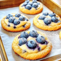 To make these tasty cookies, you need a few key ingredients. Here’s the list: - 1 cup all-purpose flour - 1/2 teaspoon baking soda - 1/4 teaspoon salt - 1/2 cup unsalted butter, softened to room temperature - 1/3 cup granulated sugar - 1/3 cup light brown sugar, packed tightly - 1 teaspoon pure vanilla extract - 1 large egg - 1/2 cup cream cheese, softened until creamy - 1/2 cup fresh blueberries (or frozen blueberries, thawed and well-drained) - 1/4 teaspoon freshly grated lemon zest These ingredients create a creamy and sweet treat. The cream cheese gives the cookies that cheesecake taste, while the blueberries add a nice burst of flavor. You can add a few optional ingredients to make your cookies even better. Consider these: - Powdered sugar for light dusting Dusting the cookies with powdered sugar gives them a lovely finish. It adds a sweet touch and makes them look fancy. To bake these cookies, you’ll need some handy tools. Gather these items: - Mixing bowls - Measuring cups and spoons - Hand mixer or stand mixer - Baking sheet - Parchment paper - Wire rack Having the right equipment makes baking easy and fun. Prepare everything before you start, and you’ll enjoy the process even more. Start by preheating your oven to 350°F (175°C). This step gets your oven ready for baking. Next, line a baking sheet with parchment paper. This helps the cookies not stick. In a small bowl, mix together the flour, baking soda, and salt. Use a whisk to blend them well, then set this bowl aside. In a large bowl, cream the softened butter, granulated sugar, and brown sugar. Use a hand mixer for about 2-3 minutes. The mixture should be light and fluffy. Then, add the vanilla extract and the egg. Mix until everything is smooth and well combined. In another bowl, beat the cream cheese until smooth. Gently fold this cream cheese into the butter mixture. Blend until you don’t see any streaks of cream cheese. Now, slowly add the dry ingredients to this mixture. Mix just until combined to keep the cookies soft. Finally, fold in the fresh blueberries and lemon zest. This adds great flavor to your cookie dough. Using a tablespoon, scoop portions of dough onto your baking sheet. Leave about 2 inches between each scoop. This gives them room to spread. Bake the cookies for 10-12 minutes. Look for golden edges and soft centers. Once they are baked, take the cookies out and let them rest on the baking sheet for about 5 minutes. This helps set them before moving to a wire rack. After they cool completely, sprinkle with powdered sugar if you want. This adds a pretty touch to your cookies. For the full recipe, check the [Full Recipe]. To make the best blueberry cheesecake cookies, follow a few easy steps. First, measure your ingredients carefully. Too much flour can make cookies dry. Use a kitchen scale for accuracy if you can. Next, always soften your butter and cream cheese. This helps them mix well and makes your cookies fluffy. When mixing, don’t overdo it. Mix just until combined to keep cookies soft and chewy. Many bakers make simple mistakes that can ruin cookies. One common issue is not chilling the dough. Chilling helps the cookies spread less. You also want to avoid using too many blueberries. If you add too many, the cookies can become soggy. Lastly, don’t skip the parchment paper. It can keep your cookies from sticking to the pan. For the best texture, focus on creaming the butter and sugars well. This step adds air and makes cookies light. When folding in the blueberries, do it gently. This keeps the dough from breaking and maintains its softness. Bake until the edges are golden but the center is still soft. This will give you that perfect chewy bite. For more details, check out the Full Recipe for blueberry cheesecake cookies. {{image_4}} You can swap blueberries for other berries. Try raspberries, strawberries, or blackberries. Each berry gives a new taste. You can also add spices like cinnamon or nutmeg. These spices make the cookies warm and cozy. For a twist, mix in a bit of almond extract for a nutty flavor. It pairs well with berries. Make these cookies gluten-free by using almond flour or gluten-free flour. They will still taste great! For a dairy-free version, choose non-dairy cream cheese. Coconut cream can also work well. This will give the cookies a light coconut flavor. Just remember to check labels to avoid hidden dairy. Shape cookies into fun forms. Use a cookie cutter for stars, hearts, or other shapes. This makes them festive for any occasion. You can also drizzle melted white chocolate on top for an elegant touch. Arrange cookies on a pretty platter. Add fresh berries and mint leaves for color. It makes your cookie display pop! For the full recipe, check out the Blueberry Cheesecake Cookies section. To keep your blueberry cheesecake cookies fresh, store them in an airtight container. This helps them stay soft and moist. If you have powdered sugar on top, wait to dust them until you serve. This keeps the sugar from melting into the cookies. You can freeze these cookies for later. First, let them cool completely. Then, place them in a single layer on a baking sheet. Freeze until solid, about 1-2 hours. After that, transfer them to a freezer bag. Make sure to label the bag with the date. You can enjoy them within three months. When stored at room temperature, these cookies last about 3-5 days. If you keep them in the fridge, they can last up to a week. Remember, the fresher they are, the better they taste! For the full recipe, you can check it out above. Yes, you can use frozen blueberries. Just thaw and drain them well before adding to your dough. This keeps the cookies from getting too watery. Frozen berries can work great, but fresh ones add a nice touch. To make your cookies less sweet, you can cut back on the sugar. Try reducing both the granulated and brown sugar by a couple of tablespoons. You can also add a bit more lemon zest to give a fresh taste. If your dough is too sticky, chill it in the fridge for about 30 minutes. This helps it firm up, making it easier to scoop. You can also sprinkle a little extra flour on your hands or the dough to help with sticking. For more tips, check out the Full Recipe. You learned how to make blueberry cheesecake cookies. We covered key ingredients, tools, and step-by-step baking. You now have tips to get perfect cookies and avoid mistakes. Consider fun variations, like different berries or shapes. Finally, I shared how to store and freeze your cookies for later. Enjoy this tasty treat, and feel free to experiment. Baking is fun and rewarding!