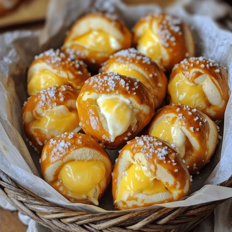 To make the best Triple Cheese Stuffed Pretzel Bites, you will need: - 1 ½ cups warm water (110°F - 115°F) - 2 tablespoons granulated sugar - 1 packet (2 ¼ teaspoons) active dry yeast - 4 cups all-purpose flour - 1 teaspoon salt - ½ teaspoon baking soda - ½ cup shredded mozzarella cheese - ½ cup shredded cheddar cheese - ½ cup cream cheese, softened - 1 egg, beaten (for egg wash) - Coarse sea salt (for topping) If you want to add more taste to your pretzel bites, consider these options: - ½ teaspoon garlic powder - ½ teaspoon dried herbs These optional ingredients boost the flavor and make the bites even tastier. Feel free to mix and match based on your taste! You will need a few simple tools for this recipe: - Large mixing bowl - Parchment-lined baking sheet - Slotted spoon - Rolling pin - Clean kitchen towel - Pot for boiling water Having these tools ready will make your cooking process smooth and fun. You can find the detailed steps in the Full Recipe to guide you through making these delicious bites! To start, pour 1 ½ cups of warm water into a large bowl. The water should feel warm but not hot, between 110°F and 115°F. Add 2 tablespoons of granulated sugar to the water. This sugar feeds the yeast, helping it to grow. Next, sprinkle 1 packet of active dry yeast over the water. Let it sit for about 5 minutes. You’ll know it’s ready when it becomes frothy on top. This froth shows that the yeast is alive. Once the yeast is activated, add 4 cups of all-purpose flour and 1 teaspoon of salt to the bowl. Mix the ingredients until a shaggy dough forms. Then, take the dough out and knead it on a floured surface for 5 to 7 minutes. You want the dough to be smooth and elastic. After kneading, place the dough in a greased bowl and cover it with a damp cloth. Let it rise in a warm spot for about 1 hour, until it doubles in size. While the dough is rising, mix the cheeses. In a bowl, combine ½ cup of shredded mozzarella, ½ cup of shredded cheddar, and ½ cup of softened cream cheese. You can also add ½ teaspoon of garlic powder and ½ teaspoon of dried herbs for extra flavor if you like. When the dough has risen, punch it down to let out the air. Divide the dough into 16 pieces. Roll each piece into a small disk and place about 1 tablespoon of cheese filling in the center. Fold the dough over the filling and seal it tightly. Roll it into a ball. Next, heat 10 cups of water in a large pot until it gently boils. Carefully stir in ½ teaspoon of baking soda. This creates a bubbly bath for the pretzel bites. Drop 4 or 5 stuffed pretzel bites into the boiling water for about 30 seconds. Use a slotted spoon to remove them and place them on a parchment-lined baking sheet. Now, take 1 beaten egg and brush it over each pretzel bite. This gives them a nice golden color when they bake. Sprinkle coarse sea salt on top for added flavor. Now you're ready for the next steps found in the Full Recipe! To get the perfect pretzel texture, focus on kneading. Knead the dough until it feels smooth and elastic. This step is key for a nice bite. Also, don't skip the baking soda bath. It gives your pretzel bites that classic chewy crust. Make sure to use warm water for the yeast. It helps the yeast grow and makes the dough rise better. If your dough does not rise, check the yeast. Ensure your water is warm, not hot. Hot water can kill the yeast. If your pretzel bites are too tough, you might have over-kneaded. Remember, knead just until smooth. For dense bites, ensure you measure the flour correctly. Too much flour can make the dough heavy. Pair these pretzel bites with tangy mustard for a classic taste. A creamy cheese sauce also works great. You can even try a spicy aioli for a kick. These bites are perfect for parties or game days. Serve them warm with a side of your favorite dip. Enjoy experimenting with flavors! For the full recipe, check out the link above. {{image_4}} You can mix up the cheese filling to suit your taste. Try using different cheeses like gouda, pepper jack, or feta. Each cheese brings its own unique flavor. You can also add ingredients like cooked bacon bits or spinach for extra taste. This makes your pretzel bites even more special! Want to add some zest to your dough? You can mix herbs like rosemary or thyme into the dough. This gives your pretzel bites a tasty twist. You could also add a bit of cayenne pepper for a spicy kick. Another fun option is to incorporate some beer into the dough for a richer flavor. If you're looking for a gluten-free version, don't worry! You can use gluten-free flour blends. Just make sure to follow the package instructions for best results. You may need to adjust the amount of liquid, as gluten-free flours can absorb more water. This way, everyone can enjoy these tasty snacks. For the full recipe, check out the details above! To keep your pretzel bites fresh, place them in an airtight container. This will help maintain their soft texture. You can store them at room temperature for up to two days. If you want to keep them longer, refrigeration is the way to go. Just remember to let them cool completely before sealing them up. For longer storage, you can freeze your pretzel bites. Make sure they are completely cool. Arrange them in a single layer on a baking sheet. Freeze until solid, then transfer them to a freezer bag. They will stay fresh for up to three months. Label the bag with the date, so you know when to use them. When you're ready to enjoy your pretzel bites again, there are a few great ways to reheat them. For the best taste, use an oven. Preheat it to 350°F (175°C). Place the bites on a baking sheet and heat for about 10 minutes. This will keep them soft on the inside and slightly crispy on the outside. You can also use a microwave, but they may not stay as crispy. If you want a quick fix, just pop them in for 20-30 seconds. Enjoy your tasty snack! To make these tasty bites, you start by mixing warm water and sugar. Add active dry yeast and let it foam for five minutes. Then, mix in flour and salt. Knead the dough for about seven minutes until it's smooth. Let it rise in a warm place for about an hour. Prepare a cheese mix of mozzarella, cheddar, and cream cheese. Shape the dough, stuff it, and boil briefly in a baking soda bath. Brush with egg wash and bake until golden. For the complete process, check the Full Recipe. Yes, you can prepare the dough and cheese filling in advance. After shaping the pretzel bites, store them in the fridge for up to 24 hours. Just remember to let them sit at room temperature for about 30 minutes before boiling and baking. This way, they will rise nicely. I love serving these pretzel bites warm right out of the oven. They taste great on their own. However, you can pair them with mustard or cheese sauce for dipping. Adding a side of pickles can also enhance the experience. If you want to buy these pretzel bites, check local bakeries or gourmet snack shops. Some grocery stores may carry frozen versions too. You could also find them at food festivals or fairs. If you can't find them, making them from scratch is a fun option! Making homemade pretzel bites can be simple and fun. We covered the main ingredients, tools, and step-by-step instructions. Perfecting the texture and solving common issues can elevate your bites. Plus, we explored tasty variations and storage tips to keep them fresh. Now, you have the tools and tips to create delicious pretzel bites. Enjoy the cooking process and share these treats with friends and family!