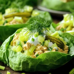 - Canned tuna: Choose your preferred variety (e.g., chunk light, solid white) - Dill pickle relish: This adds a tangy kick to the salad. - Mayonnaise: It brings a creamy texture and rich flavor. - Greek yogurt: Adds a healthy twist and boosts creaminess. - Celery: Gives a nice crunch to the salad. - Green onion: Adds a mild onion flavor and freshness. When making Pickle Tuna Salad Lettuce Wraps, I love to use canned tuna. You can pick chunk light or solid white. Each type has its own taste and texture. Dill pickle relish is key here. It gives the salad a bright, zesty flavor. I often add both mayonnaise and Greek yogurt. This mix makes the salad creamy and rich, but lighter. Next, I always chop celery and green onion finely. The celery gives a satisfying crunch, while green onion adds freshness and a hint of sharpness. This combo creates a perfect balance of flavors and textures. You can find the full recipe to help you get started right away. Enjoy making these delicious wraps! To start, you need to drain and flake the tuna properly. Open the can and pour out the liquid. Use a fork to break the tuna into small pieces. This helps the salad mix well and makes it easy to eat. Next, mix the base of your salad. In a medium bowl, combine the flaked tuna, dill pickle relish, mayonnaise, Greek yogurt, and Dijon mustard. Stir this mixture well with a fork until it is creamy and smooth. The relish adds a nice zing, while the mayo and yogurt give it a great texture. Now, it's time to add in some vegetables. Chop one celery stalk finely and slice one green onion thinly. Add these to the bowl and mix gently. This gives the salad a nice crunch and fresh flavor. Season with salt and pepper to taste. Adjust the seasoning to your liking if you want more tang or creaminess. Choosing the right lettuce leaves is key for wraps. I recommend using butter or romaine lettuce. These types hold up well and provide a nice crunch. Take one large leaf at a time. To assemble, spoon about 2-3 tablespoons of the tuna salad into the center of the leaf. Fold the sides of the lettuce around the tuna filling to create a wrap. This makes it easy to eat and keeps everything inside. Repeat this with the remaining leaves and tuna salad until you use it all. For a great finish, garnish each wrap with a sprig of fresh dill. This adds a pop of color and flavor. For presentation, arrange the completed wraps on a platter. Place them upright for a vibrant look. You could also add a light dipping sauce or some extra dill to make it even more appealing. This quick and tasty meal is ready to serve! Enjoy making and sharing these delicious Pickle Tuna Salad Lettuce Wraps. For a detailed list of ingredients and instructions, check the Full Recipe. To make your pickle tuna salad sing, adjust the seasoning to your taste. Start with a bit of salt and pepper. You can always add more later if needed. For extra flavor, try adding: - A dash of garlic powder - A sprinkle of paprika - Chopped fresh herbs like parsley or dill These additions can elevate your dish and offer a unique twist. If you want a fast meal, prep the tuna salad in advance. Make it a day before and keep it in the fridge. It will taste even better after the flavors meld. Store the salad in an airtight container. When you are ready to eat, assemble the wraps. It keeps the lettuce crisp and fresh. Assembled wraps can get soggy, so only wrap them just before serving. Pair your pickle tuna salad lettuce wraps with tasty dips or sides. Here are some ideas to consider: - A light ranch or yogurt dip - Fresh cut veggies like carrots or bell peppers - A side of fruit for a sweet touch These items can make your meal more fun and colorful. Enjoy the crunch of the lettuce with the creaminess of the tuna salad. For the full recipe, check out the recipe above. {{image_4}} For a vegetarian version, swap the tuna with chickpeas. Just mash them up and mix with the same base ingredients. You can also use canned salmon or crab if you like seafood but want something different. If you have dietary needs, replace mayonnaise with avocado or a vegan mayo. This keeps the creamy texture while making it vegan-friendly. Adding herbs can change the whole dish! Try fresh dill, cilantro, or parsley for new flavors. You can also mix in spices like paprika or garlic powder to kick it up a notch. Want some heat? Add a dash of hot sauce or some cayenne pepper. For sauces, consider using sriracha or tzatziki for a fun twist. If you have a big gathering, double or triple the recipe. It’s easy to make more and a crowd-pleaser. For special occasions, serve the wraps on a colorful platter. Arrange them upright for a fun display. You can garnish with lemon wedges or extra herbs for a touch of flair. For the full recipe, check out the [Full Recipe]. To store leftover tuna salad, place it in an airtight container. This helps keep it fresh. You can store the salad in the fridge for up to three days. If you have assembled wraps, it is better to separate the tuna salad from the lettuce. The lettuce can get soggy, losing its crunch. Store the tuna salad in one container and the lettuce leaves in another. This way, you can enjoy your wraps fresh. The typical shelf life of tuna salad is about three days in the fridge. After that, it might start to lose flavor and texture. Always check for signs that the tuna salad has gone bad. If you notice a change in smell, color, or texture, it’s best to throw it away. Freshness is key to enjoying your meal. Yes, you can freeze tuna salad! However, freezing can change the texture. If you plan to freeze it, use a freezer-safe container. Make sure to leave some space for expansion. Tuna salad can last up to three months in the freezer. When you’re ready to use it, thaw in the fridge overnight. Avoid thawing at room temperature. After thawing, mix well before serving to restore its creaminess. How long does it take to prepare Pickle Tuna Salad Lettuce Wraps? It only takes about 10 minutes to prepare these wraps. You can whip them up quickly, making them perfect for a busy day. Can I use fresh tuna instead of canned? Yes, you can use fresh tuna! Just cook it first, then flake it. This adds a nice, fresh flavor to the wraps. Are there gluten-free options for the lettuce wraps? Absolutely! Lettuce is naturally gluten-free. Just use large leaves, like butter or romaine, as your wrap. Is this recipe suitable for keto or low-carb diets? Yes, this recipe fits well into keto and low-carb diets. The main ingredients are low in carbs and high in protein. Suggestions for dairy-free alternatives in the recipe For a dairy-free option, skip the Greek yogurt. You can use more mayonnaise or avocado for creaminess. What vegetables can I add to this recipe? You can add bell peppers, cucumbers, or shredded carrots. These will add extra crunch and flavor. Can I make this dish spicier, and how? Yes! Add a dash of hot sauce, chopped jalapeños, or a sprinkle of cayenne pepper. This will give your wraps a nice kick! This blog post covered the key ingredients, steps, and variations for making Pickle Tuna Salad Lettuce Wraps. You learned how to prepare and assemble the wraps, enhancing their taste and presentation. Use tips for easy meal prep and storage, along with customization options. In summary, these wraps offer fun, tasty, and healthy choices. Feel free to experiment and make them your own. Enjoy your cooking, and let your taste buds lead the way!