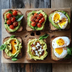 - 2 ripe avocados - 4 slices of whole grain bread - 1 lemon, juiced - Salt and pepper to taste - 1 small clove of garlic, minced - 1/2 cup cherry tomatoes, halved - 1/4 cup feta cheese, crumbled - 2 tablespoons balsamic glaze - 1/4 cup red pepper hummus (for one variation) - 2 poached eggs (for another variation) - 2 tablespoons toasted pumpkin seeds (for another variation) - 1 teaspoon chili flakes - Fresh basil leaves for garnish For each recipe, these ingredients create a tasty and fresh base. You can mix and match toppings to suit your taste. The ripe avocados provide creaminess, while the bread gives a nice crunch. The lemon juice adds brightness and flavor. Each topping brings its own flair. The cherry tomatoes and feta give a Mediterranean vibe. Hummus adds a hearty touch. Poached eggs create a satisfying breakfast option. There’s something for everyone with these simple choices. You can find the full recipe in the article above to get detailed instructions. Enjoy your avocado toast adventure! To start, cut the avocados in half lengthwise. Carefully remove the pit from each half. Use a spoon to scoop out the green flesh into a bowl. Squeeze fresh lemon juice over the avocado to add flavor and keep it fresh. Next, season with salt, pepper, and minced garlic. Mash the avocado with a fork until you reach your desired texture, whether creamy or chunky. Now it’s time to toast the bread. You can use a toaster or a skillet. If using a skillet, heat it on medium. Toast the bread until it turns golden brown and crispy. This will give you a nice base for your toppings. Aim for that perfect crunch! Mediterranean Delight: 1. Take two slices of your toasted bread. 2. Spread a generous layer of mashed avocado on each. 3. Evenly distribute the halved cherry tomatoes on top. 4. Sprinkle crumbled feta cheese over the tomatoes. 5. Finish with a drizzle of balsamic glaze and a dash of chili flakes. Hummus Heaven: 1. Use the other two slices of toast. 2. Spread a thick layer of red pepper hummus on each slice. 3. Add a nice scoop of the mashed avocado on top. 4. Garnish with toasted pumpkin seeds for crunch. 5. Sprinkle paprika for an extra kick. Egg-Centric Dream: 1. Again, spread the mashed avocado on two slices of toast. 2. Top each slice with a poached egg, letting the yolk shine. 3. Garnish with fresh basil leaves. 4. Lightly season with salt and a pinch of chili flakes. Now you’ve crafted three delicious avocado toast variations! For the full recipe, check out the section above. To find the best avocados, check for ripeness. A ripe avocado should feel slightly soft when you squeeze it. Look for dark green to black skin, but avoid any with large dark spots. If your avocados are not ripe yet, store them at room temperature. Once ripe, keep them in the fridge to slow down the ripening. This way, they stay fresh longer. For the best toast, use whole grain bread. Toast your bread until it is golden brown. This gives it a nice crunch. If you want to avoid soggy bread, let your toast cool for a moment before adding toppings. You can also try toasting in a skillet for a different texture. Make your avocado toast look pretty! Use a large plate to arrange the toasts. Place each kind in its spot for easy serving. Add colorful toppings like cherry tomatoes or fresh herbs to make it pop. Garnishes like chili flakes or feta cheese can add flair and fun. These small touches make your meal look more inviting. {{image_4}} Using seasonal ingredients makes avocado toast fresh and fun. In spring, try adding radishes or peas for a crunch. Summer calls for juicy heirloom tomatoes or fresh corn. In fall, swap in roasted butternut squash or kale. Winter brings hearty greens like arugula or spinach. Pick toppings based on what’s in season or your personal taste. You can mix and match to make it your own. If you need gluten-free options, use gluten-free bread. Many brands offer tasty choices that work well for avocado toast. For vegan toppings, skip cheese and use nutritional yeast for a cheesy flavor. You can top your toast with seeds or nut butters for extra protein. This way, you can enjoy avocado toast while sticking to your diet. Spicing up your toast can take it to the next level. Try adding a sprinkle of smoked paprika or cumin for a warm kick. Fresh herbs like cilantro or dill can brighten your dish. Different cheeses, like goat cheese or cream cheese, add creaminess and flavor. Mixing flavors keeps your avocado toast interesting and fun. Let your taste buds lead the way! For more ideas, check out the Full Recipe. To keep your avocado toast fresh, it's best to eat it right away. If you need to store it, wrap the toast in plastic wrap. This helps keep it from drying out. Don't store it in the fridge, as cold makes the bread soggy. For leftover mashed avocado, place it in an airtight container. Squeeze a little lemon juice on top to prevent browning. This keeps it fresh for up to two days. For busy mornings, you can prep the ingredients the night before. Mash your avocados and store them in the fridge, covered tightly. You can also toast the bread in advance. Just pop it in the toaster again for a few seconds to warm it up. Store the essential ingredients, like cherry tomatoes and feta, in the fridge. Keep everything separate until you are ready to assemble. It’s important to know how long your ingredients last. Ripe avocados can stay fresh for about 1-2 days at room temp. Once cut, they last about 1-2 days in the fridge. Whole grain bread usually lasts about a week. Watch for signs of spoilage, like brown spots on avocados or mold on bread. If you see these, it's best to toss them out. For the full recipe, refer to the main section. To make your avocado toast vegan, skip dairy toppings. Instead, try using hummus or nut cheese. You can also add fresh herbs or seeds for flavor. Use ingredients like cherry tomatoes and cucumbers for freshness. They pair well with avocado. A dash of lemon juice adds zing and keeps it bright. For avocado toast, whole grain bread is a great choice. It gives a hearty texture and nutty flavor. Sourdough also works well, adding a slight tang. Gluten-free bread is perfect if you avoid gluten. Experiment with different breads to find your favorite. You can prep some parts ahead of time. Mash the avocado and store it in an airtight container. Add lemon juice to slow browning. Toast the bread fresh for the best crunch. You can also pre-slice toppings like tomatoes or cheese to save time. Avocados are full of healthy fats. They are rich in vitamins like K, E, and C. These nutrients support heart health and skin. Avocados also contain fiber, helping digestion. Eating them can keep you full longer, making them a great snack. To keep your avocado green, use lemon or lime juice. The acid slows down browning. Store mashed avocado with plastic wrap pressed directly on the surface. This cuts off air and keeps it fresh. You can also store it in an airtight container. Avocado toast is simple and tasty. We covered essential ingredients, like ripe avocados and whole grain bread. You learned how to prepare, toast, and vary your dish. Plus, I shared tips for selecting avocados, maintaining texture, and even presentation ideas. Remember, you can make avocado toast your own with seasonal toppings and dietary options. Enjoy experimenting and creating with different flavors. This meal can fit your taste and needs perfectly. Keep these tips handy for your next brunch or busy morning!