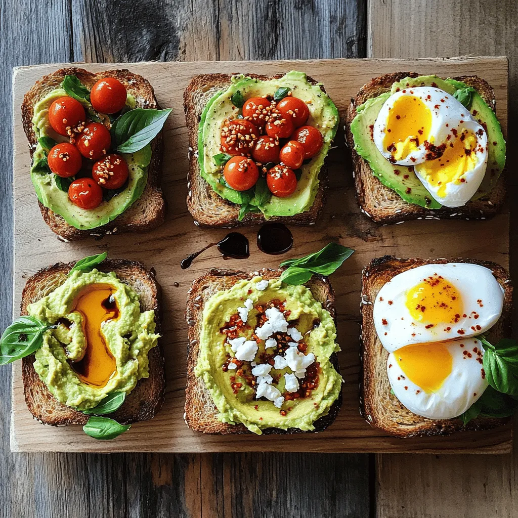- 2 ripe avocados - 4 slices of whole grain bread - 1 lemon, juiced - Salt and pepper to taste - 1 small clove of garlic, minced - 1/2 cup cherry tomatoes, halved - 1/4 cup feta cheese, crumbled - 2 tablespoons balsamic glaze - 1/4 cup red pepper hummus (for one variation) - 2 poached eggs (for another variation) - 2 tablespoons toasted pumpkin seeds (for another variation) - 1 teaspoon chili flakes - Fresh basil leaves for garnish For each recipe, these ingredients create a tasty and fresh base. You can mix and match toppings to suit your taste. The ripe avocados provide creaminess, while the bread gives a nice crunch. The lemon juice adds brightness and flavor. Each topping brings its own flair. The cherry tomatoes and feta give a Mediterranean vibe. Hummus adds a hearty touch. Poached eggs create a satisfying breakfast option. There’s something for everyone with these simple choices. You can find the full recipe in the article above to get detailed instructions. Enjoy your avocado toast adventure! To start, cut the avocados in half lengthwise. Carefully remove the pit from each half. Use a spoon to scoop out the green flesh into a bowl. Squeeze fresh lemon juice over the avocado to add flavor and keep it fresh. Next, season with salt, pepper, and minced garlic. Mash the avocado with a fork until you reach your desired texture, whether creamy or chunky. Now it’s time to toast the bread. You can use a toaster or a skillet. If using a skillet, heat it on medium. Toast the bread until it turns golden brown and crispy. This will give you a nice base for your toppings. Aim for that perfect crunch! Mediterranean Delight: 1. Take two slices of your toasted bread. 2. Spread a generous layer of mashed avocado on each. 3. Evenly distribute the halved cherry tomatoes on top. 4. Sprinkle crumbled feta cheese over the tomatoes. 5. Finish with a drizzle of balsamic glaze and a dash of chili flakes. Hummus Heaven: 1. Use the other two slices of toast. 2. Spread a thick layer of red pepper hummus on each slice. 3. Add a nice scoop of the mashed avocado on top. 4. Garnish with toasted pumpkin seeds for crunch. 5. Sprinkle paprika for an extra kick. Egg-Centric Dream: 1. Again, spread the mashed avocado on two slices of toast. 2. Top each slice with a poached egg, letting the yolk shine. 3. Garnish with fresh basil leaves. 4. Lightly season with salt and a pinch of chili flakes. Now you’ve crafted three delicious avocado toast variations! For the full recipe, check out the section above. To find the best avocados, check for ripeness. A ripe avocado should feel slightly soft when you squeeze it. Look for dark green to black skin, but avoid any with large dark spots. If your avocados are not ripe yet, store them at room temperature. Once ripe, keep them in the fridge to slow down the ripening. This way, they stay fresh longer. For the best toast, use whole grain bread. Toast your bread until it is golden brown. This gives it a nice crunch. If you want to avoid soggy bread, let your toast cool for a moment before adding toppings. You can also try toasting in a skillet for a different texture. Make your avocado toast look pretty! Use a large plate to arrange the toasts. Place each kind in its spot for easy serving. Add colorful toppings like cherry tomatoes or fresh herbs to make it pop. Garnishes like chili flakes or feta cheese can add flair and fun. These small touches make your meal look more inviting. {{image_4}} Using seasonal ingredients makes avocado toast fresh and fun. In spring, try adding radishes or peas for a crunch. Summer calls for juicy heirloom tomatoes or fresh corn. In fall, swap in roasted butternut squash or kale. Winter brings hearty greens like arugula or spinach. Pick toppings based on what’s in season or your personal taste. You can mix and match to make it your own. If you need gluten-free options, use gluten-free bread. Many brands offer tasty choices that work well for avocado toast. For vegan toppings, skip cheese and use nutritional yeast for a cheesy flavor. You can top your toast with seeds or nut butters for extra protein. This way, you can enjoy avocado toast while sticking to your diet. Spicing up your toast can take it to the next level. Try adding a sprinkle of smoked paprika or cumin for a warm kick. Fresh herbs like cilantro or dill can brighten your dish. Different cheeses, like goat cheese or cream cheese, add creaminess and flavor. Mixing flavors keeps your avocado toast interesting and fun. Let your taste buds lead the way! For more ideas, check out the Full Recipe. To keep your avocado toast fresh, it's best to eat it right away. If you need to store it, wrap the toast in plastic wrap. This helps keep it from drying out. Don't store it in the fridge, as cold makes the bread soggy. For leftover mashed avocado, place it in an airtight container. Squeeze a little lemon juice on top to prevent browning. This keeps it fresh for up to two days. For busy mornings, you can prep the ingredients the night before. Mash your avocados and store them in the fridge, covered tightly. You can also toast the bread in advance. Just pop it in the toaster again for a few seconds to warm it up. Store the essential ingredients, like cherry tomatoes and feta, in the fridge. Keep everything separate until you are ready to assemble. It’s important to know how long your ingredients last. Ripe avocados can stay fresh for about 1-2 days at room temp. Once cut, they last about 1-2 days in the fridge. Whole grain bread usually lasts about a week. Watch for signs of spoilage, like brown spots on avocados or mold on bread. If you see these, it's best to toss them out. For the full recipe, refer to the main section. To make your avocado toast vegan, skip dairy toppings. Instead, try using hummus or nut cheese. You can also add fresh herbs or seeds for flavor. Use ingredients like cherry tomatoes and cucumbers for freshness. They pair well with avocado. A dash of lemon juice adds zing and keeps it bright. For avocado toast, whole grain bread is a great choice. It gives a hearty texture and nutty flavor. Sourdough also works well, adding a slight tang. Gluten-free bread is perfect if you avoid gluten. Experiment with different breads to find your favorite. You can prep some parts ahead of time. Mash the avocado and store it in an airtight container. Add lemon juice to slow browning. Toast the bread fresh for the best crunch. You can also pre-slice toppings like tomatoes or cheese to save time. Avocados are full of healthy fats. They are rich in vitamins like K, E, and C. These nutrients support heart health and skin. Avocados also contain fiber, helping digestion. Eating them can keep you full longer, making them a great snack. To keep your avocado green, use lemon or lime juice. The acid slows down browning. Store mashed avocado with plastic wrap pressed directly on the surface. This cuts off air and keeps it fresh. You can also store it in an airtight container. Avocado toast is simple and tasty. We covered essential ingredients, like ripe avocados and whole grain bread. You learned how to prepare, toast, and vary your dish. Plus, I shared tips for selecting avocados, maintaining texture, and even presentation ideas. Remember, you can make avocado toast your own with seasonal toppings and dietary options. Enjoy experimenting and creating with different flavors. This meal can fit your taste and needs perfectly. Keep these tips handy for your next brunch or busy morning!