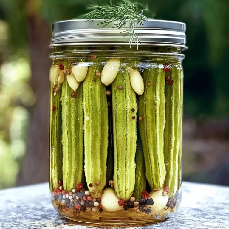 - 1 pound fresh okra, with stems trimmed - 1 cup distilled white vinegar - 1 cup water - 2 tablespoons kosher salt - 2 tablespoons granulated sugar - 4 cloves garlic, crushed - 1 tablespoon dill seeds - 1 tablespoon whole black peppercorns - 1 teaspoon red pepper flakes (optional, for a spicy kick) - 2 sprigs fresh dill When making dill pickled okra, you need fresh okra. Look for pods that are bright green and firm. The vinegar adds the tangy bite, while the water helps balance the brine. Kosher salt is your best friend here, as it adds flavor without making the pickles too salty. Granulated sugar softens the sharpness and brings a nice sweetness. Garlic brings a savory depth that pairs well with the okra. If you want a more complex flavor, consider adding dill seeds and whole black peppercorns. They add warmth and aroma. If you like heat, red pepper flakes give a nice kick without overpowering the taste. Fresh dill adds brightness and a burst of flavor. For the full recipe, just check out the details above. Enjoy creating this crunchy delight! First, rinse the fresh okra under cold running water. This removes dirt and makes it clean. Next, trim the stem ends carefully. Do not cut into the pods. Keeping the pod intact helps with crunch. Set the okra aside for later. Grab a medium saucepan and combine the following: - 1 cup distilled white vinegar - 1 cup water - 2 tablespoons kosher salt - 2 tablespoons granulated sugar Place the saucepan over medium-high heat. Bring this mixture to a boil, stirring all the time. Wait until the salt and sugar dissolve fully. After that, remove the saucepan from heat. Let the brine cool to a warm temperature. Take your sterilized quart jar. Start by adding: - 4 cloves crushed garlic - 1 tablespoon dill seeds - 1 tablespoon whole black peppercorns - 1 teaspoon red pepper flakes (if you want a bit of heat) - 2 sprigs fresh dill Now, carefully pack the okra upright into the jar. Arrange the okra snugly but do not squish them. This keeps their shape and crunch. Now, pour the warm pickling brine over the okra. Make sure every pod is fully submerged. Leave about a half-inch of space at the top of the jar. This allows for the expansion during pickling. Use a clean cloth to wipe the jar's rim. This ensures a good seal. Secure the lid tightly on the jar. Allow the jar to cool to room temperature. This may take around 30 minutes. After cooling, place the jar in the fridge. For the best taste, let the okra pickle for at least 48 hours. The longer they sit, the better they taste. Now you can enjoy your dill pickled okra as a tangy snack! Check out the Full Recipe for all the details. To get that perfect crunch in your dill pickled okra, trimming is key. Trim the stem ends, but don’t cut into the pods. This keeps the okra firm and helps it hold its shape. A sharp knife works best for this task. You want to ensure that each pod stays whole during pickling. The right technique makes a big difference in texture. You can easily change the heat in your pickled okra. If you like it spicy, add more red pepper flakes. Start with one teaspoon and adjust to your taste. If you prefer a milder flavor, skip the red pepper flakes altogether. Tasting the brine before you pour it over the okra is a smart move. This way, you can find your perfect balance of spice. Safety is vital when pickling. Always sterilize your jars before use. You can do this by boiling them in water for 10 minutes. Let them air dry on a clean towel. A clean jar helps prevent spoilage. For extra safety, make sure your lids are also new or well sterilized. This simple step ensures your dill pickled okra stays fresh and tasty for longer. {{image_4}} To make your okra spicy, add more red pepper flakes. I suggest starting with two teaspoons instead of one. This small change brings heat but preserves that delightful crunch. The spiciness pairs well with the tangy brine. You can adjust the heat level based on your taste. If you want even more kick, try adding sliced jalapeños to the jar. They will soak in the brine and add extra flavor. Do you love garlic? Increase the garlic quantity for a more robust flavor. Instead of four cloves, try using six or eight. The garlic infuses into the brine, making each bite packed with flavor. You can also use garlic powder if you prefer. Just remember, fresh garlic gives the best taste! This variation pairs well with sandwiches or as a snack. For those who enjoy a hint of sweetness, adjust the sugar levels. Increase the granulated sugar from two tablespoons to four. This small tweak creates a nice balance between sweet and tangy. You can also use honey or agave syrup if you want a natural sweetener. This sweet version is fantastic on cheese boards or as a side dish. Try it out for a unique twist! Discover the [Full Recipe] to create these tasty variations! To keep your dill pickled okra fresh, store it in the refrigerator. Make sure to place the jar tightly sealed. This helps keep the flavor strong and the crunch intact. You can keep dill pickled okra in the fridge for about 1 to 2 months. After that, the flavor may fade. For best taste, enjoy it within this time frame. Look for signs of spoilage in your okra. If you see any mold, it’s time to toss it. A sour or off smell is also a warning sign. If the okra becomes mushy or changes color, do not eat it. Always trust your senses when it comes to food safety. For the full recipe, check out Dill Pickled Okra! Yes, you can make dill pickled okra without canning. This method is easy and quick. You only need to store your pickled okra in the fridge. This way, you keep it fresh without the need for long-term storage. Just follow the steps in the Full Recipe. Your okra will last for weeks in the fridge. This method keeps the crunch and flavor intact. Pickled okra has many health benefits. It is low in calories and rich in fiber. This helps with digestion and keeps you full. Okra is also high in vitamins A, C, and K. These vitamins support your immune system and help your skin. The vinegar in pickles can assist with blood sugar control. Overall, pickled okra is a healthy snack choice. You can find pre-made dill pickled okra at grocery stores. Look in the pickle aisle or the canned vegetable section. Brands like Mt. Olive and Grillo's Pickles often have good options. You may also find them at farmers' markets or specialty stores. Be sure to check the label for quality and ingredients. Dill pickled okra is easy and fun to make at home. You learned about the key ingredients and steps for perfect pickles. Remember to adjust spices for your taste. Store them correctly to keep their crunch and flavor. With your new knowledge, you can enjoy these tangy snacks anytime. Dive into this delicious project, and relish the rewards of your creation!