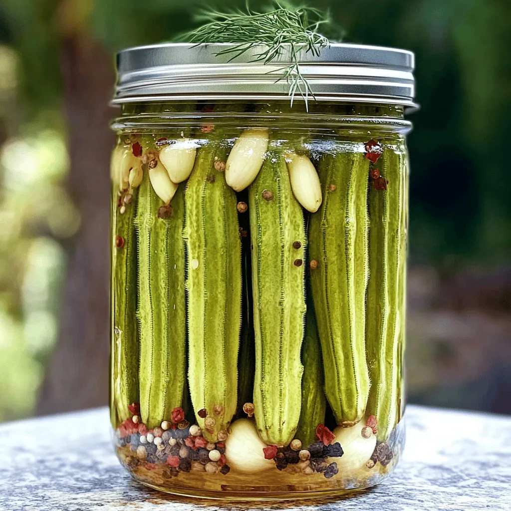 - 1 pound fresh okra, with stems trimmed - 1 cup distilled white vinegar - 1 cup water - 2 tablespoons kosher salt - 2 tablespoons granulated sugar - 4 cloves garlic, crushed - 1 tablespoon dill seeds - 1 tablespoon whole black peppercorns - 1 teaspoon red pepper flakes (optional, for a spicy kick) - 2 sprigs fresh dill When making dill pickled okra, you need fresh okra. Look for pods that are bright green and firm. The vinegar adds the tangy bite, while the water helps balance the brine. Kosher salt is your best friend here, as it adds flavor without making the pickles too salty. Granulated sugar softens the sharpness and brings a nice sweetness. Garlic brings a savory depth that pairs well with the okra. If you want a more complex flavor, consider adding dill seeds and whole black peppercorns. They add warmth and aroma. If you like heat, red pepper flakes give a nice kick without overpowering the taste. Fresh dill adds brightness and a burst of flavor. For the full recipe, just check out the details above. Enjoy creating this crunchy delight! First, rinse the fresh okra under cold running water. This removes dirt and makes it clean. Next, trim the stem ends carefully. Do not cut into the pods. Keeping the pod intact helps with crunch. Set the okra aside for later. Grab a medium saucepan and combine the following: - 1 cup distilled white vinegar - 1 cup water - 2 tablespoons kosher salt - 2 tablespoons granulated sugar Place the saucepan over medium-high heat. Bring this mixture to a boil, stirring all the time. Wait until the salt and sugar dissolve fully. After that, remove the saucepan from heat. Let the brine cool to a warm temperature. Take your sterilized quart jar. Start by adding: - 4 cloves crushed garlic - 1 tablespoon dill seeds - 1 tablespoon whole black peppercorns - 1 teaspoon red pepper flakes (if you want a bit of heat) - 2 sprigs fresh dill Now, carefully pack the okra upright into the jar. Arrange the okra snugly but do not squish them. This keeps their shape and crunch. Now, pour the warm pickling brine over the okra. Make sure every pod is fully submerged. Leave about a half-inch of space at the top of the jar. This allows for the expansion during pickling. Use a clean cloth to wipe the jar's rim. This ensures a good seal. Secure the lid tightly on the jar. Allow the jar to cool to room temperature. This may take around 30 minutes. After cooling, place the jar in the fridge. For the best taste, let the okra pickle for at least 48 hours. The longer they sit, the better they taste. Now you can enjoy your dill pickled okra as a tangy snack! Check out the Full Recipe for all the details. To get that perfect crunch in your dill pickled okra, trimming is key. Trim the stem ends, but don’t cut into the pods. This keeps the okra firm and helps it hold its shape. A sharp knife works best for this task. You want to ensure that each pod stays whole during pickling. The right technique makes a big difference in texture. You can easily change the heat in your pickled okra. If you like it spicy, add more red pepper flakes. Start with one teaspoon and adjust to your taste. If you prefer a milder flavor, skip the red pepper flakes altogether. Tasting the brine before you pour it over the okra is a smart move. This way, you can find your perfect balance of spice. Safety is vital when pickling. Always sterilize your jars before use. You can do this by boiling them in water for 10 minutes. Let them air dry on a clean towel. A clean jar helps prevent spoilage. For extra safety, make sure your lids are also new or well sterilized. This simple step ensures your dill pickled okra stays fresh and tasty for longer. {{image_4}} To make your okra spicy, add more red pepper flakes. I suggest starting with two teaspoons instead of one. This small change brings heat but preserves that delightful crunch. The spiciness pairs well with the tangy brine. You can adjust the heat level based on your taste. If you want even more kick, try adding sliced jalapeños to the jar. They will soak in the brine and add extra flavor. Do you love garlic? Increase the garlic quantity for a more robust flavor. Instead of four cloves, try using six or eight. The garlic infuses into the brine, making each bite packed with flavor. You can also use garlic powder if you prefer. Just remember, fresh garlic gives the best taste! This variation pairs well with sandwiches or as a snack. For those who enjoy a hint of sweetness, adjust the sugar levels. Increase the granulated sugar from two tablespoons to four. This small tweak creates a nice balance between sweet and tangy. You can also use honey or agave syrup if you want a natural sweetener. This sweet version is fantastic on cheese boards or as a side dish. Try it out for a unique twist! Discover the [Full Recipe] to create these tasty variations! To keep your dill pickled okra fresh, store it in the refrigerator. Make sure to place the jar tightly sealed. This helps keep the flavor strong and the crunch intact. You can keep dill pickled okra in the fridge for about 1 to 2 months. After that, the flavor may fade. For best taste, enjoy it within this time frame. Look for signs of spoilage in your okra. If you see any mold, it’s time to toss it. A sour or off smell is also a warning sign. If the okra becomes mushy or changes color, do not eat it. Always trust your senses when it comes to food safety. For the full recipe, check out Dill Pickled Okra! Yes, you can make dill pickled okra without canning. This method is easy and quick. You only need to store your pickled okra in the fridge. This way, you keep it fresh without the need for long-term storage. Just follow the steps in the Full Recipe. Your okra will last for weeks in the fridge. This method keeps the crunch and flavor intact. Pickled okra has many health benefits. It is low in calories and rich in fiber. This helps with digestion and keeps you full. Okra is also high in vitamins A, C, and K. These vitamins support your immune system and help your skin. The vinegar in pickles can assist with blood sugar control. Overall, pickled okra is a healthy snack choice. You can find pre-made dill pickled okra at grocery stores. Look in the pickle aisle or the canned vegetable section. Brands like Mt. Olive and Grillo's Pickles often have good options. You may also find them at farmers' markets or specialty stores. Be sure to check the label for quality and ingredients. Dill pickled okra is easy and fun to make at home. You learned about the key ingredients and steps for perfect pickles. Remember to adjust spices for your taste. Store them correctly to keep their crunch and flavor. With your new knowledge, you can enjoy these tangy snacks anytime. Dive into this delicious project, and relish the rewards of your creation!
