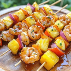 - 1 pound large shrimp, peeled and deveined - 1 cup fresh pineapple, cut into bite-sized chunks - 1 bell pepper (red or yellow), cut into bite-sized chunks - 1 red onion, cut into uniform chunks - Marinade ingredients: - 1 tablespoon olive oil - 2 tablespoons honey - 1 tablespoon soy sauce - 1 teaspoon sriracha (adjust to your preferred spice level) - 1 teaspoon garlic powder - Salt and pepper, to taste - Wooden skewers, soaked in water for at least 30 minutes Gather these items before you start. Fresh ingredients bring the best taste. Use good shrimp. I like large shrimp for this recipe. They hold up well on the grill. Fresh pineapple adds sweetness. It pairs perfectly with shrimp. Bell peppers and red onions add color and crunch. The marinade is the star. It brings together olive oil, honey, soy sauce, and sriracha. This mix creates a sweet and spicy flavor that you will love. Soak wooden skewers in water. This step helps prevent them from burning. It's a small but important step for grilling. Don't skip it! This full recipe is simple. With these ingredients, you create an amazing dish. Enjoy the vibrant flavors of sweet and spicy pineapple shrimp skewers! Start by gathering your marinade ingredients. In a mixing bowl, combine: - 1 tablespoon olive oil - 2 tablespoons honey - 1 tablespoon soy sauce - 1 teaspoon sriracha - 1 teaspoon garlic powder - Salt and pepper to taste Whisk these ingredients together until smooth. This marinade will give your shrimp a sweet and spicy kick. Now it’s time to marinate the shrimp. Add 1 pound of peeled and deveined shrimp to the bowl. Toss the shrimp gently until they are fully coated in the marinade. Cover the bowl with plastic wrap and refrigerate it for 30 minutes. This allows the shrimp to soak up all the flavors. While the shrimp marinates, prepare your skewers. Soak wooden skewers in water for 30 minutes. This step helps prevent burning on the grill. Once soaked, it’s time to thread the ingredients. Alternate shrimp, 1 cup of fresh pineapple chunks, and 1 bell pepper and 1 red onion cut into bite-sized pieces onto the skewers. This not only looks good but also adds flavor. When you’re ready to cook, preheat your grill to medium-high heat. This is important for a nice sear. Place the assembled skewers on the grill and cook for 2-3 minutes on each side. You’ll know they’re done when the shrimp turn pink and opaque. The veggies should be tender and slightly charred. This method ensures you get juicy shrimp and crisp veggies with every bite. For even more flavor, drizzle any remaining marinade over the skewers right after grilling. Enjoy them hot for the best taste! - Make sure to preheat your grill well. A hot grill gives great results. - Use a grilling mat or foil. This stops small pieces from falling through. - Adjust the sriracha to suit your spice level. More sriracha means more heat! - Add fresh herbs or citrus zest to boost the flavor. Mint or lime can elevate your dish. - Garnish the skewers with fresh cilantro or parsley. It adds color and freshness. - Serve with lime wedges for a tropical touch. A squeeze of lime brightens each bite. These tips will help you create the best Sweet and Spicy Pineapple Shrimp Skewers. For the complete guide, check the Full Recipe. Enjoy your cooking! {{image_4}} You can easily adapt this recipe to fit your needs. If you want a different protein, try using tofu or chicken instead of shrimp. Both options will soak up the sweet and spicy marinade nicely. For those who need gluten-free options, simply swap regular soy sauce for gluten-free soy sauce. Feel free to get creative with your ingredients! Instead of pineapple, try using mango or zucchini. They add a fun twist to the dish. You can also mix in different bell peppers. Red, yellow, or green bell peppers add color and taste to your skewers. If grilling isn’t your style, don’t worry! You can bake the skewers in the oven as an alternative. Preheat your oven to 400°F and place the skewers on a baking sheet. Bake them for about 10-12 minutes, or until the shrimp is fully cooked. Another quick method is broiling. Broil the skewers for about 2-3 minutes on each side. This method cooks them fast while keeping them juicy. For the full recipe, check out the Sweet and Spicy Pineapple Shrimp Skewers. Store your cooked skewers in an airtight container in the refrigerator. They will stay fresh for up to 2 days. This keeps the shrimp and veggies nice and tasty. When it's time to eat those leftovers, reheat them in the oven or on the grill. This helps maintain the texture of the shrimp. Avoid the microwave, as it can make the shrimp rubbery. If you want to save some for later, freeze the uncooked skewers after you assemble them. Just remember to thaw them before grilling. They taste best if used within 2-3 months. This keeps the flavors fresh and delightful. You can enjoy Sweet and Spicy Pineapple Shrimp Skewers anytime! Yes, marinate the shrimp the night before for maximum flavor. This step helps the shrimp soak up all the tasty juices, making each bite more delicious. I find that letting them sit in the marinade overnight really boosts their taste. Just remember to keep them in the fridge to stay fresh. Serve with rice, a fresh salad, or grilled vegetables for a complete meal. Rice soaks up the sauce well and adds a nice touch. A fresh salad adds crunch and color. Grilled veggies bring a smoky taste that pairs perfectly with the shrimp. Shrimp is done when it turns pink and opaque, about 2-3 minutes on each side. Pay attention to the color change as it cooks. Overcooked shrimp can become rubbery, so timing is key. When they look pink and firm, they're ready to eat! Soak wooden skewers before use to prevent burning; handle with tongs for safety. Soaking helps keep them from catching fire. When grilling, use tongs to turn the skewers, keeping your hands safe from the heat. This way, you can enjoy cooking without worry! In this blog post, we explored how to make delicious Sweet and Spicy Pineapple Shrimp Skewers. I shared the ingredients, simple steps for marinating and grilling, and helpful tips for perfecting your dish. Remember, you can swap ingredients or try different cooking methods to suit your taste. These skewers are great for sharing or meal prep. I hope you find these tips useful for your next cookout! Enjoy your tasty creations!