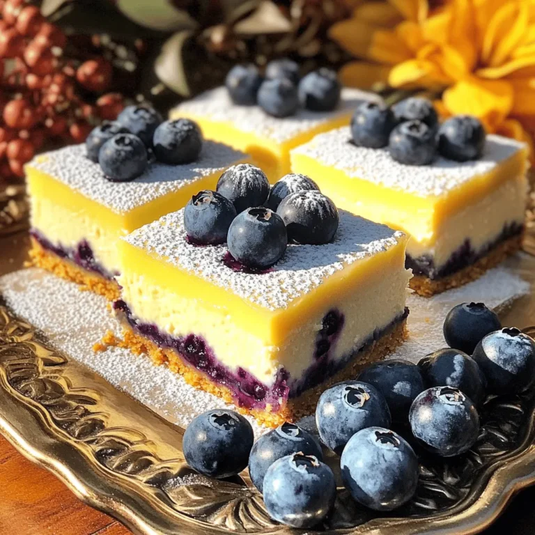 - 1 ½ cups graham cracker crumbs - ½ cup unsalted butter, melted - 2 (8 oz) packages of cream cheese, softened - 1 cup granulated sugar - 2 large eggs, at room temperature - 1 teaspoon pure vanilla extract - 1 cup sour cream, at room temperature - 1 ½ cups fresh blueberries, rinsed and drained - Zest of 1 lemon, finely grated When making blueberry cheesecake bars, it’s key to have fresh and quality ingredients. The graham cracker crumbs form a crunchy base, while the butter adds richness. Cream cheese is the star, giving these bars their creamy texture. I use room temperature cream cheese for a smooth filling. The sugar sweetens the bars, and the eggs help bind everything together. Pure vanilla extract adds depth to the flavor. Sour cream brings a slight tang, balancing the sweetness. Fresh blueberries burst with flavor, making each bite delightful. The lemon zest brightens the entire dish, providing a fresh twist. For the full recipe, check out the details I have provided. Happy baking! 1. Preheat your oven to 325°F (160°C). You want it just right for baking. 2. Grease a 9x13 inch baking dish. You can use cooking spray or butter. 3. In a mixing bowl, combine: - 1 ½ cups graham cracker crumbs - ½ cup unsalted butter, melted - 2 tablespoons granulated sugar 4. Stir the mixture until it looks like wet sand. 5. Press this mixture into the bottom of the baking dish. Use a measuring cup or your hands to make it even. 1. In a large bowl, beat together: - 2 (8 oz) packages of cream cheese, softened - 1 cup granulated sugar 2. Mix until smooth and creamy. This takes about 2-3 minutes. 3. Add the eggs one at a time. Mix for about 30 seconds after each egg. 4. Stir in: - 1 teaspoon pure vanilla extract - 1 cup sour cream 5. Make sure everything is well-blended and creamy. 1. Carefully fold in: - 1 ½ cups fresh blueberries - Zest of 1 lemon 2. Pour this cheesecake mixture over the graham cracker crust. 3. Use a spatula to smooth out the top. 4. Bake in your preheated oven for 35-40 minutes. 5. The cheesecake should be set at the edges and a little jiggly in the center. 6. Once baked, let it cool at room temperature for about 1 hour. 7. Transfer it to the fridge and chill for at least 4 hours, or overnight for the best taste. 8. When ready, cut the chilled cheesecake into bars. Enjoy! For the full recipe, check out the details above. Using room temperature ingredients is key. Cream cheese blends better when it’s not cold. This step helps you avoid lumps in your filling. Take your eggs and sour cream out of the fridge ahead of time. Let them warm up for about 30 minutes. Avoid overmixing your batter to prevent cracks. Mix just until smooth. If you beat it too much, air bubbles form. These bubbles expand while baking, leading to cracks. A smooth batter is your friend here! To tell if your cheesecake is done, look for a slight jiggle in the center. The edges should be set and firm. If it looks too wobbly, give it a bit more time. Every oven is different, so check it after 35 minutes. Cooling is also important. Let your cheesecake cool at room temperature for about an hour. After that, chill it in the fridge for at least 4 hours. This waiting time improves the flavor and texture. If possible, chill it overnight for the best results. Garnishing blueberry cheesecake bars can add a nice touch. Top them with extra fresh blueberries and a sprinkle of powdered sugar. You can also add a sprig of mint for color. For serving, these bars fit many occasions. They are great for parties, picnics, or family dinners. Serve them on a decorative platter for a beautiful display. You can slice them into different sizes depending on your guests’ needs. For the full recipe, be sure to check the section above! {{image_4}} You can easily change the flavor of your blueberry cheesecake bars. Swap out the blueberries for other berries like raspberries or strawberries. Each berry brings its unique taste, making the dessert fun and refreshing. You could also add chocolate chips or white chocolate pieces to the batter for a rich twist. These options elevate the bars, making them a hit at any gathering. If you need gluten-free options, use crushed gluten-free cookies instead of graham cracker crumbs. This keeps your crust delicious while meeting dietary needs. For those who want vegan or dairy-free choices, try using cashew cream or coconut cream cheese. These alternatives work well and keep the rich flavor intact, ensuring everyone can enjoy this treat. Want smaller bites? You can adapt this recipe to make mini cheesecake bars! Use a mini muffin tin instead of a baking dish. Fill each cup about two-thirds full with the cheesecake batter. The baking time will change, so check them after 20-25 minutes. They should be set and slightly jiggly in the center. These mini versions are perfect for parties or snacks! For the full recipe, check out [Full Recipe]. To keep your leftover blueberry cheesecake bars fresh, store them in the fridge. Use an airtight container to prevent them from drying out. If you prefer, you can also cover the dish tightly with plastic wrap. This will keep the bars moist and tasty for days. If you want to keep them longer, freezing is a great option. First, cut the cheesecake into bars. Wrap each piece tightly in plastic wrap, then place them in a freezer-safe bag or container. This helps prevent freezer burn. You can freeze them for up to three months. You can keep blueberry cheesecake bars in the fridge for about five to seven days. Make sure to check for any signs of spoilage before eating. If you want to reheat them, do it gently. Use a microwave and heat in short intervals, about 10-15 seconds. This helps avoid overheating, which can change the texture. You can also enjoy them cold straight from the fridge, as they are just as delicious! Yes, you can make blueberry cheesecake bars ahead of time. After baking, let them cool at room temperature for about one hour. Then, refrigerate them for at least four hours, or better yet, overnight. This chilling time allows the flavors to meld and the texture to set. Making them a day ahead also saves you time on the day you plan to serve them. If you don't have graham cracker crumbs, you can use other options. Crushed cookies like digestive biscuits or vanilla wafers work well. You could also use oats or crushed nuts for a gluten-free option. Just make sure to mix them with melted butter to achieve a similar crust texture. Cracks in cheesecake often come from baking too fast or too hot. To prevent this, bake your bars at a lower temperature. Always use room temperature ingredients, as cold ingredients can cause the batter to mix unevenly. Avoid overmixing the batter, which can add too much air and lead to cracks. You can use frozen blueberries in your cheesecake bars. They are convenient and often just as tasty as fresh ones. However, frozen blueberries can release more juice, making the texture slightly different. If you choose frozen, do not thaw them before adding to the batter. This will help minimize extra moisture and keep your bars firm. In this article, I covered how to make delicious blueberry cheesecake bars. We went through essential ingredients and step-by-step instructions, ensuring your dessert turns out perfectly. I shared tips on texture, baking, and presentation, along with variations for flavor and dietary needs. Proper storage techniques were also included to keep your bars fresh. Embrace these tips for a tasty treat that impresses all. Enjoy making these cheesecake bars, and don't hesitate to be creative with your flavors!