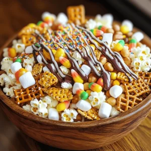 To start, gather your main ingredients. You will need: - 2 cups lightly salted popcorn - 1 cup pretzel sticks - 1 cup cheddar cheese crackers These ingredients create a great base for your snack mix. The popcorn adds a nice crunch, while the pretzel sticks bring a salty bite. The cheddar cheese crackers give a cheesy flavor that kids love. Next, let's add some sweetness and crunch. You will need: - 1 cup candy corn - 1 cup mini marshmallows - 1/2 cup roasted peanuts The candy corn adds a fun, sweet touch. Mini marshmallows give a soft, chewy texture. Roasted peanuts add a nutty crunch that everyone will enjoy. Finally, we need some fun toppings. Get these: - 1/2 cup chocolate-covered almonds - 1/4 cup colorful rainbow sprinkles - 1/4 cup white chocolate, melted (for drizzling) Chocolate-covered almonds add a sweet crunch. Rainbow sprinkles make everything look festive and fun. The melted white chocolate ties it all together with a sweet drizzle. With all these tasty ingredients, you are ready to make your Monster Munch Snack Mix. Check out the Full Recipe for step-by-step instructions! - Combine dry ingredients Start by grabbing a large mixing bowl. In it, combine the following ingredients: - 2 cups lightly salted popcorn - 1 cup pretzel sticks - 1 cup cheddar cheese crackers - 1 cup candy corn - 1 cup mini marshmallows - 1/2 cup roasted peanuts - 1/2 cup chocolate-covered almonds Mix all these tasty bits together. Make sure every piece gets some love. This step sets the stage for a great snack. - Melting white chocolate Next, you need to melt some white chocolate. Take 1/4 cup of white chocolate and place it in a microwave-safe bowl. Heat it in short bursts of 15 seconds. Stir each time until it’s smooth. You want it drippy but not too hot. This melted chocolate will make your mix extra special. - Gently fold ingredients together Now, it’s time to combine everything. Carefully fold the dry mix together using a spatula. Be gentle so you don’t crush the popcorn or pretzels. Keep folding until all the ingredients are well mixed. This ensures every bite is a flavor explosion. - Drizzle white chocolate and add sprinkles Grab your lined baking sheet. Pour the mixed snack onto it, spreading it out evenly. Now, take your melted white chocolate and drizzle it over the top. Go back and forth in a zigzag pattern. This looks great and adds flavor. While the chocolate is still warm, sprinkle the colorful rainbow sprinkles on top. They will stick nicely to the chocolate. - Cooling and setting the mix Let your snack mix cool at room temperature for about 30 minutes. This time helps the chocolate set. Once it’s cool, break the mix into chunks. You can serve it in a big bowl or pack it in bags for sharing. Enjoy your fun and tasty Monster Munch Snack Mix! For the full recipe, check the complete guide! To achieve a well-mixed Monster Munch Snack Mix, start with a big bowl. Add all your ingredients slowly. Use a gentle folding motion. This keeps the popcorn and marshmallows from breaking. Mix until you see all the colors blend well. Don’t rush it. Take your time to ensure every bite has a bit of everything. Make your snack mix look fun when you serve it. Use Halloween-themed bowls for a festive touch. Clear bags tied with ribbons also add a nice look. You can even use small cups for individual servings. This way, everyone gets their own fun mix. Don’t forget to add a scoop for easy serving. To keep your Monster Munch Snack Mix fresh, use an airtight container. This helps the mix stay crunchy. If you want to keep it longer, zip-lock bags work too. Just make sure to squeeze out the air. Store it in a cool, dry place. Your snack mix will stay tasty for up to a week. If you notice it getting soft, a quick toast in the oven can help. {{image_4}} You can make your Monster Munch Snack Mix a bit healthier. Here are some ideas: - Low-sugar options: Use dark chocolate instead of milk chocolate. You can also replace candy corn with dried fruit. Try raisins or apricots for a sweet touch without too much sugar. - Gluten-free substitutes: Swap pretzel sticks with gluten-free pretzels. You can also choose gluten-free crackers. This way, everyone can enjoy the mix! Want to spice things up? Here are some fun ideas: - Spicy variations: Add chili powder or drizzle hot sauce over the mix for a kick. This will surprise your taste buds! - Chocolate variations: Try mixing in white chocolate chips or dark chocolate chunks. Each type brings a unique taste. You can even layer different chocolates for more fun. You can make your Monster Munch Snack Mix fit any celebration. Here are a few ideas: - Festive versions: For Halloween, add pumpkin-shaped candies or orange and black sprinkles. You can also use ghost-shaped marshmallows for a spooky touch. - Other celebrations: For birthdays, use colorful candies or sprinkles. You can create a rainbow theme for fun! It’s all about making it special for the event. These variations make your Monster Munch Snack Mix fun and exciting. Check out the Full Recipe to start making your own mix today! Store your Monster Munch Snack Mix in an airtight container or zip-lock bag. Airtight containers keep mix fresher longer. They block air and moisture, which can make your mix soggy. Zip-lock bags are great for quick storage and easy grab-and-go. Just press out as much air as you can before sealing. Your snack mix will stay fresh for about one week at room temperature. If you want it to last longer, store it in the fridge. In the fridge, it can last up to two weeks. Just remember to keep it sealed tight to avoid moisture. Yes, you can freeze Monster Munch Snack Mix! Place it in an airtight container or zip-lock bag. Make sure to remove all the air before sealing. It can keep for up to three months in the freezer. When you are ready to eat, let it thaw at room temperature. Enjoy your mix without worry! Yes, you can make Monster Munch Snack Mix ahead of time. It keeps well when stored properly. Best practices for prep ahead of time: - Mix the dry ingredients and store them in an airtight container. - Melt the white chocolate right before you drizzle it on. - Add sprinkles just before serving to keep them crunchy. This way, you can enjoy fresh-tasting snack mix even if you prepare it a day early. If you don’t have certain snacks, there are easy swaps. Alternative snacks and allergen considerations: - Use popcorn without butter for a lower-fat choice. - Try rice cakes instead of pretzels for a gluten-free option. - Swap cheese crackers for veggie chips for a healthier twist. - Peanut-free? Use sunflower seeds instead of peanuts. These simple substitutions make the mix safe and fun for everyone. Definitely! Monster Munch Snack Mix is safe and fun for kids. Nutrition and safety for young children: - It has a mix of sweet and salty flavors that kids love. - Ensure to monitor for choking hazards with nuts and large pieces. - You can adjust sugar by using less candy corn. With a few tweaks, this snack is kid-friendly and perfect for parties or movie nights. Monster Munch Snack Mix is fun to make and enjoy. You mix popcorn, pretzels, and cheese crackers with sweet treats like candy corn and mini marshmallows. Adding white chocolate and sprinkles gives it a fun touch. You can even try healthier options or holiday themes. Store your mix in airtight bags to keep it fresh. Now, get creative and make this snack mix your own! It’s perfect for parties, movie nights, or just to have on hand for a tasty treat. Enjoy every crunchy bite!