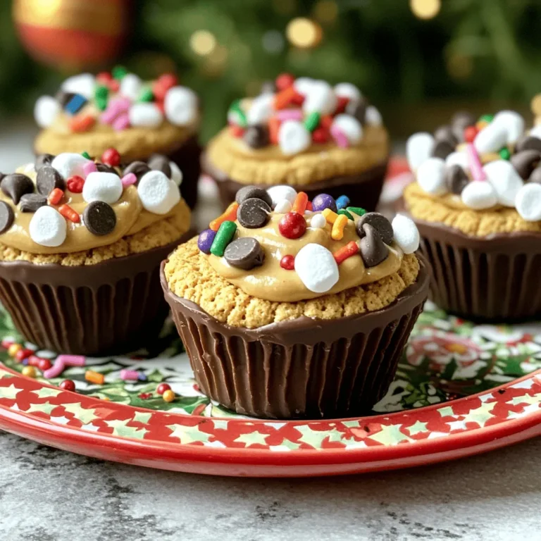 - 1 cup graham cracker crumbs - 1/2 cup unsweetened cocoa powder - 1/2 cup powdered sugar - 1/2 cup unsalted butter, melted - 1 teaspoon vanilla extract - 1/2 cup creamy peanut butter - 1 cup mini chocolate chips - 1/2 teaspoon ground cinnamon (optional) - Edible decorations (e.g., colorful sprinkles, mini marshmallows, or crushed candy canes) Gathering the right ingredients is key to making No Bake Christmas Cookie Cups. You can find most of them in your pantry or local store. The graham cracker crumbs form the base of your cookie cup. They add a sweet crunch. Cocoa powder gives a rich, chocolate flavor. You can use unsweetened cocoa to control the sweetness. Next, powdered sugar adds extra sweetness and binds the mixture. Melted unsalted butter helps to hold your cookie base together. Don't skip the vanilla extract; it adds a warm, inviting flavor. Creamy peanut butter brings richness and creaminess. Mini chocolate chips provide a delightful burst of chocolate in each bite. If you're feeling adventurous, add ground cinnamon for a holiday twist. Finally, the edible decorations let you personalize your cookie cups. Colorful sprinkles, mini marshmallows, or crushed candy canes work well. They make your treats festive and fun. For the full recipe, see the detailed instructions above. To start, gather all your dry ingredients. In a medium bowl, mix: - 1 cup graham cracker crumbs - 1/2 cup unsweetened cocoa powder - 1/2 cup powdered sugar Stir well until everything combines evenly. This mixture gives your cookie cups a solid base. Next, add the wet ingredients. Pour in: - 1/2 cup unsalted butter, melted - 1 teaspoon vanilla extract Use a spatula to mix. Blend until the dough forms. It should feel crumbly but hold shape. Now, line a muffin tin with cupcake liners. This makes it easy to remove the cups later. Take about 1 tablespoon of your dough. Press it gently into the bottom and up the sides of each liner. Make the edges a bit thick. This adds strength to your cookie cups. For the filling, blend the creamy peanut butter and mini chocolate chips in a separate bowl. Use: - 1/2 cup creamy peanut butter - 1 cup mini chocolate chips Stir until smooth. If you like, add 1/2 teaspoon ground cinnamon for extra flavor. This step is optional but fun! Now, use a spoon to fill each cookie cup. Make sure to fill them to the top. Place the filled cookie cups in the refrigerator. Let them chill for at least 30 minutes. This helps them set and makes them easier to handle. After chilling, take them out and decorate! Use: - Edible decorations like colorful sprinkles - Mini marshmallows - Crushed candy canes Get creative and make them look festive! For a great display, arrange them on a platter with some extra chocolate chips around. For the full recipe, check out the details above. Enjoy your delightful No Bake Christmas Cookie Cups! - Achieving the right consistency: When mixing your ingredients, ensure the dough feels sticky but not wet. It should hold together when pressed. If it crumbles too much, add a touch more melted butter. - Ensuring a clean release from muffin tin: Use cupcake liners to avoid sticking. After chilling, gently pull the liners away from the cookie cups. This will help keep their shape intact. - Festive topping variations: Get creative with your toppings! Use colorful sprinkles, mini marshmallows, or crushed candy canes. Each option adds a fun, festive touch. - Creative presentation suggestions: Arrange your cookie cups on a bright platter. Scatter some extra chocolate chips and decorations around them. This creates an inviting display. You can even use seasonal napkins for an extra festive flair! - Overmixing the ingredients: Mixing too much can make your cookie cups tough. Stir just until combined for a light and crumbly texture. - Not chilling long enough: Chilling your filled cookie cups for at least 30 minutes is key. This time allows them to set properly. If you skip this step, they may fall apart when served. {{image_4}} You can change the taste of your cookie cups in fun ways. Try different nut butters like almond or cashew. Each nut butter gives a unique flavor. You can also use flavored cookie crumbs. For example, chocolate or gingerbread crumbs add a festive twist. Mix and match to find your favorite combo. These cookie cups can fit many diets. For gluten-free options, swap graham cracker crumbs for gluten-free ones. You can find these at most stores. If you want a vegan treat, use coconut oil instead of butter. For peanut butter, use almond butter or sunflower seed butter. Both options work great and taste delicious. Bring more fun to your cookie cups by adding seasonal spices. Ground nutmeg or pumpkin spice can make them extra special. You can also decorate for other holidays. Use red and green sprinkles for Christmas or pastel colors for Easter. Get creative with the toppings to match the season. To keep your no bake Christmas cookie cups fresh, follow these simple steps: - Refrigeration: Store the cookie cups in the fridge. The cool air helps them stay firm and tasty. - Airtight Containers: Use airtight containers to prevent moisture. This keeps them from getting soggy or stale. You can freeze your cookie cups if you want to save some for later. Here’s how: - Freezing: Place the cookie cups in a single layer in a freezer-safe container. Separate layers with parchment paper to prevent sticking. - Thawing: When you’re ready to eat them, take them out of the freezer. Let them thaw in the fridge for a few hours. This keeps the taste fresh and yummy. Knowing how long your cookie cups last is key: - How Long They Last: In the fridge, cookie cups stay good for about a week. In the freezer, they can last up to two months. - Signs of Spoilage: Check for any off smells or changes in texture. If they feel sticky or look dry, it's time to toss them. By following these tips, you can enjoy your no bake Christmas cookie cups any time! For the complete recipe, check out the Full Recipe. You can use almond butter or sunbutter. Both options give a great flavor. If you prefer a nut-free option, try using cream cheese. It adds a nice texture and creaminess. Just mix in some vanilla for extra taste. Yes, you can! Dark chocolate chips add richness. White chocolate chips give a sweet touch. You can even mix them for a fun look. If you like mint, try mint chocolate chips for a festive twist. You can use crushed vanilla wafers or digestive biscuits. They both create a tasty crust. If you want a gluten-free option, try almond flour or gluten-free cookies. Each choice gives a unique flavor. Get creative with decorations! Use colorful sprinkles, mini marshmallows, or crushed candy canes. You can also drizzle some melted chocolate on top. Consider serving them in holiday-themed cupcake liners for a fun look. These no-bake cookie cups are easy to make and delicious. We covered the key ingredients and steps needed to create them. I shared tips to avoid common mistakes, so your cookie cups turn out great. Don’t forget about the many variations you can try, from seasonal twists to dietary adjustments. Lastly, I provided storage tips to keep your treats fresh. Enjoy making these fun cookie cups for any occasion!