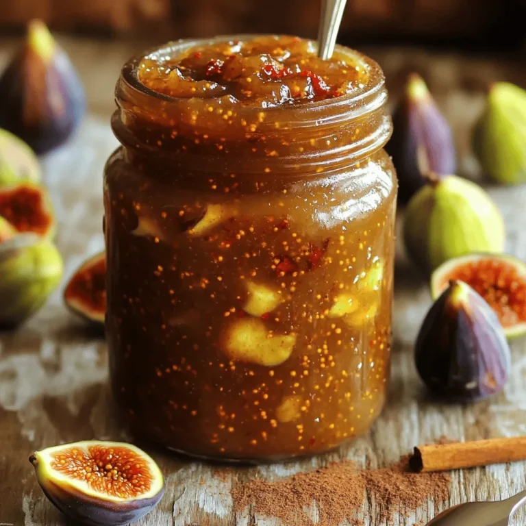 - 2 pounds fresh figs - 1 cup granulated sugar - 1 tablespoon fresh lemon juice - 1 teaspoon ground cinnamon - 1/2 teaspoon red pepper flakes - 1/4 teaspoon sea salt Fresh ingredients are key for great flavor. When you use ripe figs, they give your jam a rich taste. Look for figs that are soft but not mushy. Their skin should be smooth and slightly shiny. You can find fresh figs in the summer and early fall. Farmers' markets are great places to buy them. If you can, ask the vendor about the figs. They can tell you which ones are at their best. Buying figs in season means they are sweet and juicy. This will make your fig jam shine. If you can’t find fresh figs, frozen figs can work too. Just make sure to thaw them first. But, nothing beats the taste of fresh figs! Be sure to check the full recipe for all the details on how to make this delicious jam. To start, you need to chop the figs. - First, wash the figs under cold water. - Pat them dry with a clean towel. - Remove the stems and cut them into small pieces. This will help the figs break down when cooking. Next, measure your sugar and spices carefully. - Use a dry measuring cup for the sugar. - For the ground cinnamon and red pepper flakes, use measuring spoons. Accurate measurements help balance the flavors of your jam. Now, let's combine the ingredients in the pot. - In a large mixing pot, add chopped figs, sugar, lemon juice, cinnamon, red pepper flakes, and sea salt. - Stir the mixture until it's evenly combined. Place the pot over medium heat. - Bring it to a gentle boil, stirring often. This step helps the sugar dissolve. Once it boils, reduce the heat to low. - Let it simmer uncovered for 30 to 40 minutes. - Stir frequently to prevent sticking. As it cooks, you will see it thicken. To check if your jam is ready, do the cold plate test. - Drop a spoonful of jam onto a cold plate. - Wait a minute and see if it holds its shape. If it stays put and does not run, your jam is ready! Other signs include a thickened texture and a rich, sweet aroma. Once ready, remove the pot from heat and let it cool slightly. You can find the full recipe in the previous section. One big mistake is overcooking your jam. This can make it too thick and sticky. On the flip side, undercooking can leave you with a runny mess. Always watch the time while simmering. Aim for 30 to 40 minutes. Another issue is not sterilizing your jars. This step is key to keeping your jam fresh. Always wash jars in hot, soapy water or run them through the dishwasher. Then, heat them in the oven or boiling water before filling. You can boost your fig jam's taste with citrus. Lemon juice works well. It adds a bright flavor that balances the sweetness. You could also try orange juice for a sweeter note. Adjusting spice levels can make your jam unique. If you like a kick, add more red pepper flakes. For a milder taste, reduce the amount. You can also play with sweetness. If you want less sugar, try honey instead. Serve your Sweet & Spicy Fig Jam in a nice bowl. Pair it with cream cheese or soft goat cheese. This adds a creamy texture that complements the jam. For a fun display, sprinkle some red pepper flakes on top. You can also add fresh fig slices around the bowl. This makes your dish look inviting and colorful. {{image_4}} You can boost your fig jam with fresh herbs. Adding herbs like thyme or rosemary gives it a unique twist. The earthiness of thyme pairs well with the sweet figs. Rosemary adds a fragrant touch that elevates the flavor. Just chop a small amount and stir it in during cooking. You can also mix figs with other fruits. Pairing figs with berries or peaches creates a delightful blend. Berries add a tartness that balances the sweetness of figs. Peaches bring a juicy, fresh element that enhances the jam. If you want to swap sugar, try honey or maple syrup. Honey adds a floral note, while maple syrup gives a rich, earthy flavor. These options can make your jam taste different, yet just as sweet. For health-conscious cooks, low-sugar options are available. You can use pectin to thicken the jam without much sugar. This helps maintain a good texture while cutting calories. You can also reduce the sugar in the original recipe. Just keep in mind that less sugar may alter the taste and shelf life. Explore these variations to make your fig jam truly your own! For the full recipe, check out the Sweet & Spicy Fig Jam section above. To keep your homemade fig jam fresh, you need to use sterilized jars. Start by washing the jars in hot soapy water. Rinse them well. Then, place them in a pot of boiling water for 10 minutes. This step kills germs. Let the jars cool before filling them with jam. After you fill the jars, seal them tightly. You want to keep air out. Store the jars in a cool, dark place. A pantry works well. For longer-lasting freshness, place opened jars in the fridge. This way, your jam stays tasty for weeks. Homemade fig jam lasts about three weeks in the fridge. If you keep it at room temperature, it won’t last long. Always check for signs of spoilage. If you see mold or an off smell, it’s better to toss it. When you open a jar, use a clean spoon each time. This helps prevent germs from getting in. If you notice the jam is runny or has changed color, it may be spoiled. Trust your senses; they are great guides! Homemade fig jam can last up to three weeks in the fridge. Store it in a clean jar. Make sure to seal it tightly to keep it fresh. To freeze fig jam, pour it into freezer-safe containers. Leave some space at the top for expansion. It can last for up to a year in the freezer. You can use dried figs, but the texture will be different. Dried figs are chewier and less juicy than fresh figs. This will change the jam's texture. If using dried figs, chop them finely and soak them in water for a few hours. This helps soften them. You may also need to adjust the sugar level since dried figs are sweeter. Fig jam is great on toast, scones, or biscuits. You can spread it on cheese for a tasty snack. It pairs well with cream cheese or goat cheese. Try mixing it into yogurt or oatmeal for a sweet twist. You can also use fig jam in savory dishes, like glazes for meats or sauces for salads. To make fig jam less sweet, reduce the sugar by one-fourth. You can also add more lemon juice to balance the flavors. This gives a nice tartness. If you want to keep it sweet but lower the sugar, use honey. Honey has a different sweetness level, so taste as you go. This post outlined how to make delicious fig jam. We talked about fresh ingredients, step-by-step cooking, and useful tips. Choose fresh figs for the best taste and follow careful measuring. Remember to avoid common mistakes when cooking. You can also mix flavors and adjust sweetness to fit your taste. Store your jam properly and watch for spoilage. With practice, your fig jam can impress friends and family! Enjoy making, sharing, and tasting your creations.
