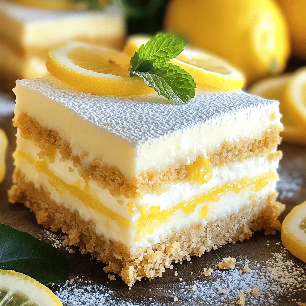 To make these yummy lemon cheesecake crumb bars, you need a few key items. Here is the list: - 1 ½ cups graham cracker crumbs - ½ cup unsalted butter, melted - 1/3 cup granulated sugar - 2 (8 oz) packages cream cheese, softened to room temperature - 1 cup powdered sugar - 3 large eggs, at room temperature - 1/4 cup freshly squeezed lemon juice - Zest of 1 lemon - 1 teaspoon vanilla extract - Pinch of salt These ingredients make the base and the creamy filling. The combination of the zesty lemon and rich cream cheese creates a perfect balance of flavors. You can also add a few extra ingredients to make your bars even tastier. Consider these: - Fresh berries (like blueberries or raspberries) for a fruity twist - A dash of almond extract for a nutty flavor - Extra lemon zest for a stronger citrus taste These optional ingredients can add a fun twist to your dessert. Feel free to mix and match as you like! To make your cooking process smooth, having the right tools is key. Here’s what you should gather: - An 8x8-inch baking pan - Parchment paper - Mixing bowls - Electric mixer or whisk - Spatula - Measuring cups and spoons Using these tools makes it easier to prepare and bake your delicious lemon cheesecake crumb bars. Happy baking! To make the crust, start by mixing the graham cracker crumbs with melted unsalted butter and granulated sugar. You want to combine these ingredients in a bowl until they look like wet sand. This helps bind the crust together. Next, transfer the mixture to an 8x8-inch baking pan lined with parchment paper. Press the crumbs down firmly and evenly to form a solid base. Bake it in a preheated oven at 350°F for 10 minutes. This step makes the crust crispy and delicious. For the cheesecake filling, use a large mixing bowl. Beat the softened cream cheese until it is smooth and creamy. Slowly add in the powdered sugar, mixing until fluffy. Then, add the eggs one at a time. Mix gently after each egg. This prevents overmixing, which can make the filling dense. After that, stir in the freshly squeezed lemon juice, lemon zest, vanilla extract, and a pinch of salt. Mix until everything is blended well. The filling should be creamy and smooth. Pour the creamy cheesecake filling over the cooled crust. Spread it evenly with a spatula. Place the pan back into the oven and bake for 30 to 35 minutes. The edges should look set, but the center can have a slight jiggle. This means it will be creamy when cooled. After baking, let it cool at room temperature for about an hour. Then, refrigerate the bars for at least two hours. This helps them set properly. Once chilled, lift the bars from the pan using the parchment overhang. Slice them into neat squares for serving. For the complete recipe, check out the Full Recipe. When making lemon cheesecake crumb bars, it's easy to overlook some details. Here are some common mistakes: - Overmixing the Filling: Mix gently after each egg addition. Overmixing can make the bars dense. - Skipping the Cooling Step: Allow the crust to cool before adding the filling. This helps keep the layers separate. - Not Using Room Temperature Ingredients: Cold cream cheese can lead to lumps. Always soften your cream cheese before mixing. For the best results, follow these tips: - Oven Temperature: Always preheat your oven to 350°F (175°C). An accurate temperature ensures even baking. - Watch the Edges: The edges should be set while the center jiggles slightly. This indicates a creamy texture. - Cooling Time: After baking, let the bars cool for at least 1 hour at room temperature. Then chill them for 2 hours. This helps them set properly. Presentation can elevate your dessert. Here are some ideas: - Dust with Powdered Sugar: A light sprinkle adds sweetness and looks nice. - Garnish with Lemon Slices: Thin slices of lemon add color and freshness. - Mint Leaves: A few mint leaves provide a pop of green and a touch of flavor. For the full recipe, check out the detailed instructions above. {{image_4}} You can easily change the taste of your lemon cheesecake crumb bars. Adding fruit can create a fun twist. Try mixing in berry swirls using raspberry or blueberry puree. Just swirl it into the filling before baking. If you love chocolate, drizzle melted chocolate over the cooled bars for a rich touch. This contrast pairs nicely with the tart lemon flavor. If you need a gluten-free option, you can use gluten-free graham crackers. Just crush them like you would regular graham crackers. Then, follow the same steps in the recipe. You can also try almond flour for the crust. Mix it with melted butter and a bit of sugar for a tasty base. For a dairy-free version, swap out cream cheese for a plant-based cream cheese. Look for brands that have a similar texture and taste. You can also use coconut cream for a rich, creamy filling. This not only makes it dairy-free but adds a lovely tropical note. Just remember to adjust the sugar if your alternative is sweeter. Feel free to explore these variations to find your favorite twist on lemon cheesecake crumb bars! For the full recipe, check out the details above. To keep your Lemon Cheesecake Crumb Bars fresh, store them in an airtight container. This way, they stay moist and keep their flavor. You can keep them in the fridge for up to five days. If you notice any crust on top, cover the bars lightly with plastic wrap to protect them. You can freeze these delicious bars for later enjoyment. First, slice them into squares. Wrap each piece in plastic wrap, then place them into a freezer-safe bag. They will stay good for up to three months in the freezer. This makes for a quick dessert option when you need one! When you're ready to enjoy your frozen bars, take them out of the freezer. Let them thaw in the fridge overnight for the best texture. If you're in a hurry, you can leave them at room temperature for about an hour. Avoid reheating them in the microwave; this can change their texture. Instead, enjoy them chilled right from the fridge for a refreshing treat. You can tell when your bars are done by looking at the edges. The edges should look set, while the center has a slight jiggle. This jiggle means it will still be creamy when cooled. If the edges are brown, you might have overbaked them. It usually takes about 30-35 minutes in the oven. Yes, you can make these bars ahead of time! They taste even better after chilling. I recommend making them a day before you plan to serve them. Just let them cool after baking, then refrigerate. This way, the flavors have time to meld together. If you don’t have graham cracker crumbs, you can use vanilla wafers or digestive biscuits. Just crush them up to make crumbs. Another option is to use oats blended into a fine powder. Each substitute will give a slightly different taste, but they all work well. In this post, we covered how to make Lemon Cheesecake Crumb Bars from scratch. We discussed the main and optional ingredients, along with essential tools. I provided step-by-step instructions for the crust, filling, and baking to ensure perfect results. We explored tips to avoid common mistakes and discussed fun variations. Finally, we shared storage tips for enjoying leftovers. Remember, practice makes perfect. With these steps, you can create a treat that shines!
