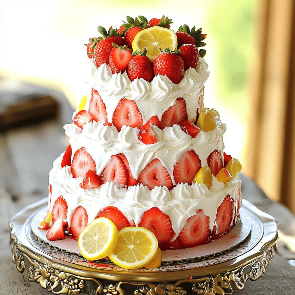 - 2 cups all-purpose flour - 1 ½ cups granulated sugar - ½ cup unsalted butter (softened) - 1 cup buttermilk (preferably room temperature) - 3 large eggs (room temperature) - 2 tablespoons fresh lemon juice - Lemon zest from 1 lemon - 1 teaspoon pure vanilla extract - 2 teaspoons baking powder - ½ teaspoon baking soda - ¼ teaspoon salt - 1 cup fresh strawberries (pureed) - 1 cup heavy cream (chilled) - 2 tablespoons powdered sugar - Extra strawberries and lemon slices for garnish To create the perfect Strawberry Lemonade Layer Cake, gather your ingredients first. This helps keep your kitchen organized. Fresh strawberries will give your cake a bright flavor. Use ripe strawberries for the best taste. Make sure your eggs and buttermilk are at room temperature. This helps them mix well with the other ingredients. - Electric mixer - Mixing bowls - Measuring cups and spoons - 3 8-inch round cake pans - Wire racks Having the right tools makes baking easier. An electric mixer saves time and effort when creaming butter and sugar. Use mixing bowls for separate tasks. Measuring cups and spoons help you get the ingredient amounts just right. The three 8-inch round pans allow even baking. Lastly, wire racks cool your cakes quickly. - Ensure all ingredients are at room temperature for better mixing. - Measure the flour correctly for accurate results. Following these tips will make your cake light and fluffy. Room temperature ingredients blend more smoothly. Accurate measuring, especially for flour, ensures the right texture. Too much flour can make your cake dense. For best results, always follow these simple steps before you start mixing. For the full recipe, check out the [Full Recipe]. Preheat your oven to 350°F (175°C). Grease and flour three 8-inch round cake pans. This step is key to help the cakes come out easily after baking. In a large bowl, beat the softened butter and granulated sugar. Use an electric mixer at medium speed. Mix for about 3-4 minutes until the mixture looks light and fluffy. This adds air for a soft cake. Add the eggs one by one to the butter-sugar mix. Beat well after each egg. Then add the buttermilk, lemon juice, lemon zest, and vanilla extract. Mix until everything is well combined. In a separate bowl, whisk together the flour, baking powder, baking soda, and salt. Gradually add the dry ingredients to the wet mix. Use low speed on your mixer or a spatula. Mix just until combined—don’t overmix! This keeps the cake light. Now, carefully fold in the strawberry puree, ensuring it's evenly mixed without overworking the batter. Divide the batter evenly among the prepared pans. Smooth the tops with a spatula. Bake for 25-30 minutes. A toothpick inserted in the center should come out clean. Once baked, let the cakes cool in the pans for 10 minutes. Then gently turn them out onto wire racks to cool completely. While the cakes cool, whip the chilled heavy cream with powdered sugar until stiff peaks form. This takes about 3-5 minutes with an electric mixer. Once the cake layers are cool, place the first layer on a serving plate. Spread whipped cream on top and add fresh sliced strawberries. Repeat with the second layer. Place the third layer on top and cover the whole cake with the remaining whipped cream. For a lovely finish, decorate the top with extra fresh strawberries and lemon slices. Arrange them nicely to make your cake pop. Remember, you can find the Full Recipe for more detailed steps and tips! To get the best cake texture, avoid overmixing. When you mix the batter, do it just until everything blends. Overmixing can make your cake dense and tough. Keep it light and airy for that perfect bite. Always use fresh lemons and strawberries. Fresh fruit gives the cake a bright, zesty taste. The flavors pop and make every slice a treat. If you can, pick your strawberries just before using them for the best flavor. For a stunning look, add extra fruit on top. Place slices of fresh strawberries and lemons for color. You can also use edible flowers for a unique touch. These decorations not only look great; they also boost the flavor. Get creative with your design to make your cake stand out! {{image_4}} You can change the berries in this cake. Try using raspberries or blueberries. Each berry gives a unique taste and color. Raspberries add a tart flavor, while blueberries give a sweet twist. This allows you to create your own version of the Strawberry Lemonade Layer Cake. You can mix and match berries for fun. If you want a different frosting, look no further than cream cheese frosting. It adds a rich flavor that pairs well with the cake. You could also try a lemon glaze for a light finish. Both options bring their own charm. They can brighten the taste and make the cake even more special. Do you need a gluten-free option? Simply swap all-purpose flour for gluten-free flour. This keeps the cake just as tasty. Make sure to choose a good gluten-free mix. This way, everyone can enjoy the Strawberry Lemonade Layer Cake. You won’t miss the gluten at all! For the full recipe, check out the details above. After enjoying your Strawberry Lemonade Layer Cake, store any leftovers in an airtight container. This keeps the cake fresh and moist. You can keep it in the refrigerator for up to 3 days. Just make sure the container is sealed tightly. This way, you can enjoy your cake later without losing any flavor. If you want to save the cake for a longer time, you can freeze it. First, wrap each cake layer in plastic wrap. This prevents freezer burn and keeps the cake safe. You can freeze the layers for up to 2 months. When you're ready to enjoy, just take them out of the freezer. Thawing the cake is easy. Simply move the wrapped layers to the fridge the night before you want to serve them. This slow thawing method helps retain moisture. It’s best to let them sit in the fridge overnight. When ready, the cake will be soft, tasty, and ready to impress your guests. Yes, prepare and freeze layers ahead of time. This saves you time on the day you plan to serve it. Simply wrap each layer in plastic wrap and store them in the freezer. When you are ready to assemble, let them thaw in the fridge overnight. This keeps the cake fresh and easy to work with. Use fresh, ripe strawberries for the best flavor and pureeing. Look for berries that are bright red and firm. They should smell sweet and have no soft spots. Fresh strawberries enhance the cake's taste and create a lovely color. Reduce the sugar in the cake and frosting to suit your taste. You can cut back on the granulated sugar by a half cup or so. Taste the frosting as you go to ensure it is still creamy and smooth. This way, you can enjoy the bright flavors without it being too sweet. Chilling allows flavors to meld and improves texture. If you let the cake chill for at least 30 minutes, it becomes easier to slice. Plus, the layers hold together better. You’ll enjoy a more delightful bite when you serve it cold. This post covered how to make a delicious Strawberry Lemonade Layer Cake. We discussed the key ingredients and equipment needed. I shared step-by-step instructions to guide you through the process. Tips and tricks helped ensure your cake has the best texture and flavor. Finally, we explored variations and storage options. I hope you feel ready to bake this tasty cake. Enjoy sharing it with friends and family!