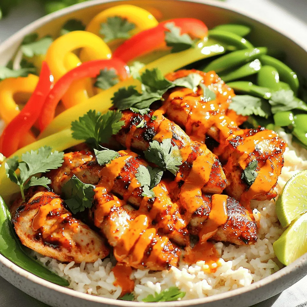 - 2 boneless, skinless chicken breasts - 1 cup sweet chili sauce - 1 cup jasmine rice - 1 cup coconut milk - 1 cup mixed bell peppers, sliced (red, yellow, and green) - 1 cup snap peas - 1 tablespoon soy sauce - 1 teaspoon garlic powder - 2 tablespoons fresh lime juice This dish is colorful and packed with flavor. You start with boneless, skinless chicken breasts. They're easy to cook and soak up flavors well. Sweet chili sauce adds a delightful sweetness and a hint of heat. Next, jasmine rice is the perfect base. It’s fragrant and pairs nicely with the chicken. The coconut milk in the rice makes it creamy, adding a tropical vibe. Then, you have the mixed bell peppers. They bring a lovely crunch and vibrant colors. Snap peas add a fresh snap, making the dish even more exciting. For the seasonings, soy sauce adds depth. Garlic powder gives a nice savory note. Fresh lime juice brightens everything up. A drizzle of coconut lime sauce on top rounds it all out. Each ingredient plays a vital role in making this bowl special. You can find the full recipe for Sweet Chili Chicken Bowl with Coconut Lime Drizzle to guide you through the cooking process. Start by gathering your ingredients. In a medium mixing bowl, whisk together these items: - 1 cup sweet chili sauce - 1 tablespoon soy sauce - 1 teaspoon garlic powder - 1/2 teaspoon ginger powder This sauce adds a sweet and tangy taste. After mixing, coat the chicken breasts in the marinade. Ensure they are covered well. The chicken will soak up all that flavor. Next, cover the bowl with plastic wrap. Place it in your fridge. Let the chicken marinate for at least 30 minutes. This step is key to infusing flavor. If you have more time, marinate for 1-2 hours for even better taste. While the chicken marinates, let’s cook the rice. Rinse 1 cup of jasmine rice under cold water. Cook it in a pot with 1 cup of coconut milk. This will make the rice rich and creamy. Follow the package instructions, which should take about 15-20 minutes. Now, it’s time to cook the chicken. Heat a drizzle of oil in a large skillet over medium heat. Take the chicken out of the marinade. Reserve any leftover marinade for later. Place the chicken in the skillet. Cook for about 6-7 minutes on each side. The chicken should be fully cooked. It’s done when the juices run clear. In the last 3 minutes of cooking, add the sliced bell peppers and snap peas to the skillet. Toss them with the chicken. Cook until the veggies are tender but still crisp. This keeps their bright colors and crunch. Enjoy this process! It’s where the magic happens. It's fun to watch your chicken and veggies transform. Once everything is cooked, you can add the reserved marinade mixed with a splash of coconut milk for a glaze. Pour it over the chicken and veggies. Cook for another 2-3 minutes, so all the flavors mix well. This step-by-step guide ensures your Sweet Chili Chicken Bowl with Coconut Lime Drizzle is a hit. Cook the chicken until it reaches 165°F. Use a meat thermometer for accuracy. This ensures it's safe to eat. Marinate the chicken for at least 30 minutes. This helps the flavors soak in well. For more flavor, try marinating overnight. To fluff rice, let it rest after cooking. Use a fork to gently separate the grains. This prevents clumping. For creaminess, replace water with coconut milk. It adds sweetness and rich flavor to your rice. You can add toppings like avocado or chopped nuts for crunch. Fresh herbs like cilantro or basil enhance flavor. Present the bowls on colorful plates for a fun look. Lime wedges on the side add a zesty touch. For the best visual appeal, arrange ingredients neatly. Enjoy your Sweet Chili Chicken Bowl with Coconut Lime Drizzle! If you need the full guide, check the Full Recipe. {{image_4}} You can easily swap the chicken for tofu or shrimp. Tofu gives a nice texture, while shrimp adds a sweet flavor. For vegetables, try zucchini, broccoli, or carrots. These options bring fresh tastes and colors to your bowl. Want some spice? Add sliced jalapeños or a dash of chili flakes. These will give your dish a nice kick. You could also use teriyaki sauce or peanut sauce in place of sweet chili sauce. Each option offers a new twist on the flavor. Pair your bowl with quinoa or brown rice for a healthy twist. You can also serve it in lettuce wraps for a fun, low-carb option. If you meal prep, make extra chicken and veggies. They keep well in the fridge and reheat nicely. To store leftovers correctly, let the food cool down first. Place the chicken and rice in airtight containers. This keeps moisture in and prevents the food from drying out. Store the veggies separately to keep them crispy. For best taste, eat leftovers within three days. You can freeze the chicken and rice. Make sure they cool before putting them in freezer bags. Remove as much air as possible to avoid freezer burn. Reheat by defrosting in the fridge overnight. Use a skillet to warm them up. Add a splash of coconut milk for extra moisture. Store your dish in the fridge for up to three days. If the chicken has a sour smell or the rice is hard, it’s time to toss it. Signs of spoilage include changes in color or texture. Always trust your senses when checking food! You can use several sauces in place of sweet chili sauce. Some options include: - Honey: Adds sweetness and stickiness. - Sriracha: Offers heat with a hint of sweetness. - Teriyaki sauce: Provides a rich flavor with a sweet touch. - Homemade mix: Combine ketchup, sugar, and red pepper flakes for a quick fix. These substitutes will change the taste a bit, but they can still give you a tasty dish. Yes, you can prepare this dish in advance. Here are some tips: - Marinate chicken: You can marinate the chicken up to a day ahead. Just keep it in the fridge. - Cook rice: Prepare the jasmine rice a few hours before serving. - Store veggies: Cut your bell peppers and snap peas ahead of time. Keep them in the fridge. - Reheat: Warm the chicken and veggies quickly in a pan before serving. Doing this makes meal prep easy and saves you time at dinner. To cook jasmine rice perfectly, follow these steps: - Rinse rice: Wash the rice under cold water to remove excess starch. - Water ratio: Use a 1:1 ratio of rice to liquid for fluffy rice. - Cooking time: Bring to a boil, then lower the heat, cover, and simmer for 15-20 minutes. - Fluff rice: Once done, let it sit for 5 minutes. Then fluff it gently with a fork. This method ensures the rice remains light and airy. The dish can be made gluten-free. Here are some tips: - Sweet chili sauce: Check the label or make your own to ensure it’s gluten-free. - Soy sauce: Use a gluten-free soy sauce or tamari. - Other ingredients: Ensure all other ingredients are certified gluten-free. These adjustments let you enjoy the dish without worry. For the complete instructions and ingredients, check out the [Sweet Chili Chicken Bowl with Coconut Lime Drizzle](#). In this blog post, I covered how to make a Sweet Chili Chicken Bowl. You learned about the main and additional ingredients, like coconut milk and bell peppers. I shared step-by-step cooking instructions and valuable tips to ensure your chicken and rice turn out great. Don't forget to explore variations and how to store leftovers. This dish is simple yet flavorful, making it perfect for busy days or meal prep. Enjoy creating your own tasty version at home!
