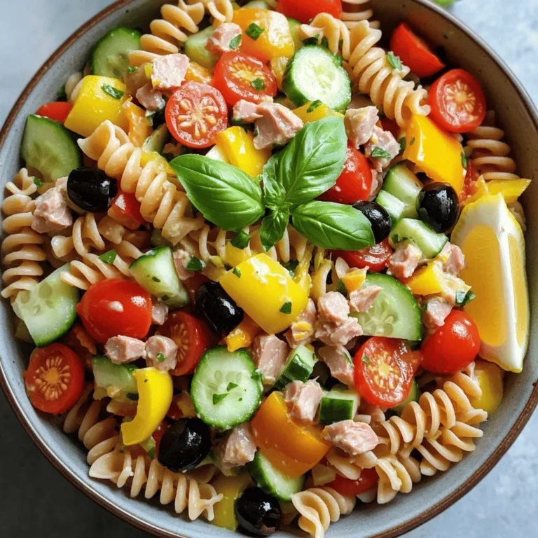 - 8 oz whole wheat pasta (fusilli or penne) - 1 can (5 oz) tuna in water, thoroughly drained - 1 cup cherry tomatoes, halved - 1/2 cup cucumber, diced into small cubes - 1/2 cup bell pepper (any color), diced - 1/4 cup red onion, finely chopped - 1/4 cup black olives, sliced - 2 tablespoons freshly squeezed lemon juice - 3 tablespoons extra virgin olive oil - 1 teaspoon Dijon mustard - 1 teaspoon dried oregano - Salt and freshly ground black pepper to taste - Fresh basil leaves for garnish - Additional protein sources like chickpeas or beans - Alternative vegetables, such as spinach or carrots - Suggested herbs and spices, like parsley or red pepper flakes This tuna pasta salad without mayo is simple, fresh, and tasty. You can easily swap out the veggies for what you like best. Want more protein? Add some chickpeas or diced chicken. Feel free to use any herbs or spices to make it your own. Check out the Full Recipe to see exactly how to prepare this dish. Remember, the key to a great salad is balancing flavors and textures! To boil the pasta correctly, fill a large pot with water. Add a good amount of salt. Bring it to a rolling boil before adding the whole wheat pasta. Cook it according to the package directions, usually 8-10 minutes. Stir occasionally to prevent sticking. To achieve an al dente texture, taste a piece a minute or two before the time is up. It should be firm but not hard. Once done, drain the pasta and rinse it under cold water. This stops the cooking and cools it down fast. While the pasta cools, chop your vegetables. For even size, use a sharp knife and a cutting board. Cut the cherry tomatoes in half, dice the cucumber, and chop the bell pepper and red onion. Try to keep all pieces about the same size. This helps with texture and looks nice. To keep veggies fresh, wash them just before you chop. Store any leftover veggies in a sealed container in the fridge. In a small bowl, mix the dressing ingredients. Combine freshly squeezed lemon juice, olive oil, Dijon mustard, dried oregano, salt, and black pepper. Whisk them well until they blend into a smooth mixture. To emulsify, add the oil slowly while whisking. This creates a creamy texture without mayo. If you want more flavor, consider adding herbs like parsley or a pinch of garlic powder. Now it’s time to combine everything. Add the cooled pasta to a large mixing bowl with the chopped vegetables. Gently fold in the drained tuna and sliced black olives. Use a spatula to fold, not stir, to keep the pasta intact. After that, drizzle the dressing over the mixture. Toss it gently until all ingredients are coated evenly. Make sure every bite will have that tasty dressing. Cover your salad and let it chill in the fridge for at least 30 minutes. This chilling time helps the flavors mix well. You will know the salad is ready when it feels cool and all the veggies look vibrant. If you want to serve it later, you can chill it for up to two hours. Just before serving, give it a gentle toss to mix it again. To make this tuna pasta salad ahead of time, cook the pasta and chop the veggies. You can store the pasta and veggies separately in the fridge. This helps keep the pasta firm and the veggies fresh. Mix them together just before serving. It takes only a few minutes to combine everything! Store your ingredients properly. Keep the pasta in an airtight container to avoid drying out. For veggies, use a damp paper towel in the container to keep them crisp. This method works well for cherry tomatoes and cucumbers. You can make this salad gluten-free by using gluten-free pasta. Many brands offer great options that cook well and taste good too. Just check the package for cooking times. For vegan options, switch out the tuna. You can use chickpeas or tofu instead. Both add protein and flavor. Also, use a plant-based dressing for the same tangy taste. To enhance the flavor, try adding more herbs. Fresh parsley, dill, or chives can brighten up the dish. A pinch of crushed red pepper can also give it a nice kick. Pair your tuna pasta salad with crusty bread or a light soup. It makes a delightful meal. You can also serve it alongside a fresh green salad for a well-rounded lunch or dinner. {{image_4}} For a Mediterranean-style salad, you can add some fun ingredients. Consider these: - 1/2 cup artichoke hearts, chopped - 1/4 cup feta cheese, crumbled - 1/4 cup sun-dried tomatoes, sliced This twist brings a nice salty flavor from the feta. The artichokes add a tender bite. Sun-dried tomatoes give a rich sweetness to balance the dish. Together, they create a vibrant and tasty salad. Want more protein? Try adding chickpeas or white beans. Here’s how: - 1 can (15 oz) chickpeas, drained and rinsed - 1 can (15 oz) white beans, drained and rinsed This extra protein makes the salad heartier. Chickpeas offer a nutty taste, while white beans add creaminess. Mixing these beans into the salad gives great texture too. You will feel full longer, and it’s great for a quick meal. Looking to cut some calories? You can swap oil for something lighter. Here are some ideas: - Use 1/4 cup plain Greek yogurt instead of oil. - Try a splash of balsamic vinegar for flavor. These swaps add taste without the extra calories. Greek yogurt keeps things creamy while adding protein. Balsamic vinegar gives a tangy flavor that wakes up the salad. You can enjoy a lighter version without losing great taste. For more details, check out the Full Recipe. Tuna pasta salad without mayo lasts up to three days in the fridge. Store it in an airtight container. This keeps it fresh and prevents any odors from mingling with other foods. For best taste, eat it within two days. If you have leftovers, make sure to check for any signs of spoilage before enjoying them. You can freeze tuna pasta salad, but it may change texture. If you choose to freeze it, do so in a freezer-safe container. Leave some space for expansion. To thaw, place it in the fridge overnight. This keeps the salad’s taste and quality better. Avoid using a microwave, as it can make the pasta mushy. Enjoy it cold, or give it a quick toss after thawing. For more details, check out the Full Recipe. Yes, you can! Canned tuna in oil has a richer flavor. It can add more taste to your salad. The oil also gives a nice texture. However, it may make the salad a bit heavier. If you like a lighter dish, stick to tuna in water. The salad will last about 3 to 5 days in the fridge. To keep it fresh, store it in an airtight container. If you notice any change in smell or color, it's best to toss it. Always check before eating leftovers! Absolutely! You can add many other ingredients. Try adding some chickpeas for more protein. Spinach or arugula can add a fresh touch. Avocado can make it creamy without mayo. Feel free to mix and match based on what you like! This blog post covered key ingredients, cooking steps, and storage tips for your pasta salad. You learned how to make a tasty meal using whole wheat pasta, tuna, and fresh veggies. We discussed ways to customize it with extra protein or different herbs. Lastly, I shared tips for meal prep and storage to keep it fresh. Enjoy creating your pasta salad, and don’t hesitate to experiment!