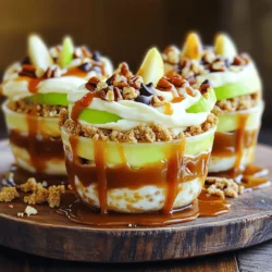 To make the delicious caramel apple dip cups, you need a few simple ingredients. Here’s what you’ll need: - 2 large apples (preferably Granny Smith or Honeycrisp), cored and sliced into wedges - 1 cup caramel sauce (store-bought or homemade) - 1 cup cream cheese, softened to room temperature - 1/4 cup powdered sugar - 1 teaspoon pure vanilla extract - 1/2 teaspoon ground cinnamon - 1/2 cup chopped nuts (pecans or walnuts) - 1/2 cup mini chocolate chips (optional) - 1/4 cup graham cracker crumbs (for garnish) These ingredients work together to create a fun and tasty treat. The apples add crunch, while the caramel and cream cheese provide a sweet, creamy flavor. You can customize the recipe with your favorite nuts or toppings, too. Feel free to explore the Full Recipe for more details! To start, gather your ingredients. In a medium bowl, mix the cream cheese, powdered sugar, vanilla extract, and ground cinnamon. Use an electric mixer on medium speed. Blend until the mixture is smooth and creamy. This step is key for a delightful dip. The cream cheese adds a rich texture that pairs well with apples. Now, choose cups or small glasses for your dip. Spoon about one-third of the cream cheese mixture into each cup. This forms a nice base. Next, drizzle caramel sauce over this layer. Let it flow over the edges for a tempting look. Then, add a few apple wedges on top of the caramel. This creates a fun and colorful display. Repeat the layers: more cream cheese, more caramel, and more apples. Fill the cups to the brim for a delicious treat. For the final touches, sprinkle chopped nuts and mini chocolate chips on top if you like. This adds a nice crunch and sweetness. Then, add graham cracker crumbs for extra texture. After that, place your cups in the refrigerator. Chill for at least 30 minutes. This helps the flavors mix and the dip to set. You can find the complete recipe in the Full Recipe section. Enjoy your delightful caramel apple dip cups! To get that smooth and creamy dip, start with soft cream cheese. Let it sit out for about 30 minutes. This helps it blend well. Mix it with powdered sugar, vanilla, and cinnamon. Use an electric mixer on medium speed. This makes it light and fluffy. Don't rush this step; the texture matters. If it's too thick, add a touch of milk or more caramel. This will make it creamier. For a fun look, use clear cups. You can see the layers, which adds to the charm. Arrange the cups on a bright platter. Drizzle extra caramel around the base of each cup. This creates a lovely touch. You can also add sliced apples around the cups. This makes the display more inviting. Consider using colored napkins that match your theme. It only takes a bit of effort to impress your guests! You can choose between store-bought and homemade caramel. Store-bought is quick and easy. Look for a high-quality brand for the best taste. If you want to make your own, combine sugar and cream in a pot. Cook over low heat until it thickens. You can also add a pinch of sea salt for a gourmet touch. Try using flavored caramel, like apple or vanilla, for extra fun! {{image_4}} You can use many fruits with caramel apple dip cups. While apples are classic, pears are a sweet choice. Their soft flesh pairs well with the creamy dip. Sliced bananas add a fun twist and a creamy texture. Strawberries bring a fresh taste that complements the caramel. You can even try orange slices for a zesty kick. Using different fruits keeps the treat exciting and fresh. If you need nut-free options, skip the nuts entirely. You can add more chocolate chips or use seeds instead. Sunflower seeds provide a nice crunch without nuts. For dairy-free versions, use a plant-based cream cheese. Make sure your caramel sauce is dairy-free too. Always check labels to avoid allergens. These swaps help everyone enjoy the dip safely. Toppings can change the whole look and taste of your dip cups. Try adding mini marshmallows for a chewy texture. Crushed cookies like Oreos or Animal Crackers give a fun twist. Shredded coconut adds a tropical flair. You could also sprinkle cinnamon or cocoa powder for extra flavor. Drizzling extra caramel sauce on top makes it look tempting. Get creative with your toppings for fun presentations. For the full recipe, check out the detailed steps above! To keep your caramel apple dip cups fresh, cover them tightly with plastic wrap. You can also use a lid if your cups have one. Store them in the refrigerator. This will help keep them fresh for up to three days. If you notice any browning on the apple slices, you can sprinkle a bit of lemon juice on them before storage. This will help keep the apples looking nice. For the best taste, serve the dip cups within one day of making them. The longer they sit, the softer the apples will get. If you're making them for a party, prepare the cream cheese layer and caramel ahead of time. You can then layer the cups right before serving. This way, the apples will stay crisp, and the flavors will shine. You can freeze the cream cheese mixture for later use. Place it in airtight containers or freezer bags. Just make sure to leave some space for expansion. When you're ready to enjoy, thaw it in the fridge overnight. However, I do not recommend freezing the assembled cups. The apples will not hold up well after freezing. For the best experience, enjoy them fresh! For the full recipe, check out the details above. Yes, you can make the caramel apple dip cups ahead of time. Prepare the cream cheese mixture and layer the cups. Then, cover them tightly with plastic wrap. Store them in the fridge for up to two days before serving. This saves you time and lets the flavors blend well. Just add the apple wedges right before serving to keep them fresh. To keep apple slices from turning brown, use acid. You can soak them in lemon juice or a mixture of water and vinegar. This stops oxidation, keeping the apples crisp and bright. After slicing, dip them in the solution for about five minutes. Rinse them gently and pat dry. This quick step makes your dip cups look fresh and inviting. You can find pre-made caramel apple dip cups at many grocery stores. Look in the dessert aisle or the refrigerated section. Some stores even sell them in the produce section next to the apples. If you prefer, many online retailers offer them as well. Check local delivery services for convenience. This blog post covered how to make a fun and delicious caramel apple dip. You learned the key ingredients, careful steps for prep, and tips for flavor and texture. I shared ways to store leftovers and variations for allergies or personal taste. In the end, this dip is great for parties or a sweet treat. Enjoy making it and sharing it with friends and family!