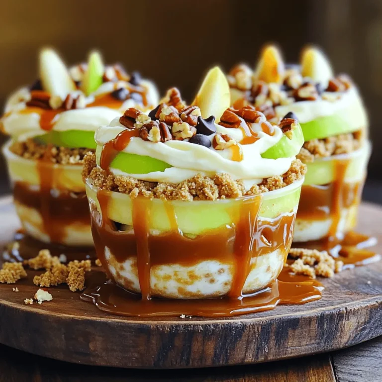 To make the delicious caramel apple dip cups, you need a few simple ingredients. Here’s what you’ll need: - 2 large apples (preferably Granny Smith or Honeycrisp), cored and sliced into wedges - 1 cup caramel sauce (store-bought or homemade) - 1 cup cream cheese, softened to room temperature - 1/4 cup powdered sugar - 1 teaspoon pure vanilla extract - 1/2 teaspoon ground cinnamon - 1/2 cup chopped nuts (pecans or walnuts) - 1/2 cup mini chocolate chips (optional) - 1/4 cup graham cracker crumbs (for garnish) These ingredients work together to create a fun and tasty treat. The apples add crunch, while the caramel and cream cheese provide a sweet, creamy flavor. You can customize the recipe with your favorite nuts or toppings, too. Feel free to explore the Full Recipe for more details! To start, gather your ingredients. In a medium bowl, mix the cream cheese, powdered sugar, vanilla extract, and ground cinnamon. Use an electric mixer on medium speed. Blend until the mixture is smooth and creamy. This step is key for a delightful dip. The cream cheese adds a rich texture that pairs well with apples. Now, choose cups or small glasses for your dip. Spoon about one-third of the cream cheese mixture into each cup. This forms a nice base. Next, drizzle caramel sauce over this layer. Let it flow over the edges for a tempting look. Then, add a few apple wedges on top of the caramel. This creates a fun and colorful display. Repeat the layers: more cream cheese, more caramel, and more apples. Fill the cups to the brim for a delicious treat. For the final touches, sprinkle chopped nuts and mini chocolate chips on top if you like. This adds a nice crunch and sweetness. Then, add graham cracker crumbs for extra texture. After that, place your cups in the refrigerator. Chill for at least 30 minutes. This helps the flavors mix and the dip to set. You can find the complete recipe in the Full Recipe section. Enjoy your delightful caramel apple dip cups! To get that smooth and creamy dip, start with soft cream cheese. Let it sit out for about 30 minutes. This helps it blend well. Mix it with powdered sugar, vanilla, and cinnamon. Use an electric mixer on medium speed. This makes it light and fluffy. Don't rush this step; the texture matters. If it's too thick, add a touch of milk or more caramel. This will make it creamier. For a fun look, use clear cups. You can see the layers, which adds to the charm. Arrange the cups on a bright platter. Drizzle extra caramel around the base of each cup. This creates a lovely touch. You can also add sliced apples around the cups. This makes the display more inviting. Consider using colored napkins that match your theme. It only takes a bit of effort to impress your guests! You can choose between store-bought and homemade caramel. Store-bought is quick and easy. Look for a high-quality brand for the best taste. If you want to make your own, combine sugar and cream in a pot. Cook over low heat until it thickens. You can also add a pinch of sea salt for a gourmet touch. Try using flavored caramel, like apple or vanilla, for extra fun! {{image_4}} You can use many fruits with caramel apple dip cups. While apples are classic, pears are a sweet choice. Their soft flesh pairs well with the creamy dip. Sliced bananas add a fun twist and a creamy texture. Strawberries bring a fresh taste that complements the caramel. You can even try orange slices for a zesty kick. Using different fruits keeps the treat exciting and fresh. If you need nut-free options, skip the nuts entirely. You can add more chocolate chips or use seeds instead. Sunflower seeds provide a nice crunch without nuts. For dairy-free versions, use a plant-based cream cheese. Make sure your caramel sauce is dairy-free too. Always check labels to avoid allergens. These swaps help everyone enjoy the dip safely. Toppings can change the whole look and taste of your dip cups. Try adding mini marshmallows for a chewy texture. Crushed cookies like Oreos or Animal Crackers give a fun twist. Shredded coconut adds a tropical flair. You could also sprinkle cinnamon or cocoa powder for extra flavor. Drizzling extra caramel sauce on top makes it look tempting. Get creative with your toppings for fun presentations. For the full recipe, check out the detailed steps above! To keep your caramel apple dip cups fresh, cover them tightly with plastic wrap. You can also use a lid if your cups have one. Store them in the refrigerator. This will help keep them fresh for up to three days. If you notice any browning on the apple slices, you can sprinkle a bit of lemon juice on them before storage. This will help keep the apples looking nice. For the best taste, serve the dip cups within one day of making them. The longer they sit, the softer the apples will get. If you're making them for a party, prepare the cream cheese layer and caramel ahead of time. You can then layer the cups right before serving. This way, the apples will stay crisp, and the flavors will shine. You can freeze the cream cheese mixture for later use. Place it in airtight containers or freezer bags. Just make sure to leave some space for expansion. When you're ready to enjoy, thaw it in the fridge overnight. However, I do not recommend freezing the assembled cups. The apples will not hold up well after freezing. For the best experience, enjoy them fresh! For the full recipe, check out the details above. Yes, you can make the caramel apple dip cups ahead of time. Prepare the cream cheese mixture and layer the cups. Then, cover them tightly with plastic wrap. Store them in the fridge for up to two days before serving. This saves you time and lets the flavors blend well. Just add the apple wedges right before serving to keep them fresh. To keep apple slices from turning brown, use acid. You can soak them in lemon juice or a mixture of water and vinegar. This stops oxidation, keeping the apples crisp and bright. After slicing, dip them in the solution for about five minutes. Rinse them gently and pat dry. This quick step makes your dip cups look fresh and inviting. You can find pre-made caramel apple dip cups at many grocery stores. Look in the dessert aisle or the refrigerated section. Some stores even sell them in the produce section next to the apples. If you prefer, many online retailers offer them as well. Check local delivery services for convenience. This blog post covered how to make a fun and delicious caramel apple dip. You learned the key ingredients, careful steps for prep, and tips for flavor and texture. I shared ways to store leftovers and variations for allergies or personal taste. In the end, this dip is great for parties or a sweet treat. Enjoy making it and sharing it with friends and family!