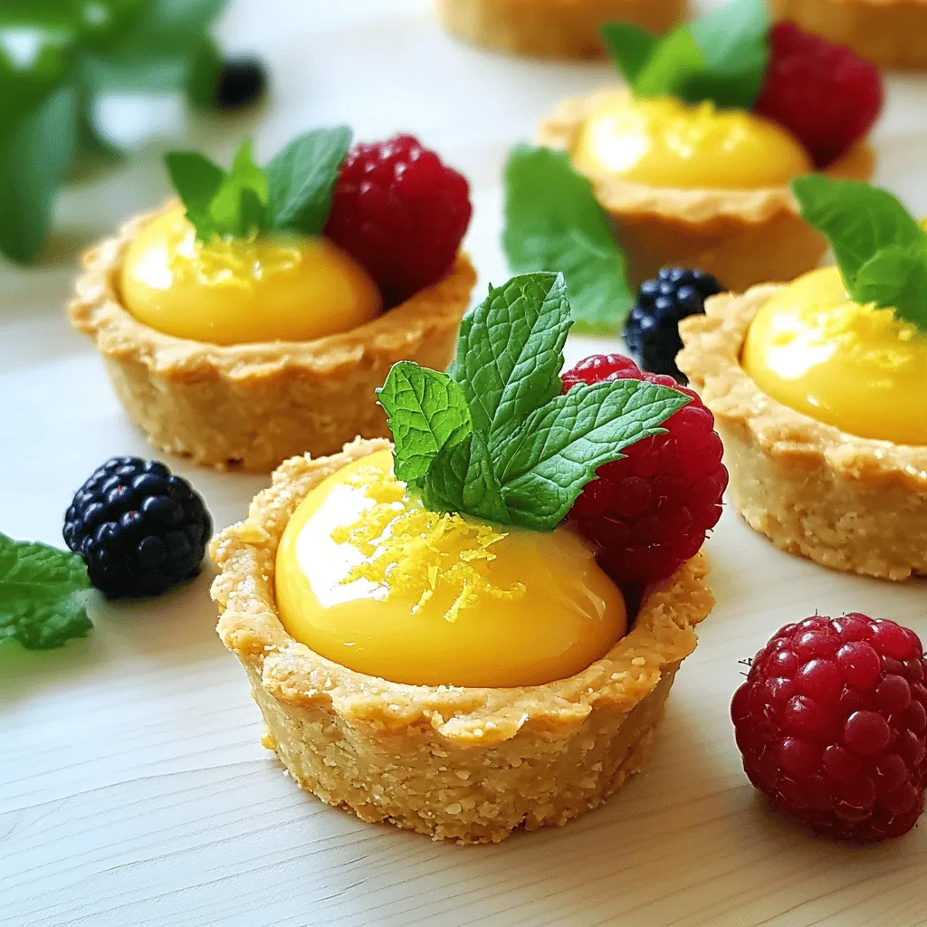 - 1 cup almond flour - 2 tablespoons coconut oil, melted - 2 tablespoons maple syrup - 1/4 teaspoon salt - 1 cup cashews, soaked for at least 4 hours and drained - 1/2 cup coconut milk - 1/4 cup fresh lemon juice - 1/4 cup maple syrup - 1 tablespoon lemon zest - 1 teaspoon vanilla extract - Fresh berries - Mint leaves The crust forms the base of the tart, giving it a nice crunch. The almond flour adds a nutty flavor and a gluten-free option. The coconut oil binds everything together, while the maple syrup sweetens it just right. A pinch of salt balances the sweetness. For the filling, soaked cashews create a creamy texture. Coconut milk adds richness, while fresh lemon juice gives that tangy zing. Maple syrup sweetens the mixture, and lemon zest boosts the flavor. Vanilla extract rounds it out with a warm note. You can top the tarts with fresh berries or mint leaves for a pop of color. These optional garnishes not only look nice but also add a fresh taste. Ready to dive into the recipe? Check out the Full Recipe for detailed steps! To start, gather your ingredients. You need almond flour, melted coconut oil, maple syrup, and salt. In a large bowl, mix the almond flour, coconut oil, maple syrup, and salt. Use a fork or your hands. Keep mixing until the dough sticks together well. Next, take small pieces of the dough. Press each piece firmly into the bottom and sides of your mini muffin tin. This will create a nice crust. Make sure it’s even all around. Now it's time to bake! Preheat your oven to 350°F (175°C). Once hot, put the muffin tin in the oven. Bake for 10 to 12 minutes. You want the edges to turn a light golden brown. After baking, take the tin out and let it cool on a wire rack. While the crust cools, let’s make the filling. First, soak your cashews in water for at least 4 hours. Drain them well afterward. In a high-speed blender, add the soaked cashews, coconut milk, fresh lemon juice, maple syrup, lemon zest, and vanilla extract. Blend until the mix is smooth and creamy. Once your crusts are cool, it’s time to fill them. Carefully pour the lemon filling into each crust, almost to the top. Use a spatula to smooth the surface for a pretty finish. Now, place the filled tarts in the refrigerator. They need to chill for at least 2 hours. This step is very important for the flavors to mix well and for the filling to set. When your tarts are ready, take them out of the fridge. Gently loosen the edges with a small knife if needed. Carefully remove them from the muffin tin. For a lovely touch, you can garnish with fresh berries and mint leaves. This makes them even more appealing! Enjoy your delicious mini vegan lemon tarts! For the complete recipe, check the Full Recipe. To make a great crust, the dough's consistency matters. It should feel soft but not sticky. If it crumbles, add a little coconut oil. If it's too wet, add more almond flour. Mix until you create a dough that holds together well. Avoid overbaking your crust. You want a light golden color. Keep an eye on them in the oven. Check at the 10-minute mark. If they start to brown too much, take them out. The perfect crust is crunchy outside and tender inside. Soaking cashews is key for a creamy filling. Soak them for at least four hours. This softens them and helps blend smoothly. If you skip this step, your filling may be grainy. Use a high-speed blender for the best results. This will help you achieve a smooth and creamy texture. Blend well to combine all the ingredients. You want a filling that looks rich and luscious. Arrange your mini vegan lemon tarts on a nice platter. This adds to their appeal. Place them neatly, leaving space between each one. A clean look makes a big difference. For garnishing, use fresh berries and mint leaves. This adds color and freshness. A little lemon zest on top can also brighten the dish. Make your tarts look as delightful as they taste! {{image_4}} You can make these lemon tarts even more exciting! Adding lime or orange juice gives a fun twist. A splash of lime makes them tangy and fresh. Orange juice adds a sweet note, balancing the tartness. You can also mix in herbs like basil or mint. These herbs bring a unique flavor that surprises your taste buds. If you want to switch up the sweetness, try different options. Coconut sugar is a great choice. It adds a rich flavor and is less processed. Agave syrup is another sweet option. It blends smoothly into the filling and adds a light sweetness. Looking for a different crust? You can use gluten-free flour to make it suitable for everyone. This flour works well and keeps the tarts tasty. If you like experimenting, try using dates instead of flour. Dates create a chewy and sweet crust that adds depth. To keep your mini vegan lemon tarts fresh, store them in the refrigerator. Place them in an airtight container to avoid moisture. This method helps maintain their creamy filling and crispy crust. If you want to keep the tarts longer, consider freezing them. Wrap each tart in plastic wrap, then put them in a freezer-safe bag. This way, they stay fresh for up to three months. When you're ready to enjoy them, simply take them out and let them thaw in the fridge overnight. In the fridge, these mini vegan lemon tarts last about five days. Look for any signs of spoilage, like off smells or changes in texture. If you notice any dark spots on the filling, it's best to toss them. Storing them properly helps keep their bright flavor and delightful texture intact. These mini vegan lemon tarts can last up to five days in the fridge. Store them in an airtight container to keep them fresh. I recommend eating them within the first three days for the best taste and texture. If you notice any changes in smell or appearance, it's best to discard them. Yes, you can! To make these lemon tarts gluten-free, simply use gluten-free flour. Almond flour is already gluten-free, making it a great choice for the crust. You can also use a gluten-free baking mix if you prefer. Just check the labels to ensure they are certified gluten-free. If you want to avoid cashews, you can use silken tofu or sunflower seeds. Silken tofu will give you a creamy texture, and sunflower seeds blend well for a nut-free option. Just remember to soak sunflower seeds for a few hours before blending for the best results. Yes, you can prepare the filling ahead of time. Just blend the ingredients and store them in the fridge. Make sure to cover the mixture tightly. The filling will stay fresh for about three days. When you're ready, pour it into the cooled crust and chill the tarts as usual. This blog post covered how to make delicious mini vegan lemon tarts. We explored the simple ingredients for both the crust and the filling. Each step, from mixing the dough to chilling the tarts, is key to getting great flavor. I shared tips for a perfect crust and filling. You even have options for variations and storage. With these instructions, you can create a treat that looks good and tastes amazing. Enjoy making and sharing these tarts!