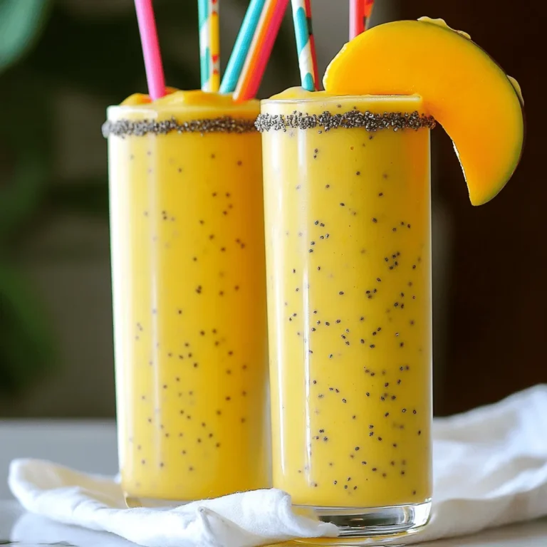 - 1 ripe mango, peeled and chopped into bite-sized pieces - 1 banana, sliced into rounds - 1 cup coconut milk (or almond milk for a nut-free alternative) - 1 tablespoon honey (or maple syrup for a vegan-friendly option) - 1/2 cup Greek yogurt (or a dairy-free yogurt alternative) - 1/4 teaspoon ground ginger (or freshly grated ginger for a spicier flavor) - 1 tablespoon chia seeds for an added nutritional boost - Ice cubes (optional, for a thicker and frostier smoothie) The Mango Bango Smoothie is a delicious mix of fresh and creamy. You need ripe mango for natural sweetness and great flavor. When you pick a mango, it should feel soft but not mushy. The banana adds a smooth texture. Make sure it is ripe, too; yellow with a few brown spots works best. Coconut milk gives the smoothie a rich and creamy base. If you want a nut-free option, almond milk is a good choice. Honey adds sweetness, but you can swap it for maple syrup if you prefer vegan options. The Greek yogurt adds protein and creaminess. For a dairy-free option, use a plant-based yogurt. Ginger gives the smoothie a spicy kick. You can use ground ginger or freshly grated ginger for a stronger taste. Chia seeds add fiber and nutrients, making this smoothie even healthier. If you want a thicker smoothie, ice cubes are great to add. This recipe is simple and quick to make. You will enjoy every sip! For the full recipe, check out the details above. Start by chopping the mango into small pieces. Use a sharp knife for this task. Make sure the mango is ripe for the best taste. A ripe mango feels soft and has a sweet smell. Next, slice the banana into rounds. Bananas should be yellow with a few brown spots for peak sweetness. Now, it’s time to blend. First, add the chopped mango. Then, place the sliced banana in the blender. Next, pour in the coconut milk. This adds a creamy texture. Follow that with the honey for sweetness. Add the Greek yogurt and ground ginger. The ginger gives it a nice kick. If you want a thicker smoothie, toss in some ice cubes. Blend on high speed until smooth. Stop to scrape down the sides if needed. This ensures everything mixes well. You want a creamy, thick texture without lumps. Taste your smoothie after blending. If it needs more sweetness, add extra honey or maple syrup. Blend again briefly to mix it in. Pour the smoothie into tall glasses carefully. Leave some space at the top for toppings. You can sprinkle chia seeds on top for a fun touch. A slice of fresh mango on the glass also looks pretty. Enjoy your Mango Bango Smoothie! For the complete recipe, check out the Full Recipe section. To get a thick and creamy smoothie, use frozen fruits. Frozen mango and banana make a great base. They blend well and add a nice chill. If you don’t have frozen fruit, you can add ice cubes. This adds thickness and a frosty feel. For those on special diets, try different sweeteners. Honey is a classic choice, but maple syrup works too. You can also use agave nectar for a vegan option. Adjust the sweetness based on your taste. You can add more ingredients to boost health. Try adding spinach for extra vitamins. A scoop of protein powder can also make it filling. You can add flaxseeds or more chia seeds for fiber. Balancing flavors is key. If your smoothie tastes too sweet, add a splash of lemon juice. This will brighten the taste. A pinch of salt can also enhance sweetness. Garnishing makes your smoothie look fancy. Sprinkle chia seeds on top for a fun texture. Add a slice of fresh mango on the rim for color. You can also use a colorful straw for a festive touch. For parties, serve the smoothie in small cups. This makes it easy for guests to grab and enjoy. You can place a small umbrella or a decorative pick on top to make it fun! {{image_4}} To make your Mango Bango Smoothie even more fun, try adding pineapple or coconut flakes. Pineapple adds a sweet and tart kick. Coconut flakes bring a chewy texture and tropical flavor. You can also sneak in some greens like spinach or kale. They blend well and boost nutrition without changing the taste much. Mixing your smoothie with other fruits can create exciting flavors. Try adding berries like strawberries, blueberries, or raspberries. Each berry brings its unique taste and color. You can also experiment with spices like cinnamon or nutmeg. Just a pinch can add warmth and depth to your drink. If you follow a vegan diet, you have easy swaps. Use maple syrup instead of honey for sweetness. Substitute Greek yogurt with a dairy-free option. For a gluten-free smoothie, you don’t need to worry. All the ingredients in this recipe are naturally gluten-free. These adjustments make the Mango Bango Smoothie friendly for many diets. Check out the Full Recipe to see how easy it is to make these changes! To keep your leftover Mango Bango Smoothie fresh, pour it into an airtight container. This helps prevent air from spoiling the taste. You can store it in the fridge for up to two days. The smoothie may separate, so give it a good shake or stir before drinking. You can freeze your smoothie for later. Just pour it into freezer-safe bags or containers. Leave some space for expansion as it freezes. For best quality, use it within three months. When you're ready to enjoy it, thaw the smoothie overnight in the fridge. You can also run the bag under warm water for a quick thaw. Blend it again if needed for a smooth texture. To make busy mornings easier, prep your smoothie ingredients in advance. Chop the mango and banana and store them in the fridge. You can combine dry ingredients like chia seeds and ginger in a small jar. When you're ready, just add the prepped fruits and other ingredients to your blender. This way, you can whip up a delicious Mango Bango Smoothie in minutes. A Mango Bango Smoothie is a fruity drink that bursts with flavor. It combines ripe mango, banana, and creamy coconut milk. This smoothie is sweet, thick, and tropical. Each sip feels like a sunny day. The ginger adds a hint of spice. You can enjoy it as a snack or breakfast. Yes, you can easily swap ingredients. If you don’t have mango, try pineapple or peaches. You can use almond milk instead of coconut milk for a nut-free option. If you're vegan, switch honey for maple syrup. Greek yogurt can be replaced with dairy-free yogurt. Get creative and adjust to your taste! To boost nutrition, add spinach or kale for greens. You can also use less honey or maple syrup for less sugar. Adding flaxseeds or protein powder can enhance the smoothie’s health benefits. Each of these options keeps the taste great while adding nutrients. Feel free to experiment with your choices! Making a Mango Bango Smoothie is quick and easy. It takes about 10 minutes to prep and blend. You can enjoy it right away. This makes it perfect for busy mornings or a fast snack. You can find the Full Recipe for detailed steps! The Mango Bango Smoothie offers a tasty way to enjoy healthy fruits. We covered key ingredients, step-by-step blending, and tips for a perfect drink. You can adapt the recipe easily for different diets. Remember to store leftovers smartly and think about meal prep for busy days. I hope you feel inspired to whip up this fun, colorful smoothie. Enjoy experimenting with flavors and sharing it with friends. You'll create a refreshing treat everyone will love.