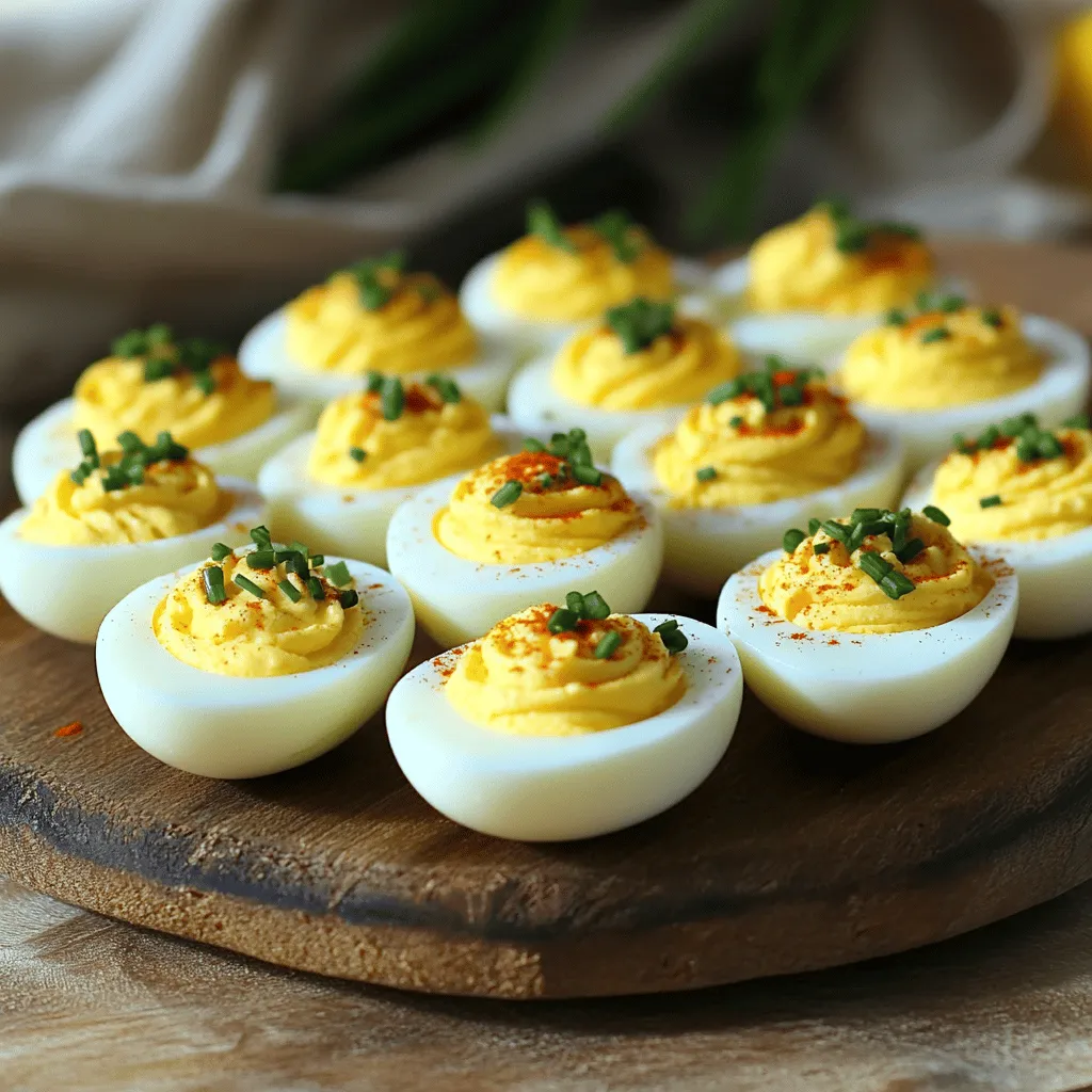 To make delicious Southern deviled eggs, you need a few key ingredients. Here is what you will need: - 6 large eggs - 3 tablespoons creamy mayonnaise - 1 tablespoon Dijon mustard - 1 teaspoon apple cider vinegar - 1/2 teaspoon smoked paprika (plus extra for garnish) - 1/4 teaspoon garlic powder - Salt and freshly ground black pepper to taste - 2 tablespoons sweet pickle relish - Fresh chives, chopped (for a vibrant garnish) You can add fun twists to your deviled eggs. Here are some options to try: - A dash of hot sauce for heat - Crumbled bacon for a savory crunch - Fresh herbs like dill or parsley for a fresh taste - A sprinkle of curry powder for a unique flavor - Pickled jalapeños for an extra kick Choosing the right brands can elevate your dish. Here are my top picks: - For mayonnaise, I recommend Hellmann’s or Duke’s for their creamy texture. - Use Grey Poupon for a smooth Dijon mustard that adds depth. - Bragg’s apple cider vinegar is a great choice for its tangy flavor. - McCormick smoked paprika brings a rich, smoky essence to your eggs. With these ingredients, you can create a delightful dish that is sure to impress. For the full recipe, refer back to the detailed instructions. To cook the eggs, start by placing six large eggs in a medium saucepan. Cover them with cold water, making sure there’s at least an inch above the eggs. Heat the water on medium-high until it boils. Once boiling, cover the saucepan and take it off the heat. Let the eggs sit, covered, for exactly 12 minutes. After 12 minutes, prepare an ice bath in a bowl with cold water and ice. Carefully move the eggs from the hot water to the ice bath. Let them cool for about 5 minutes. This makes peeling easier. Once cool, gently tap each egg on a hard surface to crack the shell. Peel the eggs under cool, running water to remove any stubborn bits of shell. Pat them dry with a paper towel. Next, cut each egg in half lengthwise. Carefully pop out the yolks and place them in a mixing bowl. Make sure to keep the egg whites intact. Use a fork to mash the yolks until they crumble. Now, add three tablespoons of creamy mayonnaise, one tablespoon of Dijon mustard, one teaspoon of apple cider vinegar, and one-half teaspoon of smoked paprika. Include a sprinkle of garlic powder along with salt and freshly ground black pepper. Mix everything until it’s smooth and creamy. For a sweet touch, fold in two tablespoons of sweet pickle relish. This adds a delightful crunch and flavor to the filling. To fill the egg whites, you can either spoon the yolk mixture in or pipe it for a fancy touch. If you choose to pipe, use a pastry bag or a zip-top bag with one corner cut off. Once all the egg whites are filled, sprinkle a bit of smoked paprika on top. Add some chopped chives for a fresh and colorful finish. You can find the full recipe for Southern deviled eggs with a smoky twist above. Enjoy your delicious creation! To peel eggs without fuss, start with fresh eggs. Older eggs peel easier. Once your eggs are cooked, chill them in an ice bath. This cools them down fast and makes peeling smooth. Crack the shell gently on a hard surface. Then peel under cool running water. The water helps remove tiny shell bits. For a stunning display, use a colorful platter. Arrange the deviled eggs in a circle or a line. Add whole chive sprigs or small edible flowers for extra flair. You can also use a piping bag for a neat filling. This makes your deviled eggs look fancy and appetizing. One common mistake is overcooking the eggs. This can make them rubbery. Stick to the 12-minute rule for perfect yolks. Another mistake is skipping the ice bath. This step helps with peeling. Lastly, don’t skimp on seasoning. Taste your filling before you stuff the eggs. Adjust salt and pepper as needed for the best flavor. You can find the full recipe for Southern Deviled Eggs with a Smoky Twist in the earlier section. {{image_4}} For a bold twist, try Southwest-inspired deviled eggs. Add diced tomatoes, chopped cilantro, and a dash of lime juice. These flavors bring a fresh zing to the classic recipe. You can also mix in some taco seasoning for an extra kick. The creamy filling pairs well with the spices. Serve them chilled for a cool treat at gatherings. If you love bacon, this variation is for you. Start with the classic filling, then mix in some crispy, crumbled bacon and sharp cheddar cheese. The smokiness from the bacon adds depth. You can also add a splash of Worcestershire sauce for a savory note. Garnish with extra bacon bits on top. These deviled eggs will disappear quickly at any party. For those who enjoy heat, spicy jalapeño deviled eggs are a great choice. Chop some pickled jalapeños and mix them into the yolk filling. You can adjust the amount based on your spice preference. Add a bit of sriracha for more heat. The creamy filling balances the spice nicely. Top with a slice of jalapeño for a fun garnish. These eggs bring a fiery flair to your table. These variations keep the spirit of Southern deviled eggs alive while adding exciting new flavors. You can mix and match these ideas to create your perfect bite. For the full recipe, refer back to the main instructions. To keep your Southern deviled eggs fresh, store them in an airtight container. You can place parchment paper between layers to avoid sticking. Make sure to cover the container well. This helps keep the eggs moist and tasty. If you want, you can also cover the eggs with plastic wrap. This keeps the air out and prevents drying. Southern deviled eggs stay good for about three to four days in the fridge. After that, they may not taste as fresh. Keep an eye on their smell and look. If they smell off or look weird, it’s best to toss them. Always check before you eat! You usually eat Southern deviled eggs cold, so reheating is not common. However, if you want to warm them, do it gently. Place the eggs in a warm oven for a few minutes. Keep the heat low, around 200°F, to avoid overcooking. You can enjoy the creamy filling warm, but it’s best to serve them chilled. For the full recipe, check out the details above. Yes, you can make Southern deviled eggs ahead of time. Prepare the filling and store it in the fridge. Keep the egg whites separate. Just before serving, fill the egg whites with the yolk mixture. This way, the eggs stay fresh and tasty. If you want a different taste, there are good substitutes for mayonnaise. You can use Greek yogurt for a tangy flavor. Avocado is another option; it gives a creamy texture. For a dairy-free choice, try hummus for a unique twist. Each option gives a new take on Southern deviled eggs. Making a vegetarian version of deviled eggs is simple. Just stick to the classic ingredients but skip any animal products. Use plant-based mayonnaise or yogurt as your base. You can also add some mashed avocado for creaminess. This way, you create a delicious and meat-free treat that everyone will enjoy. In this blog post, we explored the key ingredients and steps for making Southern deviled eggs. You learned how to cook the eggs, prepare the filling, and assemble them perfectly. We also discussed tips for easy peeling and avoiding common mistakes. Plus, we shared tasty variations and proper storage methods. Deviled eggs are fun and versatile. Feel free to experiment with flavors and make them your own. Enjoy sharing these delicious bites with family and friends!