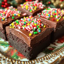 - 1 cup unsalted butter, melted - 2 cups granulated sugar - 4 large eggs - 1 teaspoon vanilla extract - 1 cup all-purpose flour - 1 cup cocoa powder - ½ teaspoon baking powder - ½ teaspoon salt - 1 cup semi-sweet chocolate chips - 1 cup powdered sugar (for frosting) - 2 tablespoons unsweetened cocoa powder (for frosting) - 2 tablespoons milk (for frosting) - ½ teaspoon peppermint extract (for frosting) - Sprinkles or crushed candy canes (for decoration) The main ingredients make brownies rich and tasty. Let's break them down: - Unsalted butter adds fat for a moist texture. It helps create that fudgy bite we love. - Granulated sugar gives sweetness and helps with the brownie structure. - Eggs act as a binding agent. They also add moisture and richness to the mix. - Vanilla extract enhances the flavor. It adds warmth to the sweet chocolate. - All-purpose flour provides structure. It holds everything together and gives the brownie its shape. - Cocoa powder delivers that rich chocolate flavor. It is the star of the show! - Baking powder makes the brownies slightly puff up, giving them a nice lift. - Salt balances the sweetness and enhances the flavors. - Semi-sweet chocolate chips bring pockets of melted chocolate. They add a delightful texture. - Powdered sugar is key for the frosting. It makes it smooth and sweet. - Milk adds creaminess to the frosting, making it easy to spread. - Peppermint extract gives a festive flair, perfect for the holidays. - Sprinkles or crushed candy canes add a fun and colorful finish! If you need to swap any ingredients, here are some great options: - Unsalted butter can be replaced with coconut oil or margarine for dairy-free brownies. - Granulated sugar can be replaced with brown sugar for a richer flavor. - Eggs can be substituted with flax eggs (1 tablespoon flaxseed meal + 2.5 tablespoons water per egg) for vegan options. - All-purpose flour can be swapped with almond flour or gluten-free flour for gluten-free brownies. - Semi-sweet chocolate chips can be replaced with dark chocolate for a deeper taste. - Milk can be replaced with almond milk or oat milk for a dairy-free frosting. These substitutes allow you to enjoy Frosted Christmas Brownies without missing out on flavor. You can find the full recipe to guide you through the process of making this festive treat. 1. Preheat your oven to 350°F (175°C). 2. Prepare a 9x13 inch baking pan. Grease it lightly or line it with parchment paper. 3. In a large bowl, mix 1 cup of melted unsalted butter and 2 cups of granulated sugar. Whisk until smooth. 4. Add 4 large eggs, one at a time. Mix well after each egg. Stir in 1 teaspoon of vanilla extract. 5. In another bowl, sift together 1 cup of all-purpose flour, 1 cup of cocoa powder, ½ teaspoon of baking powder, and ½ teaspoon of salt. 6. Gradually add the dry ingredients to the wet mixture. Fold gently with a spatula. Do not overmix; it’s okay to see some flour streaks. 7. Fold in 1 cup of semi-sweet chocolate chips until mixed evenly. 8. Pour the brownie batter into the prepared pan. Spread it out evenly using a spatula. 9. Bake for 25-30 minutes. Check doneness with a toothpick. It should come out with a few moist crumbs. 10. Once baked, remove the pan from the oven. Cool the brownies completely in the pan on a wire rack. 11. While the brownies cool, prepare the frosting. In a medium bowl, mix 1 cup of powdered sugar, 2 tablespoons of cocoa powder, 2 tablespoons of milk, and ½ teaspoon of peppermint extract. Stir until smooth and creamy. 12. Spread the frosting evenly across the cool brownies. 13. Decorate with colorful sprinkles or crushed candy canes for a festive look. 14. Cut the brownies into squares and serve. Enjoy this delicious holiday treat! For the complete process, check out the Full Recipe. To get that perfect brownie texture, start with room temperature ingredients. This helps them mix better. Mix the wet and dry ingredients gently. Overmixing can lead to tough brownies. Bake until a toothpick comes out with a few moist crumbs. This means they are fudgy but not undercooked. For a festive look, use colorful sprinkles or crushed candy canes on top. You can also drizzle white chocolate for a snowy effect. Another fun idea is to add edible glitter for sparkle. Use holiday-themed cookie cutters to create fun shapes from the brownies, too. One common mistake is not greasing the pan well. This can make brownies stick. Another mistake is cutting the brownies too soon. Wait until they are cool for clean cuts. Also, don’t skip the frosting! It adds flavor and a special touch. For full details on making these delicious brownies, check the Full Recipe. {{image_4}} You can switch up the frosting to make these brownies even more fun. Instead of using peppermint extract, try using orange zest for a bright twist. A cream cheese frosting adds a rich, tangy flavor. You can also go for a simple chocolate ganache. Just melt chocolate with cream until smooth, then pour it over the brownies. If you need a gluten-free option, use a gluten-free flour blend in place of all-purpose flour. You can swap granulated sugar for coconut sugar for a lower glycemic option. For a dairy-free version, use coconut oil instead of butter and almond milk for the frosting. These swaps keep the brownies tasty and friendly for many diets. Add fun flavors to your brownies with mix-ins. Chopped nuts like walnuts or pecans add a nice crunch. You can also stir in mini marshmallows or dried fruits for sweetness. For a more festive touch, add white chocolate chips or toffee bits. These little extras bring your Frosted Christmas Brownies to a whole new level. For the full recipe, check the link provided. To keep your frosted brownies fresh, store them in an airtight container. Place parchment paper between layers to prevent sticking. Keep them at room temperature for a few days. Avoid direct sunlight to maintain their texture and taste. If you have many brownies, it helps to wrap them in plastic wrap before placing them in the container. Freezing brownies is a great way to save some for later. First, let them cool completely. Cut the brownies into squares. Wrap each piece tightly in plastic wrap. Then, place the wrapped brownies in a freezer-safe bag or container. When you want to enjoy them, take them out and let them thaw at room temperature. It usually takes about an hour. For a warm treat, pop them in the microwave for a few seconds. Frosted brownies can last up to five days when stored properly. If you freeze them, they can last for about three months. However, the taste may change slightly over time. Always check for any signs of spoilage before eating. Enjoying them fresh is the best way to appreciate their flavor! Yes, you can use different types of chocolate. Dark chocolate offers a rich taste. Milk chocolate gives a sweeter flavor. If you want to try white chocolate, it will add a creamy touch. Just remember, use the same amount as the semi-sweet chocolate chips in the recipe. To make gluten-free brownies, swap the all-purpose flour for a gluten-free blend. Many brands offer great options that work well in baking. Check the label to ensure it has a good balance of starches and flours. This will help keep your brownies moist and tasty. You can pair these brownies with many treats. Ice cream, especially vanilla or peppermint, goes great. Hot cocoa or coffee makes a warm drink option. For toppings, consider whipped cream, extra sprinkles, or crushed candy canes. Each adds a fun twist to your festive dessert. You learned about the key ingredients and steps to make delicious brownies. We discussed how to achieve the perfect texture and what mistakes to avoid. You also explored clever variations and easy storage tips. With these insights, you can create yummy brownies that impress everyone. Remember, baking is fun, so enjoy it!