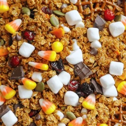 To create the best Halloween trail mix, gather these key ingredients: - 1 cup pumpkin spice granola - 1/2 cup candy corn - 1/2 cup chocolate-covered pretzels - 1/2 cup mini marshmallows - 1/2 cup dried cranberries - 1/2 cup roasted pumpkin seeds - 1/4 cup white chocolate chips - 1/4 cup dark chocolate chunks - 1/2 teaspoon ground cinnamon - A pinch of sea salt These ingredients bring a mix of flavors and textures. The granola gives a crunchy base, while the candy corn adds sweetness. The chocolate-covered pretzels balance salty and sweet. Mini marshmallows add a chewy element, and dried cranberries provide a tart burst. Roasted pumpkin seeds add a nutty flavor, while the white and dark chocolate chips offer rich sweetness. Cinnamon and sea salt enhance all the tastes. You can customize your trail mix with fun add-ins. Consider these: - Sunflower seeds for crunch - Raisins for more sweetness - Coconut flakes for a tropical twist - Pretzel sticks for extra shape - Seasonal candies like gummy worms for fun These add-ins can make your mix more exciting. Choose what you like best to match your taste. Select high-quality ingredients. Here are some tips: - Check expiration dates for freshness. - Choose organic granola for better flavor. - Look for chocolate with high cocoa content. - Buy cranberries without added sugar for a healthier option. - Get seeds that are roasted but unsalted for better control over salt levels. Quality ingredients make your trail mix taste great. Pay attention to details for the best results. Enjoy making this festive snack! For the full recipe, check the details above. To start, grab a large mixing bowl. Add 1 cup of pumpkin spice granola. This will be your tasty base. The granola gives great flavor and crunch. Now, it's time to mix! Pour in 1/2 cup of candy corn. Then, add 1/2 cup of chocolate-covered pretzels. Follow this with 1/2 cup of mini marshmallows, 1/2 cup of dried cranberries, and 1/2 cup of roasted pumpkin seeds. This mix brings a fun texture and color! Next, add 1/4 cup of white chocolate chips and 1/4 cup of dark chocolate chunks. These sweet bites add a creamy twist. Sprinkle in 1/2 teaspoon of ground cinnamon and a pinch of sea salt. Use a spatula to gently toss everything together. Taste your trail mix! If you think it needs more sweetness, add more chocolate. Adjust it to fit your taste buds. Once mixed, spread the trail mix on a baking sheet lined with parchment paper. Let it sit for 10-15 minutes. This helps the flavors blend well. Finally, scoop the mix into Halloween-themed bags or jars. These festive snacks are perfect for sharing! For the full recipe, check out the details above. Mixing trail mix is simple and fun! I like to use a large bowl. Start with your base, like pumpkin spice granola. Then add each ingredient one by one. This way, you can see how it looks as you go. Use a big spoon or spatula to fold the mix. Be gentle, so you don’t break the pretzels or marshmallows. Toss everything well, ensuring even distribution. Taste your mix before serving. If you want more sweetness, add extra chocolate. You can also try more candy corn for a sugary kick. If you prefer less sweet, add more nuts or seeds. These add crunch and balance the flavors. Adjust the texture by mixing in some crispy rice cereal. This adds a light crunch without being too sweet. Presenting your trail mix can be just as fun as making it! Use Halloween-themed bowls or jars for a festive touch. I love filling clear bags with the mix and tying them with spooky ribbons. This makes great party favors! You can also serve it in a big bowl for guests to share. Include scoops or small cups so everyone can grab a portion. {{image_4}} You can make your trail mix fun and exciting with themes. For a spooky mix, add gummy worms and chocolate bats. You could also create a monster mix. Use colorful candies and add popcorn for crunch. Each theme can bring joy to both kids and adults. If you need to swap ingredients, it is easy! Use gluten-free granola for those with gluten issues. For nut allergies, replace pumpkin seeds with sunflower seeds. You can also use dark chocolate for a dairy-free option. This way, everyone can enjoy the mix. You can change your trail mix for any holiday. For Christmas, use red and green candies with peppermint bits. For Easter, add pastel-colored chocolate eggs and dried fruit. Each season brings fresh flavors and colors to your trail mix. Be creative and enjoy making it your own! For the complete recipe, check out the Spooktacular Halloween Trail Mix . To keep your Halloween trail mix fresh, store it in an airtight container. This will prevent moisture and keep the mix crunchy. If you have a lot left, divide it into smaller portions. This way, you can grab a quick snack anytime. Use glass jars or plastic containers with tight-fitting lids. These options seal in flavor and keep out air. If you want something festive, choose Halloween-themed bags. Just make sure they are resealable to maintain freshness. Your trail mix can last up to two weeks at room temperature. If you store it in the fridge, it can last a month. Check for any signs of spoilage, like off smells or changes in texture. Enjoy your mix as a snack or add it to yogurt for a tasty treat. For full recipe details, check out the Spooktacular Halloween Trail Mix recipe! You can make your Halloween trail mix healthier by using whole ingredients. Choose unsweetened dried fruits instead of candy. You can also swap out chocolate for dark chocolate with high cocoa content. Use seeds and nuts for healthy fats. Add more granola and less candy corn for better balance. Yes, you can make this trail mix in advance. It stores well for several days. Just keep it in an airtight container. This way, you can enjoy it fresh for your Halloween party. Making it ahead of time saves you stress on the big day. You can package trail mix in clear cellophane bags or mason jars. Use Halloween-themed ribbons or tags to make them festive. You can also create fun labels with spooky designs. This adds a personal touch and makes the gift feel special. Yes, there is a nut-free version of this recipe. Simply leave out any nuts and add more seeds instead. You can use sunflower seeds or pumpkin seeds for crunch. This way, you keep the mix tasty and safe for those with nut allergies. To customize the recipe, think about flavors your friends enjoy. You can add different candies like gummy worms or chocolate-covered raisins. Swap out dried fruits for favorites like apricots or pineapple. Adjust the spices to suit your taste, too. This makes your trail mix unique and fun! You can create a fun and tasty Halloween trail mix with simple steps. Start with the essential ingredients, then add some optional extras to boost flavor. Mix carefully to ensure a great taste for all. Use these tips to store leftovers and extend freshness. With different variations and dietary swaps, there’s a perfect mix for everyone. Enjoy your Halloween celebrations with your unique blend! This trail mix brings fun and flavor together for all ages. Keep experimenting and make it your own!