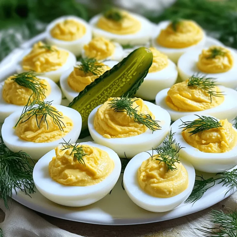 - 6 large eggs - 3 tablespoons mayonnaise - 2 tablespoons dill pickles, finely chopped - 1 teaspoon Dijon mustard - 1 teaspoon apple cider vinegar - 1 teaspoon hot sauce (to taste) - Salt and pepper, to taste - Fresh dill sprigs for garnish - Extra dill pickle slices for garnish Each ingredient plays a key role in creating the perfect Dill Pickle Deviled Eggs with Hot Sauce. The eggs provide a rich base, while the mayonnaise adds creaminess. Dill pickles bring a tangy crunch that pairs well with the heat from hot sauce. You can adjust the hot sauce based on your taste. Want more heat? Add a little more. Prefer it milder? Just use less. The apple cider vinegar gives a nice zing that balances the mix. For garnish, I love using fresh dill sprigs; they add color and flavor. Extra dill pickle slices on top create a beautiful presentation. This dish shines at any gathering or as a snack. For the complete guide on how to bring these flavors together, check out the [Full Recipe]. - Hard-boil the eggs: Start by placing the eggs in a medium saucepan. Cover them with cold water, leaving about an inch above the eggs. Heat the pan on medium-high until it boils. Once boiling, cover and remove from heat. Let them sit for 10-12 minutes. - Cool the eggs using an ice bath: After the time is up, move the eggs to an ice bath. This helps stop the cooking. Let them cool for about 5-10 minutes. - Peel the eggs properly: Once cooled, tap each egg on the counter. Peel them under cold running water. This makes the shells come off easily. - Slice the eggs in half: Cut each egg in half lengthwise. Gently scoop out the yolks into a mixing bowl. - Prepare the yolk mixture: Use a fork to mash the yolks. Add in mayonnaise, dill pickles, Dijon mustard, apple cider vinegar, and hot sauce. Blend until smooth and creamy. - Season to taste: Taste the mixture and add salt and pepper as needed. You want it flavorful and just right. - Fill the egg whites: Use a spoon or piping bag to fill the egg whites. Make sure to give each half a generous portion of the yolk mixture. - Garnish the deviled eggs: Top each egg with a slice of dill pickle. Sprinkle fresh dill on top for a lovely look. Now you have a tasty and fun dish! For the full recipe, check out the [Full Recipe]. To make the perfect hard-boiled egg, timing is key. For a firmer yolk, cook for 12 minutes. For a softer yolk, 10 minutes works well. Cool the eggs quickly to stop cooking. An ice bath is the best method. After boiling, place the eggs in a bowl filled with ice and cold water. Let them sit for 5 to 10 minutes. You can customize the heat of your deviled eggs with hot sauce. For a mild kick, use just a dash. If you love spice, add more! Try different brands to find your favorite flavor. To boost the dill flavor, use fresh dill or add extra dill pickles. Chopped fresh herbs can brighten the taste, making it even more delicious. How you arrange the eggs can make them pop. Use a decorative platter for a striking look. Place the eggs in a circle or a nice pattern. For garnishing, add a slice of dill pickle on top. A sprinkle of fresh dill adds color and appeal. You want your dish to look as good as it tastes! {{image_4}} You can easily swap mayonnaise for vegan options. Try using silken tofu blended with a bit of lemon juice for a creamy base. This gives a nice texture without using eggs or dairy. You can also experiment with different pickles. Sweet pickles add a fun twist, while spicy pickles can give extra heat. You can even try relish or chopped olives for unique flavors. Spices can change the whole game. Try adding smoked paprika for a smoky taste or garlic powder for depth. Fresh herbs like chives or parsley can brighten the filling. You might also enjoy adding creamy elements like sour cream or Greek yogurt. They add richness and balance the flavors nicely. These deviled eggs shine as a spread too. Try them on toast for a tasty breakfast or snack. You can even use them as a dip with crackers or veggies. They pair well with drinks, like a crisp white wine or a cold beer. For sides, fresh salads or crunchy chips complement them perfectly. To keep your dill pickle deviled eggs fresh, store them in an airtight container. Place a piece of plastic wrap directly on the eggs to prevent them from drying out. They stay tasty in the fridge for up to three days. If you have leftover filling, store it separately. It also lasts about three days. I do not recommend freezing these eggs. Freezing can change their texture and taste. The egg whites may become rubbery once thawed. If you want to freeze the filling, it’s best to do so. Just ensure it's in a sealed container. Thaw it in the fridge overnight before using. If you want to serve them again, take them out of the fridge. You can serve them cold or let them sit at room temperature for a bit. Avoid reheating in the microwave, as it will change the texture. Enjoy the flavors as they are or make them fresh again with the [Full Recipe]. You can use Greek yogurt as a creamy base. It adds a tangy flavor. Another option is avocado. It gives a nice texture and taste. You can also try vegan mayo for a plant-based choice. Dill pickle deviled eggs last about three to four days in the fridge. Store them in an airtight container. This keeps them fresh and tasty. Yes, you can make them a day ahead. Just prepare the filling and fill the eggs. Keep them in the fridge until ready to serve. They taste great after chilling. You can adjust the hot sauce amount based on your taste. For less heat, use less sauce. For more heat, add extra. You can also use milder sauces or even omit them. These deviled eggs pair well with salads and sandwiches. They also go great with cold cuts or a veggie platter. You can serve them at parties or picnics for a fun treat. Dill Pickle Deviled Eggs with a Kick! 🥚🥒 Ingredients: - 6 large eggs - 3 tablespoons mayonnaise - 2 tablespoons dill pickles, finely chopped - 1 teaspoon Dijon mustard - 1 teaspoon apple cider vinegar - 1 teaspoon hot sauce (adjust according to your spice preference) - Salt and pepper, to taste - Fresh dill sprigs for garnish - Extra dill pickle slices for garnish Dill pickle deviled eggs are simple and fun to make. We covered the key ingredients, from eggs to seasonings. I shared helpful tips for perfect hard-boiled eggs and creative flavor variations. Storing and reheating your deviled eggs will ensure they stay fresh. Remember, this dish is great in many ways, whether as a snack or party treat. By following these steps, you can delight everyone with your tasty creation. Enjoy the process and don’t hesitate to get creative!