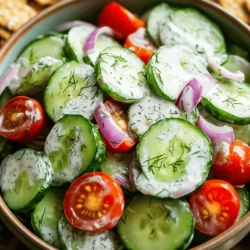 Here is what you need for a tasty creamy cucumber salad: - 2 large cucumbers, finely sliced - 1 cup creamy Greek yogurt - 1 tablespoon apple cider vinegar - 1 clove garlic, minced finely - 1 teaspoon fresh or dried dill, chopped - 1 tablespoon honey - Salt and pepper, to taste - 1/4 red onion, thinly sliced - 1/4 cup cherry tomatoes, halved (optional for garnish) These ingredients come together to create a fresh and creamy dish. The cucumbers offer a cool crunch, while the Greek yogurt adds a rich creaminess. The apple cider vinegar gives a nice tang, and the garlic brings a zesty kick. Dill adds a lovely herb flavor, making the salad refreshing. Honey sweetens the dressing just enough, balancing the flavors. Salt and pepper enhance the taste, making everything pop. The red onion adds a mild sharpness, and the cherry tomatoes, if you choose to use them, provide a burst of color and flavor. Gather these ingredients, and you will be ready to make a delightful salad. For the full recipe, check the earlier section. 1. Start by washing the cucumbers under cold water. This step removes dirt and pesticides. 2. If you want a milder flavor, peel the cucumbers. After that, slice them thinly into rounds. 3. In a medium bowl, mix the Greek yogurt, apple cider vinegar, minced garlic, chopped dill, and honey. 4. Whisk the mixture until it is smooth and creamy. This will be your dressing. 5. Taste the dressing and add salt and pepper as needed. Adjust sweetness with honey or tanginess with vinegar. 6. In a large serving bowl, combine the sliced cucumbers and thinly sliced red onion. Mix gently to mix well. 1. Drizzle the creamy yogurt dressing over the cucumber and onion mixture. 2. Use a large spoon or spatula to toss everything together. Make sure each cucumber slice is well-coated with the dressing. 1. Chilling the salad is important for flavor. It helps all the tastes blend nicely. 2. Cover the salad with plastic wrap or a lid. Refrigerate for at least 30 minutes. This time allows the flavors to enhance. For the full recipe, check out the details shared earlier. Enjoy your refreshing creamy cucumber salad! To make your creamy cucumber salad shine, focus on seasoning. Start with salt and pepper. Sprinkle a little salt to bring out the cucumber’s natural taste. Then, add ground black pepper for a slight kick. You can also enhance the flavor with honey and vinegar. Honey adds a sweet touch, while apple cider vinegar brings a tangy zing. Adjust both to your liking. If you want more sweetness, mix in a bit more honey. For extra tanginess, add a splash of vinegar. This balance makes a big difference. Serving your salad well can impress your guests. Try using a chilled serving bowl for an elegant look. The cold bowl keeps the salad cool and fresh. For garnish, fresh herbs can elevate your dish. Sprinkle chopped dill or parsley on top. This adds color and a fresh taste. You can also add halved cherry tomatoes for a pop of color. They make the salad even more appealing. Avoid overdressing your salad. Too much dressing can make it soggy. Start with a small amount and toss gently. You can always add more if needed. Another mistake is not letting the salad chill long enough. Chilling the salad for at least 30 minutes helps the flavors blend. This step makes the dish taste better. Don’t rush this part; it’s worth the wait. {{image_4}} You can really boost flavor by adding fresh herbs. I love using mint or parsley. Mint gives a cool, refreshing taste, while parsley adds a light, bright note. You can chop them finely and stir them in with the cucumbers. Each herb brings its own twist. Experiment with what you like best! Want to make your salad more filling? Adding protein is a great idea! Grilled chicken or chickpeas work well. Just cut the chicken into small pieces. If you use chickpeas, rinse them well before adding. This way, they mix well without taking over the salad. You still enjoy the cucumber’s crunch! You can try different dressings to change things up. A simple vinaigrette can add a tangy flavor. You can also use ranch dressing for a creamy twist. If you make a homemade dressing, store it in a sealed jar. This keeps it fresh for next time. Mix and match to find your favorite! To keep your creamy cucumber salad fresh, use an airtight container. Glass containers work great for this. They keep the salad cool and safe. If you need to use plastic, ensure it seals tightly to avoid air exposure. Always store the salad in the fridge right after making it. This helps keep the flavors intact and the cucumbers crisp. Your creamy cucumber salad lasts about three days in the fridge. After that, it may lose its crunch and flavor. Look for signs of spoilage, such as a sour smell or a watery texture. If the cucumbers become mushy or the dressing separates, it's best to toss it. You can’t really freeze creamy cucumber salad. Freezing makes cucumbers mushy when thawed. However, you can freeze the cucumbers and dressing separately. Slice the cucumbers and lay them flat on a baking sheet to freeze. For the dressing, store it in a sealed container. This way, you can mix them again when ready to enjoy a fresh salad. Yes, you can use regular yogurt. However, Greek yogurt gives a thicker and creamier texture. It also adds a nice tang to the salad. If you use regular yogurt, try to drain some liquid first. This keeps the salad from getting too watery. English cucumbers are ideal for this dish. They have fewer seeds and a smoother skin. If you use pickling cucumbers, they work too. Just remember to slice them thinly for the best crunch. You can keep leftover creamy cucumber salad for about three days. Store it in a tightly sealed container. If you notice any excess liquid, just drain it before serving again. Yes, making it a few hours ahead is perfect. This gives the flavors time to blend. Just keep it in the fridge until you’re ready to serve. Make sure to add any toppings, like cherry tomatoes, right before serving. Creamy cucumber salad pairs well with grilled chicken or fish. It also complements sandwiches and wraps nicely. For a light meal, serve it with whole grain crackers or fresh bread. You can find the Full Recipe for more details on this refreshing dish. This article covered all the key elements for making a delicious creamy cucumber salad. We explored the ingredients, step-by-step instructions, and tips for flavor and presentation. The variations help tailor this salad to your taste, while storage info ensures it stays fresh. Making this salad should be fun and easy. With these tips, you can create a dish that impresses. Enjoy your cooking and relish every bite!