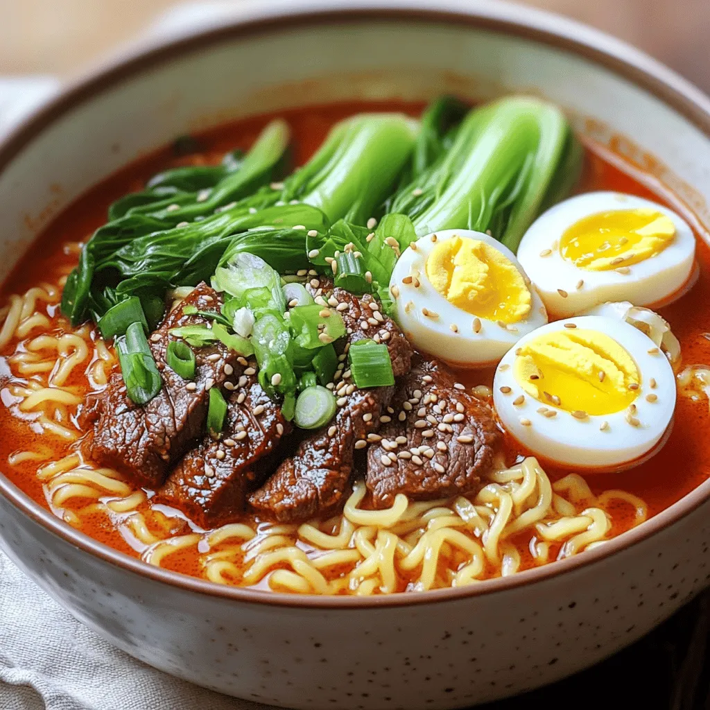 Here is what you need for Spicy Korean Ramen with Grilled Beef: - 2 packs of instant ramen noodles - 200g beef sirloin, thinly sliced - 2 tablespoons gochujang (Korean chili paste) - 1 tablespoon soy sauce - 1 teaspoon sesame oil - 1 tablespoon vegetable oil - 4 cups beef broth - 2 green onions, chopped (white and green parts separated) - 2 garlic cloves, minced - 1 teaspoon fresh ginger, grated - 1 tablespoon rice vinegar - 1 teaspoon sugar - 1 cup bok choy or spinach - 2 boiled eggs, halved (for garnishing) - Sesame seeds, for garnishing These ingredients are key to making a flavorful bowl of ramen. The gochujang gives it a spicy kick, while the beef broth adds depth. Fresh ingredients, like ginger and garlic, bring brightness to the dish. Using quality beef sirloin ensures your grilled beef is tender and juicy. When you gather these ingredients, you set the stage for a delicious meal. Each item plays a role, making your ramen both tasty and satisfying. For the full recipe, check out the detailed instructions that follow. To start, get a medium bowl. Add the sliced beef, gochujang, soy sauce, sesame oil, and minced garlic. Mix everything well until the beef is evenly coated. Cover the bowl with plastic wrap. Let it sit for at least 20 minutes. This allows the flavors to soak into the meat. Next, heat vegetable oil in a skillet over medium-high heat. When the oil is hot, add the marinated beef in a single layer. Grill the beef for 3-4 minutes. Turn it occasionally until it’s nicely browned and cooked how you like it. Once done, remove the beef from the heat and keep it warm. Now, we prepare the broth. In a large pot, pour in the beef broth. Bring it to a gentle boil over medium heat. Stir in the grated ginger, the white parts of the green onions, rice vinegar, and sugar. Let the broth simmer for a few minutes to blend all the flavors together. Once the broth is boiling, add the instant ramen noodles. Cook the noodles according to the package instructions. This usually takes about 3-4 minutes. You want them tender but still firm. With just one minute left for the noodles, toss in the bok choy or spinach. Stir it in and let the vegetables wilt slightly in the hot broth. This adds color and nutrition to your dish. Ladle the hot ramen soup into bowls. Top each bowl with the grilled beef. Add halved boiled eggs for richness. Finish with a sprinkle of sesame seeds and the green parts of the chopped green onions for a fresh touch. Enjoy your delicious bowl of spicy ramen! For the full recipe, check out the earlier section. To make your beef full of flavor, start with the marinade. Combine gochujang, soy sauce, sesame oil, and minced garlic in a bowl. Mix well and add the sliced beef. Let it sit for at least 20 minutes. This time lets the meat soak up all the tasty goodness. If you have time, marinate it longer for even more flavor. You can grill the beef in a skillet or on an outdoor grill. If using a skillet, heat vegetable oil over medium-high heat. Cook the beef in a single layer for about 3-4 minutes. If you prefer an outdoor grill, get it nice and hot. Grill the beef for the same time, flipping occasionally. Both methods give you that perfect char and juicy bite. The beef broth is key to a rich taste. Start with a good quality beef broth. To enhance it, stir in grated ginger and the white parts of the green onions. Add rice vinegar and sugar to balance the spice. Let it simmer to blend all the flavors together. This step makes your broth super tasty. Follow the package instructions for cooking the noodles. Usually, it takes about 3-4 minutes. Keep an eye on them so they don’t get too soft. You want them tender but still with a bit of a bite. Add the noodles to the broth only when it is boiling to get the best texture. Garnishing adds color and texture to your ramen. Top each bowl with grilled beef and halved boiled eggs. Sprinkle sesame seeds on top for crunch. Don’t forget to add the green parts of the chopped green onions. This will make your dish look appealing and inviting. For an authentic touch, serve with a side of kimchi. For the full recipe, check out the entire guide! {{image_4}} You can make a tasty vegetarian version of this dish. Use vegetable broth instead of beef broth. Replace the beef with tofu or tempeh, marinating it the same way. Add plenty of colorful veggies like bell peppers, mushrooms, and carrots for more flavor. This version stays just as spicy and satisfying! If you love seafood, swap the beef for shrimp or scallops. You can still marinate them but for a shorter time. Cook the seafood in your broth for a few minutes. This method keeps the seafood tender and adds a nice ocean flavor to your ramen. You can try other proteins like chicken or pork. Just cut them into thin slices. Marinate as you would the beef and grill them until cooked. Each protein adds its own unique flavor to the broth, giving you different tastes every time. For a low-carb option, skip the noodles. Instead, use zucchini noodles or shirataki noodles. These noodles are lighter and still soak up all the flavor from the broth. You can enjoy the rich taste without the carbs, making it a great choice for a lighter meal. For more details on how to make your spicy ramen, check out the Full Recipe! After a tasty meal, I always save my ramen leftovers. Place the soup and noodles in separate airtight containers. This way, the noodles stay firm and do not get mushy. Store in the fridge for up to three days. Remember, the flavors get better as they sit! Reheating ramen can be tricky. I recommend using a pot on the stove. Pour the broth into the pot and heat it slowly. Add the noodles and any veggies. Stir until warm. You can also use a microwave. Heat in short bursts until hot. Just be careful not to overcook the noodles! Freezing is a great option for long-term storage. I suggest freezing the broth and beef separately from the noodles. Use freezer-safe bags or containers. When ready to eat, thaw overnight in the fridge. Reheat the broth and cook fresh noodles. This keeps your ramen fresh and delicious! To adjust the spice levels, you can vary the gochujang amount. If you like it milder, use less. Adding a bit of sugar can also help tone down the heat. For more spice, try adding some chili flakes or a splash of hot sauce. Taste as you go to find your perfect balance. Yes, you can use different noodles. Instant ramen is quick and easy, but other noodles work well too. Udon or soba noodles give a different texture. Just make sure to cook them according to their package instructions for the best results. Serve your ramen with kimchi for a tangy kick. You can also add pickled vegetables for crunch. A side of steamed dumplings pairs nicely too. These sides will enhance the meal and bring more flavors to your table. Grilling the beef takes about 3 to 4 minutes on medium-high heat. You want it nicely browned but still tender. Cut the beef thinly for faster cooking. Keep an eye on it to avoid overcooking. You can prepare parts of this recipe ahead of time. Marinate the beef a day before. Cook the broth and noodles right before serving for the best taste. Store leftovers in the fridge for up to three days. Reheat them gently when ready to enjoy. For the full recipe, check the section above. This blog post covered how to make a delicious Spicy Korean Ramen. We explored key ingredients like beef and gochujang, plus the step-by-step process. I shared tips to improve your dish and offered variations for different tastes. Remember, cooking is fun! Feel free to adjust spices to match your liking. Try out these ideas, and enjoy your ramen creation. You’ll impress friends and family with your tasty meals. Happy cooking!