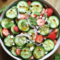 - 2 large cucumbers, thinly sliced - 2 cups fresh strawberries, hulled and sliced - 1/4 red onion, very thinly sliced - 1/4 cup feta cheese, crumbled - 1/4 cup fresh mint leaves, finely chopped - 2 tablespoons honey - 2 tablespoons balsamic vinegar - Salt and freshly ground black pepper to taste - You can use mango or peach for a sweeter touch. - Goat cheese or ricotta can replace feta for a different taste. - Try olive oil and lemon juice for a fresh dressing twist. I love how versatile this salad can be. You can change it up based on what you have. If you want a sweeter flavor, mango or peach can work wonders. Fresh fruits add a nice touch and make it fun to eat. When it comes to cheese, feta is great, but goat cheese or ricotta can change the dish's feel. Both options bring creaminess and flavor, making it unique. For dressings, I love honey and balsamic vinegar. But if you're looking for something bright, using olive oil with lemon juice is a great choice. It adds a refreshing taste that pairs well with the fruits. Feel free to mix and match! Cooking should be enjoyable, and using what you have makes it even better. Try these ideas and find your favorite version of this cucumber strawberry salad. To start, slice the cucumbers thinly. This helps them soak up the dressing. I like to use a sharp knife for clean cuts. For the strawberries, hull them first. Then slice them into even pieces. This makes your salad look nice and bright. For the red onion, aim for very thin slices. Use a sharp knife and cut from the root to the tip. This keeps your slices even. If the onion tastes too strong, soak the slices in cold water for ten minutes. This will mellow the flavor. Now, let’s combine all the ingredients. In a large bowl, add the sliced cucumbers and strawberries. Next, sprinkle in the red onion and crumbled feta cheese. Make sure everything is well mixed. For the dressing, grab a small bowl. Combine the honey and balsamic vinegar. Whisk them together until smooth. Drizzle this dressing over your salad mixture. Ensure all pieces are coated for full flavor. When it’s time to toss the salad, use a large spoon. Gently mix the salad without mashing the fruits. You want to keep the strawberries whole for a nice texture. Let the salad rest for about ten minutes. This waiting time helps the flavors blend well. Your salad will taste even better after resting. Serve it in a bright bowl, and enjoy the fresh flavors of this Cucumber Strawberry Salad! If you're looking for a detailed guide, check out the Full Recipe. To boost flavor, add fresh herbs like basil or parsley. You can also sprinkle some chili flakes for a mild kick. Balancing sweetness and acidity is key. If it’s too sweet, add a splash of lemon juice. For more tang, increase the balsamic vinegar. This will make each bite delightful. Make your salad pop with color. Use a large, bright bowl to serve. Arrange the cucumber and strawberries in a spiral for a fun look. Garnish with extra mint leaves for freshness. Drizzle some balsamic vinegar around the edge for an elegant touch. This adds charm and makes the salad more inviting. Prep your salad early for best results. Slice cucumbers and strawberries a few hours before serving. Keep them in a sealed container to stay fresh. Mix the dressing separately until just before serving. This keeps the salad crisp. If you store leftovers, use an airtight container to maintain freshness. Enjoy this refreshing cucumber strawberry salad! Check out the Full Recipe for more details. {{image_4}} You can make this cucumber strawberry salad even better by adding seasonal fruits. Here are some tasty options: - Ripe peaches for a juicy sweetness - Tart apples for a crisp bite - Fresh blueberries for a burst of color To add some crunch, consider incorporating nuts or seeds. Almonds or sunflower seeds work great. Just sprinkle them on top before serving. If you want a vegan option, skip the feta cheese. The salad will still taste fresh and delicious. You can also use avocado for a creamy texture. For those needing gluten-free options, make sure your dressing is gluten-free. Many balsamic vinegars are safe, but always check the label to be sure. You can switch up the flavors by making sweet or savory versions. For a sweet twist, add more honey or even some maple syrup. If you prefer savory, try adding a pinch of salt and some black pepper. You can also add a splash of soy sauce for an international twist. These changes keep the salad fresh and interesting! To keep your Cucumber Strawberry Salad fresh, store it in the fridge. Use an airtight container. This helps keep moisture out and maintains crispness. If you have some dressing left, store it separately. This prevents the salad from getting soggy. You can keep the salad in the fridge for about three days. After this, it may lose its crispness. Look out for signs of spoilage. If the cucumbers get slimy or the strawberries turn mushy, it's time to toss it. If you have leftover salad, don’t worry! You can use it in several ways. Try adding it to a wrap with turkey or chicken. It also makes a great topping for sandwiches. Mixing the salad into grain bowls adds a refreshing touch. These ideas can keep your meals exciting and reduce waste. Enjoy your Cucumber Strawberry Salad in new forms! Check the Full Recipe for more ideas. To keep cucumbers crisp, slice them just before serving. You can also sprinkle salt on the slices and let them sit. This draws out extra moisture. After about 10 minutes, pat them dry with a paper towel. This method helps maintain their crunchiness in the salad. Yes, you can make this salad ahead of time. However, I suggest waiting to add the dressing until just before serving. This keeps the salad fresh and prevents sogginess. You can prepare the cucumber, strawberries, and other ingredients a few hours before you need them. This salad pairs well with grilled chicken or seafood. You can also serve it with a hearty sandwich or wraps. The fresh flavors complement many main dishes. Try it as a side for a summer barbecue or picnic. Absolutely! This salad is great for meal prep. Just store the ingredients separately. Keep the dressing in a jar to mix later. This way, you can enjoy fresh salad throughout the week without losing flavor. To adjust sweetness, add more honey for a sweeter taste. If you want it less sweet, reduce the honey or add a bit of lemon juice. This adds a nice tang and balances the flavors well. You can experiment until you find your perfect blend. This blog post covered a refreshing cucumber and strawberry salad filled with great ingredients. You learned how to prepare and mix everything perfectly. We discussed tips for flavor, presentation, and storage, so your salad tastes its best. Plus, you discovered fun ways to customize the recipe and use leftovers. Overall, this salad is simple, fresh, and versatile. Enjoy making it for any meal or event!