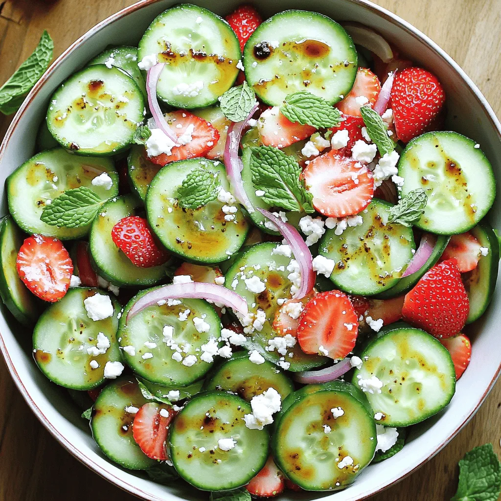 - 2 large cucumbers, thinly sliced - 2 cups fresh strawberries, hulled and sliced - 1/4 red onion, very thinly sliced - 1/4 cup feta cheese, crumbled - 1/4 cup fresh mint leaves, finely chopped - 2 tablespoons honey - 2 tablespoons balsamic vinegar - Salt and freshly ground black pepper to taste - You can use mango or peach for a sweeter touch. - Goat cheese or ricotta can replace feta for a different taste. - Try olive oil and lemon juice for a fresh dressing twist. I love how versatile this salad can be. You can change it up based on what you have. If you want a sweeter flavor, mango or peach can work wonders. Fresh fruits add a nice touch and make it fun to eat. When it comes to cheese, feta is great, but goat cheese or ricotta can change the dish's feel. Both options bring creaminess and flavor, making it unique. For dressings, I love honey and balsamic vinegar. But if you're looking for something bright, using olive oil with lemon juice is a great choice. It adds a refreshing taste that pairs well with the fruits. Feel free to mix and match! Cooking should be enjoyable, and using what you have makes it even better. Try these ideas and find your favorite version of this cucumber strawberry salad. To start, slice the cucumbers thinly. This helps them soak up the dressing. I like to use a sharp knife for clean cuts. For the strawberries, hull them first. Then slice them into even pieces. This makes your salad look nice and bright. For the red onion, aim for very thin slices. Use a sharp knife and cut from the root to the tip. This keeps your slices even. If the onion tastes too strong, soak the slices in cold water for ten minutes. This will mellow the flavor. Now, let’s combine all the ingredients. In a large bowl, add the sliced cucumbers and strawberries. Next, sprinkle in the red onion and crumbled feta cheese. Make sure everything is well mixed. For the dressing, grab a small bowl. Combine the honey and balsamic vinegar. Whisk them together until smooth. Drizzle this dressing over your salad mixture. Ensure all pieces are coated for full flavor. When it’s time to toss the salad, use a large spoon. Gently mix the salad without mashing the fruits. You want to keep the strawberries whole for a nice texture. Let the salad rest for about ten minutes. This waiting time helps the flavors blend well. Your salad will taste even better after resting. Serve it in a bright bowl, and enjoy the fresh flavors of this Cucumber Strawberry Salad! If you're looking for a detailed guide, check out the Full Recipe. To boost flavor, add fresh herbs like basil or parsley. You can also sprinkle some chili flakes for a mild kick. Balancing sweetness and acidity is key. If it’s too sweet, add a splash of lemon juice. For more tang, increase the balsamic vinegar. This will make each bite delightful. Make your salad pop with color. Use a large, bright bowl to serve. Arrange the cucumber and strawberries in a spiral for a fun look. Garnish with extra mint leaves for freshness. Drizzle some balsamic vinegar around the edge for an elegant touch. This adds charm and makes the salad more inviting. Prep your salad early for best results. Slice cucumbers and strawberries a few hours before serving. Keep them in a sealed container to stay fresh. Mix the dressing separately until just before serving. This keeps the salad crisp. If you store leftovers, use an airtight container to maintain freshness. Enjoy this refreshing cucumber strawberry salad! Check out the Full Recipe for more details. {{image_4}} You can make this cucumber strawberry salad even better by adding seasonal fruits. Here are some tasty options: - Ripe peaches for a juicy sweetness - Tart apples for a crisp bite - Fresh blueberries for a burst of color To add some crunch, consider incorporating nuts or seeds. Almonds or sunflower seeds work great. Just sprinkle them on top before serving. If you want a vegan option, skip the feta cheese. The salad will still taste fresh and delicious. You can also use avocado for a creamy texture. For those needing gluten-free options, make sure your dressing is gluten-free. Many balsamic vinegars are safe, but always check the label to be sure. You can switch up the flavors by making sweet or savory versions. For a sweet twist, add more honey or even some maple syrup. If you prefer savory, try adding a pinch of salt and some black pepper. You can also add a splash of soy sauce for an international twist. These changes keep the salad fresh and interesting! To keep your Cucumber Strawberry Salad fresh, store it in the fridge. Use an airtight container. This helps keep moisture out and maintains crispness. If you have some dressing left, store it separately. This prevents the salad from getting soggy. You can keep the salad in the fridge for about three days. After this, it may lose its crispness. Look out for signs of spoilage. If the cucumbers get slimy or the strawberries turn mushy, it's time to toss it. If you have leftover salad, don’t worry! You can use it in several ways. Try adding it to a wrap with turkey or chicken. It also makes a great topping for sandwiches. Mixing the salad into grain bowls adds a refreshing touch. These ideas can keep your meals exciting and reduce waste. Enjoy your Cucumber Strawberry Salad in new forms! Check the Full Recipe for more ideas. To keep cucumbers crisp, slice them just before serving. You can also sprinkle salt on the slices and let them sit. This draws out extra moisture. After about 10 minutes, pat them dry with a paper towel. This method helps maintain their crunchiness in the salad. Yes, you can make this salad ahead of time. However, I suggest waiting to add the dressing until just before serving. This keeps the salad fresh and prevents sogginess. You can prepare the cucumber, strawberries, and other ingredients a few hours before you need them. This salad pairs well with grilled chicken or seafood. You can also serve it with a hearty sandwich or wraps. The fresh flavors complement many main dishes. Try it as a side for a summer barbecue or picnic. Absolutely! This salad is great for meal prep. Just store the ingredients separately. Keep the dressing in a jar to mix later. This way, you can enjoy fresh salad throughout the week without losing flavor. To adjust sweetness, add more honey for a sweeter taste. If you want it less sweet, reduce the honey or add a bit of lemon juice. This adds a nice tang and balances the flavors well. You can experiment until you find your perfect blend. This blog post covered a refreshing cucumber and strawberry salad filled with great ingredients. You learned how to prepare and mix everything perfectly. We discussed tips for flavor, presentation, and storage, so your salad tastes its best. Plus, you discovered fun ways to customize the recipe and use leftovers. Overall, this salad is simple, fresh, and versatile. Enjoy making it for any meal or event!