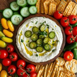 - 1 cup cream cheese, softened to room temperature - 1/2 cup sour cream - 1/2 cup dill pickles, finely chopped - 1/4 cup pickled jalapeños, finely chopped The base of this dip is a creamy blend of cream cheese and sour cream. Cream cheese gives it a rich taste, while sour cream adds a nice tang. Dill pickles bring a crunchy texture and a burst of flavor. Pickled jalapeños add heat to the dip, making it exciting. - 1 cup cherry tomatoes, halved - 1 cucumber, thinly sliced - An assortment of colorful crackers and crispy breadsticks When you serve the dip, it is fun to add colorful sides. Cherry tomatoes are sweet and juicy. Cucumber slices are cool and crisp. Crackers and crispy breadsticks are perfect for dipping. They add crunch and make it more enjoyable. - 2 tablespoons honey - 1 tablespoon Dijon mustard - 1 teaspoon garlic powder - 1 teaspoon onion powder You can make your dip fancy with some extra touches. Honey adds sweetness, balancing the heat. Dijon mustard gives it a tangy kick. Garlic and onion powder boost the flavor, making it even more delicious. You can mix these in or sprinkle them on top for a nice look. For the full recipe, check out the Sweet and Spicy Pickle Dip Board. Start by mixing the cream cheese and sour cream. Place 1 cup of softened cream cheese and 1/2 cup of sour cream in a bowl. Use a hand mixer or spatula to combine them until smooth. This step is key for a creamy dip. Next, add the chopped ingredients. Stir in 1/2 cup of finely chopped dill pickles and 1/4 cup of finely chopped pickled jalapeños. Don’t forget the seasonings! Add 2 tablespoons of honey, 1 tablespoon of Dijon mustard, 1 teaspoon of garlic powder, and 1 teaspoon of onion powder. Mix well to blend the flavors. Now it's time to taste your dip. Add salt and freshly ground pepper to your liking. If you want more sweetness, add more honey. For extra heat, toss in more jalapeños. Adjust the flavors until they fit your taste buds perfectly. Once your dip is mixed, transfer it to a nice serving bowl. Place it at the center of a large board or platter. This makes it the star of the show! Now, arrange your accompaniments around the dip. Add halved cherry tomatoes and sliced cucumbers for freshness. Finally, surround the dip with colorful crackers and crispy breadsticks. This will give everyone plenty of options for dipping. For the full recipe, you can explore the details that will help you create this snack delight! To make your Sweet and Spicy Pickle Dip Board shine, use colorful crackers and fresh vegetables. Look for artisan crackers in bright hues. They add charm and contrast to your dip. Arrange sliced cucumbers and cherry tomatoes around the dip. This not only adds color but also makes it easy for guests to grab snacks. For a finishing touch, garnish the dip with finely chopped dill pickles and jalapeños. This makes the dip look extra inviting and shows off the key ingredients. Pair the dip with crunchy snacks like pretzels or pita chips. These provide a satisfying crunch and complement the dip's creamy texture. For a unique twist, try serving it with crispy breadsticks. The options are endless! Serve the dip at room temperature for the best flavor. If it sits out too long, just give it a quick stir to refresh the taste. To save time, prep your ingredients in advance. Chop the pickles and jalapeños the day before. Store them in the fridge to keep them fresh. You can also mix the dip ahead of time and chill it. On serving day, just pull everything together. This method keeps your board looking great and your stress level low. Follow the Full Recipe for a quick and delicious snack that everyone will love! {{image_4}} You can change the taste of your Sweet and Spicy Pickle Dip easily. Here are some ideas: - Adding herbs or spices: Fresh dill, chives, or parsley can add brightness. A sprinkle of smoked paprika gives a nice depth. You can also try adding a pinch of cayenne for heat. - Swapping ingredients for different flavors: Instead of dill pickles, try bread-and-butter pickles for sweetness. You could even use green olives for a briny twist. Experiment with these ideas to create your perfect dip. Your dip board can be as creative as you like. Here are some fun ways to customize it: - Including various dips or spreads: Add a spicy hummus or a classic ranch dip. This gives your guests more choices and makes the board look colorful. - Adding meats or cheeses for variety: Slices of smoked turkey or salami can add heartiness. Consider including cubes of cheddar or creamy goat cheese to enhance the flavors. A variety of tastes makes your snack board fun and inviting. It's important to cater to different diets. Here are some easy swaps: - Dairy-free substitutes: Use dairy-free cream cheese and yogurt. These options work well and keep the dip creamy. - Gluten-free accompaniments: Serve with rice crackers, veggie sticks, or corn tortilla chips. They make great gluten-free options that everyone can enjoy. These alternatives ensure that everyone can savor your Sweet and Spicy Pickle Dip Board. To keep your Sweet and Spicy Pickle Dip fresh, store it in an airtight container. This helps keep out air and moisture. If you do this, the dip will stay fresh for about 3 to 5 days in the fridge. Always label your container with the date. This way, you’ll know when to use it. You typically won’t need to heat this dip, as it tastes great cold. If you want to warm it, do so gently. Use a microwave on low power, stirring often to avoid hot spots. Avoid overheating, as this can change the dip's creamy texture. For storage, glass or plastic containers with tight seals work best. They keep the dip safe and fresh while stored. If you want to save your dip for later, freezing is a good option. To freeze, place it in a freezer-safe container. Make sure to leave some space at the top for expansion. When you’re ready to eat it, take it out and thaw it in the fridge overnight. While freezing helps with storage, the texture might change a bit. It may become slightly grainy, but the flavor will still shine. To make this dip from scratch, you need a few key ingredients. Here’s what you need: - 1 cup cream cheese, softened - 1/2 cup sour cream - 1/2 cup dill pickles, finely chopped - 1/4 cup pickled jalapeños, finely chopped - 2 tablespoons honey - 1 tablespoon Dijon mustard - 1 teaspoon garlic powder - 1 teaspoon onion powder - Salt and pepper to taste Start by mixing the cream cheese and sour cream until smooth. Then, add the pickles, jalapeños, honey, mustard, and spices. Mix well and taste. Adjust the seasonings to your liking. Finally, serve it on a board with colorful snacks. For the full recipe, check here: [Full Recipe]. When it comes to snacks, variety is key. Here are some great options to serve with your dip: - Cherry tomatoes, halved - Thinly sliced cucumber - Colorful crackers - Crispy breadsticks These snacks add crunch and freshness. They pair well with the dip’s sweet and spicy flavors. You can also add veggies like bell peppers or carrots for extra options. Yes, you can prepare this dip ahead of time. It saves you effort when hosting. Here are some tips: - Make the dip a day in advance. - Store it in an airtight container in the fridge. - If you want, give it a quick stir before serving. This allows the flavors to meld and can enhance the taste. Just remember to serve it cold for the best experience! To sum up, we explored the easy recipe for Sweet and Spicy Pickle Dip. I shared the main ingredients, the step-by-step process, and tips for serving. You can also try different variations, keeping dietary needs in mind. Whether you are hosting a party or enjoying a snack, this dip adds fun to your table. Enjoy the bright flavors and creamy texture. Preparing this dip is simple and rewarding. I hope you try it soon!