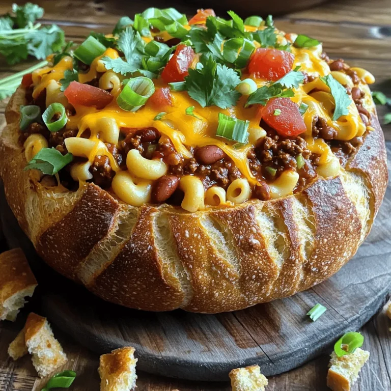 - 1 large round sourdough bread loaf - 2 cups elbow macaroni - 1 lb ground beef or turkey - 1 can (15 oz) chili beans, drained and rinsed - 1 can (14 oz) diced tomatoes with green chilies For the main dish, I like to use a large round sourdough bread loaf. It holds everything well. Elbow macaroni gives a nice bite. Ground beef or turkey adds protein and richness. Chili beans bring that hearty flavor. Diced tomatoes with green chilies offer a spicy kick. - 1 cup shredded sharp cheddar cheese - 1 small onion, finely chopped - 2 cloves garlic, minced - 1 tablespoon chili powder - 1 teaspoon ground cumin - 1 teaspoon smoked paprika - Salt and freshly ground black pepper to taste The cheese makes it creamy and dreamy. Onions and garlic add depth to the flavor. Chili powder, cumin, and smoked paprika give warmth and smokiness. Don't forget salt and black pepper to enhance all the tastes. - Chopped green onions - Fresh cilantro To finish, I love adding chopped green onions and fresh cilantro. They add color and freshness to the dish. You can adjust these garnishes to suit your taste. For the full recipe, check out the detailed steps to bring this Tailgate Chili Mac Bread Bowl to life! First, preheat your oven to 350°F (175°C). This step warms your kitchen and helps bake the bread bowl nicely. Next, take your round sourdough loaf. Carefully slice the top off and hollow it out. Leave about a 1-inch thick crust on all sides. This crust holds the chili mac filling well. Save the bread pieces you remove for later use. You can use them for dipping or as crunchy bites. Now, let’s cook the chili mac filling. Boil water in a large pot. Add a pinch of salt, then cook the elbow macaroni. Follow the package directions until it’s al dente. Once cooked, drain the macaroni and set it aside. In a large skillet over medium heat, brown the ground meat, either beef or turkey. Break it apart as it cooks, about 5-7 minutes. Drain any extra fat. Next, add the chopped onion and minced garlic. Sauté them until the onion is soft and clear, which takes about 3-4 minutes. Now it’s time to mix in the good stuff! Add the chili beans, diced tomatoes, and cooked macaroni to the skillet. Sprinkle in the chili powder, cumin, smoked paprika, salt, and pepper. Stir it well and let it simmer for about 5 minutes. This helps blend all the flavors together. With the filling ready, let’s fill the bread bowl. Generously spoon the chili mac mixture into the hollowed-out bread bowl. Let it overflow a bit for a hearty look. Sprinkle the remaining shredded cheese over the top. This makes it melty and delicious. Now, place the bread bowl on a baking sheet. Bake it in the preheated oven for 20-25 minutes. You want the cheese to be bubbly and the bread lightly toasted. Once baked, take out the baking sheet and let it cool for a few minutes. When ready, slice into the bread bowl and serve warm. Enjoy this cozy dish with friends! For the full recipe, check out the detailed instructions earlier. - Ensuring the macaroni is cooked al dente To get the best texture, cook the macaroni just until it’s firm. This means it should still have a slight bite. Follow the package instructions, but check it a minute or two early. Drain it well to avoid extra water in your dish. - How to avoid a soggy bread bowl To keep your bread bowl from getting soggy, hollow it out carefully. Leave at least an inch of crust. Also, don’t overfill it with chili mac. A little overflow looks great, but too much can make it messy. - Best ways to present the dish I love serving the bread bowl on a wooden board. It gives a nice rustic feel. Add the reserved bread pieces around it for dipping. A sprinkle of green onions and cilantro adds a pop of color. - Recommended sides and beverages Pair the dish with a simple side salad for freshness. A cold beer or a fizzy drink works well, too. This meal is hearty, so keep sides light and refreshing. - Tips for perfect seasoning Taste your chili mac before you bake it. Adjust salt, pepper, or spices as needed. Remember, the cheese will add saltiness, so be careful not to over-season. - Preventing overflow during baking To prevent overflow, fill your bread bowl just to the top. If you have a lot of extra filling, save it on the side. You can serve it in small cups for extra fun. For the full recipe, check out the [Full Recipe]. {{image_4}} You can make a meatless version of this dish. Use plant-based ground meat for a great taste. It mimics beef or turkey well. You can also try a vegetarian bean chili. Use a mix of black beans, kidney beans, and pinto beans. This will add protein and flavor. Want it mild? Skip the chili powder, or use less. For heat, add cayenne pepper or red pepper flakes. You can also toss in jalapeños for a fresh kick. Experiment with spices like oregano or thyme for extra flavor. Top with sliced jalapeños or a dash of hot sauce for a bold finish. You can swap the sourdough for other breads. Try a crusty baguette or a soft Italian loaf. They all work well. For gluten-free options, use gluten-free bread. Just ensure it is sturdy enough. This way, you can still enjoy this dish with your crowd. To store your Tailgate Chili Mac Bread Bowl, first, let it cool. Once cooled, wrap it in plastic wrap or aluminum foil. Place it in an airtight container. You can keep it in the fridge for up to three days. After that, the bread may become soggy and less tasty. When you reheat, you want to keep the bread from getting too hard. Preheat your oven to 350°F (175°C). Place the bowl on a baking sheet. Heat for about 10-15 minutes. Check after 10 minutes to see if it’s warm. You can also microwave the chili mac filling if you prefer. Just put it in a bowl, cover it with a paper towel, and heat for 1-2 minutes. Another option is to serve it over nacho chips for a fun twist! To freeze the filled bread bowl, wrap it tightly in plastic wrap. Then put it in a freezer bag. You can freeze it for up to three months. When you’re ready to eat, thaw it in the fridge overnight. To reheat, follow the steps above. If you want to freeze the chili mac separately, let it cool first. Then, place it in a freezer-safe container. It can also last for three months. Just thaw and reheat when you are ready to enjoy it again. You can easily make this dish vegetarian. Simply swap the ground beef or turkey for plant-based meat. You can use lentils or black beans for a hearty texture. Add extra veggies like bell peppers or zucchini for added flavor. Use vegetable broth instead of meat broth to enhance the taste. This way, you keep the dish full of flavor while making it meat-free. Yes, you can prep the filling in advance. Cook the chili mac mix, let it cool, then store it in an airtight container in the fridge. You can keep it for up to three days. When you're ready, just reheat the filling before adding it to the bread bowl. This saves time on game day and keeps your tailgate stress-free. If you can't find sourdough, there are great alternatives. You can use a round baguette, ciabatta, or even a crusty round loaf. Just make sure the bread is sturdy enough to hold the filling. Gluten-free options exist too, like gluten-free bread loaves, for those with dietary needs. You can keep leftovers for about three days in the fridge. Store the filling separately from the bread bowl to prevent sogginess. Use airtight containers to maintain freshness. If you want to keep it longer, you can freeze the filling for up to three months. Just thaw it overnight in the fridge before reheating. Absolutely! While sharp cheddar is fantastic, you can try other cheeses too. Monterey Jack or pepper jack adds a nice kick. You can even mix in some cream cheese for extra creaminess. The cheese blends well with the chili mac and enhances the overall flavor. Use whatever you enjoy most! For the full recipe, check out the Tailgate Chili Mac Bread Bowl. In this post, I covered how to make a Tailgate Chili Mac Bread Bowl, from essential ingredients to serving options. You explored the right techniques for preparing the bread and cooking the chili mac filling. I shared tips to enhance flavor and avoid common mistakes. Remember, you can easily adjust the spice level or make it meatless to fit your taste. This dish brings fun and comfort to any gathering. Enjoy your cooking and impress your friends with this delicious creation.