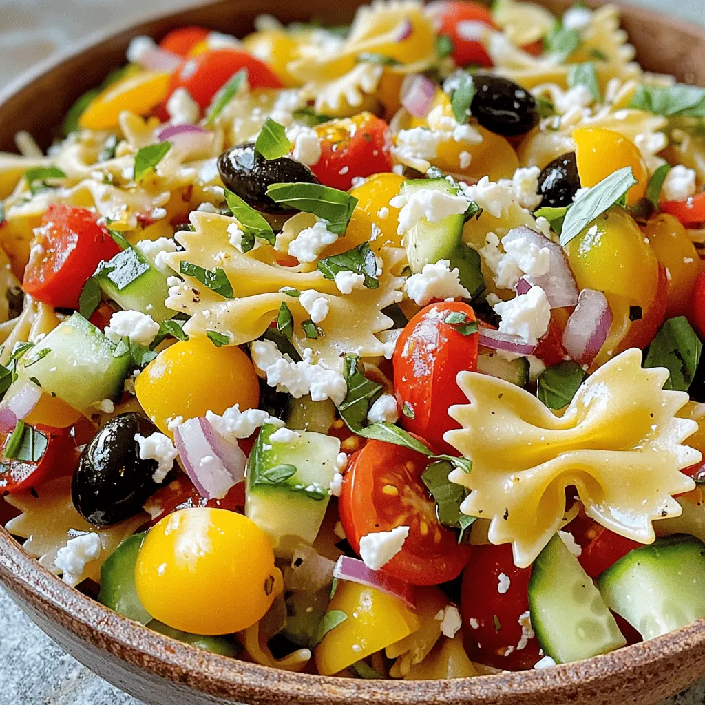 To make a tasty Bow Tie Pasta Salad, you will need these key ingredients: - 2 cups bow tie pasta - 1 cup cherry tomatoes, halved - 1 cup cucumber, diced - 1 bell pepper (any color), chopped - 1/2 red onion, finely chopped - 1/2 cup feta cheese, crumbled - 1/4 cup black olives, sliced - 1/4 cup fresh basil, chopped - 1/4 cup olive oil - 3 tablespoons balsamic vinegar - Salt and pepper to taste You can make this salad your own by adding some optional ingredients: - 1 cup cooked chicken, diced - 1/2 cup corn, cooked - 1/4 cup artichoke hearts, chopped - 1/4 cup sun-dried tomatoes, sliced These options let you change the flavor and texture to suit your taste. If you can't find something on the list, don't worry! Here are some easy swaps: - Use farfalle or rotini pasta instead of bow tie pasta. - Swap feta cheese for goat cheese or mozzarella. - Try red wine vinegar in place of balsamic vinegar. - Substitute any fresh herbs like parsley or oregano for basil. These substitutions keep the dish fresh and delicious while making it fit your needs. For more, check out the Full Recipe. To cook bow tie pasta, start with a large pot. Fill it with about 4 quarts of salted water and bring it to a boil. Once the water bubbles, add 2 cups of bow tie pasta. Cook it according to the package instructions, usually 8 to 10 minutes for al dente. After cooking, drain the pasta in a colander. Rinse it under cold water to stop the cooking process and cool it down. While the pasta cooks, prepare your veggies. Start with 1 cup of cherry tomatoes. Slice them in half. Next, take 1 cup of cucumber and dice it into small pieces. Chop 1 bell pepper into bite-sized bits. Finally, finely chop 1/2 of a red onion. Gather all the chopped vegetables in a large mixing bowl for easy access. Once the pasta is cool, add it to your bowl of chopped veggies. Now, add the flavor! Toss in 1/2 cup of crumbled feta cheese, 1/4 cup of sliced black olives, and 1/4 cup of fresh basil. For the dressing, whisk together 1/4 cup of olive oil, 3 tablespoons of balsamic vinegar, and a pinch of salt and pepper in a small bowl. Pour the dressing over the pasta and veggies. Gently mix everything with a large spoon. Make sure the dressing coats all the ingredients evenly. To finish, cover the bowl and chill it in the fridge for at least 30 minutes. This lets all the flavors come together. Enjoy your fresh and flavorful bow tie pasta salad! For a detailed recipe, check the Full Recipe. When cooking bow tie pasta, always use plenty of water. This helps the pasta cook evenly. Add a pinch of salt to the water for flavor. Cook the pasta until it is al dente; this means it should be firm but not hard. Drain it right away and rinse with cold water to stop the cooking process. To make your pasta salad pop, use fresh herbs. Basil, parsley, or even dill can add a burst of taste. Don’t shy away from adding a squeeze of lemon juice for brightness. You can also mix in spices like garlic powder or red pepper flakes for extra zest. A good dressing is key; olive oil and balsamic vinegar work well together. Serve your pasta salad in a large, bright bowl. This showcases the vibrant colors of the vegetables. For a nice touch, sprinkle some extra feta cheese on top. Garnish with whole basil leaves for freshness. If you want to impress, add a drizzle of balsamic glaze over the top before serving. Try these tips to elevate your Bow Tie Pasta Salad Delight! For the full recipe, check out the earlier section. {{image_4}} You can easily make your bow tie pasta salad gluten-free. Use gluten-free pasta made from rice or quinoa. Whole wheat pasta is another good choice. It adds fiber and a nutty flavor. Just cook it like regular pasta, following the package directions. Both options keep the salad tasty and satisfying. Want to add some protein? Grilled chicken or shrimp works well. Cook the chicken until it is golden. For shrimp, sauté until they are pink and opaque. Chop them into bite-sized pieces and mix them into the salad. You can also use canned chickpeas for a veggie option. They add protein and a nice texture. In summer, use fresh veggies like zucchini or corn. They add a crisp bite and bright color. For winter, try roasted vegetables like sweet potatoes or Brussels sprouts. They give warmth and depth to the salad. Mix and match based on what is in season. This keeps your salad fresh and exciting all year long. For more ideas, check the Full Recipe. Storing leftover bow tie pasta salad is easy. First, let it cool down. Once it is cool, transfer it to a clean container. Make sure to seal it tightly. This keeps the salad fresh. You can store it in the fridge for up to three days. If you want to keep it longer, freeze it. However, freezing may change the texture. For best results, use glass or plastic containers with tight lids. Glass containers help keep the salad fresh and do not stain. Plastic containers are light and easy to handle. If you have smaller portions, use smaller containers. This makes it easy to grab a quick snack. Always label your containers with the date. This way, you know how long the salad has been stored. Bow tie pasta salad is best enjoyed cold. If you prefer it warm, you can gently reheat it. First, add a little olive oil to a pan. Heat it on low. Then, add the salad and stir it for a few minutes. Make sure not to overheat it. This can make the pasta mushy. After warming, serve it right away. Enjoy your meal! For the full recipe, check out Bow Tie Pasta Salad Delight. Yes, you can make Bow Tie Pasta Salad in advance. I often prepare it a day before. This way, the flavors blend well. Just store it in the fridge until you’re ready to serve. Remember to toss it lightly before serving to mix the ingredients again. Bow Tie Pasta Salad stays fresh for about 3 to 5 days in the fridge. Make sure to keep it in an airtight container. If you notice any changes in smell or texture, it's best to discard it. Enjoy it cold or at room temperature throughout the week. Bow Tie Pasta Salad pairs well with many dishes. You can serve it with grilled chicken or shrimp for protein. It also works great alongside garlic bread or a light soup. For a fresh touch, add a side of mixed greens or fruit salad. This mix creates a balanced meal that is both tasty and satisfying. We covered all the steps to make a great bow tie pasta salad. You learned about ingredients, cooking, and fun variations. Remember to play with flavors and adjust to your taste. Storing it right keeps it fresh longer. Whether you’re serving it for a party or a simple dinner, this dish shines. Now, go ahead and enjoy making your own tasty pasta salad!