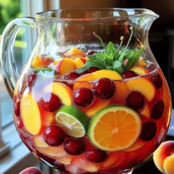 To create a refreshing Sunset Cherry Peach Sangria, gather these simple ingredients: - 2 cups pure cherry juice - 1 cup peach nectar - 1 cup sparkling water - 1 cup fresh cherries, pitted and halved - 1 ripe peach, sliced into wedges - 1 orange, thinly sliced - 1 lime, thinly sliced - A handful of fresh mint leaves, for garnish - Optional agave syrup or honey, for extra sweetness Using high-quality ingredients makes a big difference. I always choose 100% juice with no added sugar for the cherry juice. Fresh fruits add great flavor and color. Ripe peaches and bright cherries create a lovely balance. The sparkling water brings a fun fizz, making it bubbly and exciting. Feel free to adjust the sweetness. If you like it sweeter, add agave syrup or honey. Remember, you can always taste as you go! This sangria is perfect for summer days. It's easy to make and sure to impress your guests. You can find the full recipe above. To start, combine the cherry juice and peach nectar. Pour both into a large pitcher. Use a spoon to stir until they blend well. You want a smooth color without chunks. Next, add the fresh fruits into the mixture. Carefully drop in the pitted cherries, peach wedges, orange, and lime slices. Spread them evenly for color and flavor. If you like it sweeter, you can add optional sweeteners. Drizzle in agave syrup or honey. Stir again until the sweetener mixes in fully. Now, pour in the sparkling water. This will make your sangria fizzy and fun! Stir gently so you keep the bubbles. For a lovely finish, garnish with fresh mint. You can tear the leaves a bit to release their scent. This step adds a nice touch to your drink. Let the sangria chill in the fridge for at least 30 minutes. This waiting time helps all the flavors meld together. Your sangria will taste even better after it sits! When you’re ready to serve, fill glasses with ice. Pour the sangria over the ice. Garnish each glass with a mint sprig or a peach slice for a pretty look. For the full recipe, check out the detailed instructions. Enjoy a refreshing summer drink! Choosing ripe fruits is key. Look for cherries that are deep red and firm. They should smell sweet. For peaches, find ones that yield slightly to pressure. This means they are juicy and ready. Sweetness is also important. Some fruits are sweeter than others. If you prefer a sweeter drink, add more agave syrup or honey. Start with a small amount, then taste. Adjust until it’s just right for you. Clear glasses work best for sangria. They show off the vibrant colors. You can add fun straws or a small umbrella for a festive feel. Pair your sangria with light snacks. Think fruit skewers, cheese, or fresh salads. These foods enhance the flavors and make for a perfect outdoor gathering. Enjoy your Sunset Cherry Peach Sangria with friends for a refreshing summer treat! {{image_4}} You can switch up the fruits in your sangria. Berries add a burst of flavor. Try strawberries, blueberries, or raspberries for a new twist. Citrus fruits bring a bright zing. Add slices of lemon or grapefruit for extra freshness. Mixing in seasonal fruits can also make your sangria special. Think about using watermelon or pineapple in summer. You can also experiment with different juices. Instead of peach nectar, use mango or pineapple juice. This change adds a tropical vibe to your drink. You can create endless combinations. Just remember to balance sweet and tart flavors. Want to add a kick to your sangria? You can incorporate wine or spirits. Use a light white wine for a classic taste. Pinot Grigio or Sauvignon Blanc works well. If you prefer something sweeter, try a Moscato or Riesling. For a stronger mix, add spirits like vodka or rum. They blend well with the fruity flavors. You can also consider flavored liqueurs. Peach schnapps or cherry brandy can enhance the taste. If you're looking for ideas, use sparkling wine as a mixer. Combine it with the cherry juice and peach nectar for a fizzy treat. Just remember to adjust the sweetness as you mix in alcohol. Enjoy the process of finding your perfect blend! To store leftover sangria, pour it into a clean, airtight container. This helps keep the flavors fresh. You can store it in the refrigerator for up to three days. The longer it sits, the more the fruit will infuse the drink, but it may lose some fizz. Can sunset cherry peach sangria be frozen? Yes, you can freeze it! However, the fruit may become mushy after thawing. For the best taste, freeze it without the sparkling water. When you want to enjoy it again, thaw it in the fridge overnight. Serve it cold, but add fresh sparkling water before drinking for a bubbly kick. Can I make Sunset Cherry Peach Sangria ahead of time? Yes, you can make this sangria ahead of time. I suggest preparing it at least 30 minutes before serving. This allows the flavors to blend well. If you want to make it even earlier, chill it overnight. Just add the sparkling water right before serving. This keeps the fizz fresh. What grapes or wines pair well with this sangria? You can use many wines to enhance the sangria. A light white wine works best. I often use Sauvignon Blanc or Pinot Grigio. These wines add a crisp flavor. You can also try red wines like Merlot. Just remember to keep it light and fruity. What to do if the sangria is too sweet? If your sangria is too sweet, add more citrus. Squeeze in some extra lime or orange juice. This will balance the sweetness. You can also add more sparkling water to dilute the mix. Taste and adjust until it’s just right. How to add carbonation without losing fizz? To keep the fizz, add the sparkling water last. Pour it in gently. Stir lightly to mix, but do not shake. This will help keep the bubbles intact. Serve immediately for the best fizz in your drink. For the full recipe, check out the detailed instructions above. Enjoy making your sangria! You learned how to make a refreshing Sunset Cherry Peach Sangria. We covered key ingredients like cherry juice, peach nectar, and fresh fruits. I shared step-by-step instructions, tips for enhancing flavor, and ways to adapt the recipe. Whether you want a non-alcoholic or boozy version, there are options. Remember, you can store any leftovers or even freeze the sangria for later. Enjoy this drink at your next gathering. It's perfect for sharing and good times. Happy mixing!