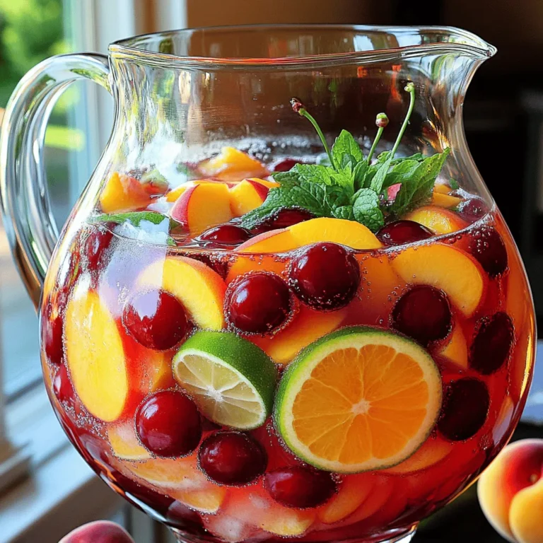 To create a refreshing Sunset Cherry Peach Sangria, gather these simple ingredients: - 2 cups pure cherry juice - 1 cup peach nectar - 1 cup sparkling water - 1 cup fresh cherries, pitted and halved - 1 ripe peach, sliced into wedges - 1 orange, thinly sliced - 1 lime, thinly sliced - A handful of fresh mint leaves, for garnish - Optional agave syrup or honey, for extra sweetness Using high-quality ingredients makes a big difference. I always choose 100% juice with no added sugar for the cherry juice. Fresh fruits add great flavor and color. Ripe peaches and bright cherries create a lovely balance. The sparkling water brings a fun fizz, making it bubbly and exciting. Feel free to adjust the sweetness. If you like it sweeter, add agave syrup or honey. Remember, you can always taste as you go! This sangria is perfect for summer days. It's easy to make and sure to impress your guests. You can find the full recipe above. To start, combine the cherry juice and peach nectar. Pour both into a large pitcher. Use a spoon to stir until they blend well. You want a smooth color without chunks. Next, add the fresh fruits into the mixture. Carefully drop in the pitted cherries, peach wedges, orange, and lime slices. Spread them evenly for color and flavor. If you like it sweeter, you can add optional sweeteners. Drizzle in agave syrup or honey. Stir again until the sweetener mixes in fully. Now, pour in the sparkling water. This will make your sangria fizzy and fun! Stir gently so you keep the bubbles. For a lovely finish, garnish with fresh mint. You can tear the leaves a bit to release their scent. This step adds a nice touch to your drink. Let the sangria chill in the fridge for at least 30 minutes. This waiting time helps all the flavors meld together. Your sangria will taste even better after it sits! When you’re ready to serve, fill glasses with ice. Pour the sangria over the ice. Garnish each glass with a mint sprig or a peach slice for a pretty look. For the full recipe, check out the detailed instructions. Enjoy a refreshing summer drink! Choosing ripe fruits is key. Look for cherries that are deep red and firm. They should smell sweet. For peaches, find ones that yield slightly to pressure. This means they are juicy and ready. Sweetness is also important. Some fruits are sweeter than others. If you prefer a sweeter drink, add more agave syrup or honey. Start with a small amount, then taste. Adjust until it’s just right for you. Clear glasses work best for sangria. They show off the vibrant colors. You can add fun straws or a small umbrella for a festive feel. Pair your sangria with light snacks. Think fruit skewers, cheese, or fresh salads. These foods enhance the flavors and make for a perfect outdoor gathering. Enjoy your Sunset Cherry Peach Sangria with friends for a refreshing summer treat! {{image_4}} You can switch up the fruits in your sangria. Berries add a burst of flavor. Try strawberries, blueberries, or raspberries for a new twist. Citrus fruits bring a bright zing. Add slices of lemon or grapefruit for extra freshness. Mixing in seasonal fruits can also make your sangria special. Think about using watermelon or pineapple in summer. You can also experiment with different juices. Instead of peach nectar, use mango or pineapple juice. This change adds a tropical vibe to your drink. You can create endless combinations. Just remember to balance sweet and tart flavors. Want to add a kick to your sangria? You can incorporate wine or spirits. Use a light white wine for a classic taste. Pinot Grigio or Sauvignon Blanc works well. If you prefer something sweeter, try a Moscato or Riesling. For a stronger mix, add spirits like vodka or rum. They blend well with the fruity flavors. You can also consider flavored liqueurs. Peach schnapps or cherry brandy can enhance the taste. If you're looking for ideas, use sparkling wine as a mixer. Combine it with the cherry juice and peach nectar for a fizzy treat. Just remember to adjust the sweetness as you mix in alcohol. Enjoy the process of finding your perfect blend! To store leftover sangria, pour it into a clean, airtight container. This helps keep the flavors fresh. You can store it in the refrigerator for up to three days. The longer it sits, the more the fruit will infuse the drink, but it may lose some fizz. Can sunset cherry peach sangria be frozen? Yes, you can freeze it! However, the fruit may become mushy after thawing. For the best taste, freeze it without the sparkling water. When you want to enjoy it again, thaw it in the fridge overnight. Serve it cold, but add fresh sparkling water before drinking for a bubbly kick. Can I make Sunset Cherry Peach Sangria ahead of time? Yes, you can make this sangria ahead of time. I suggest preparing it at least 30 minutes before serving. This allows the flavors to blend well. If you want to make it even earlier, chill it overnight. Just add the sparkling water right before serving. This keeps the fizz fresh. What grapes or wines pair well with this sangria? You can use many wines to enhance the sangria. A light white wine works best. I often use Sauvignon Blanc or Pinot Grigio. These wines add a crisp flavor. You can also try red wines like Merlot. Just remember to keep it light and fruity. What to do if the sangria is too sweet? If your sangria is too sweet, add more citrus. Squeeze in some extra lime or orange juice. This will balance the sweetness. You can also add more sparkling water to dilute the mix. Taste and adjust until it’s just right. How to add carbonation without losing fizz? To keep the fizz, add the sparkling water last. Pour it in gently. Stir lightly to mix, but do not shake. This will help keep the bubbles intact. Serve immediately for the best fizz in your drink. For the full recipe, check out the detailed instructions above. Enjoy making your sangria! You learned how to make a refreshing Sunset Cherry Peach Sangria. We covered key ingredients like cherry juice, peach nectar, and fresh fruits. I shared step-by-step instructions, tips for enhancing flavor, and ways to adapt the recipe. Whether you want a non-alcoholic or boozy version, there are options. Remember, you can store any leftovers or even freeze the sangria for later. Enjoy this drink at your next gathering. It's perfect for sharing and good times. Happy mixing!