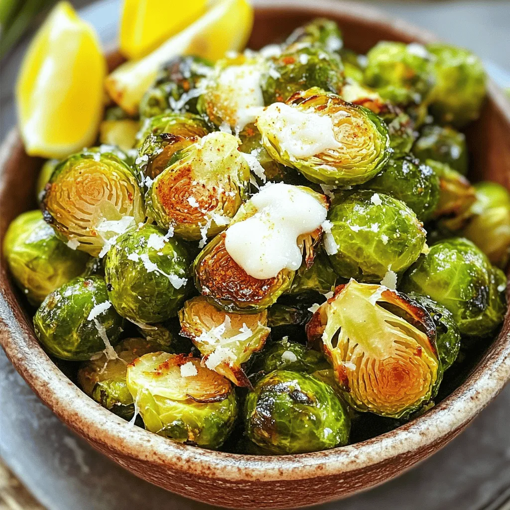 - 1 lb fresh Brussels sprouts, trimmed and halved - 2 tablespoons extra virgin olive oil - 1 teaspoon garlic powder - 1 teaspoon onion powder - 1/2 teaspoon smoked paprika - Sea salt and freshly ground black pepper, to taste - 1/4 cup freshly grated Parmesan cheese (optional) - Fresh lemon wedges for serving - Different seasoning blends - Additional toppings like bacon or nuts - Air fryer - Mixing bowl - Knife and cutting board The ingredients for crispy air fryer Brussels sprouts are simple and fresh. I love Brussels sprouts because they are versatile and packed with flavor. Start with one pound of fresh sprouts. Trim off the tough ends and slice them in half. This helps them cook evenly. Next, I drizzle in two tablespoons of extra virgin olive oil. The oil not only adds flavor but also helps achieve that crispy texture we all love. Then, I add one teaspoon each of garlic powder and onion powder. These spices bring warmth and depth to the dish. For a little kick, I sprinkle in half a teaspoon of smoked paprika. This gives the sprouts a nice smoky flavor. Finally, I season with sea salt and freshly ground black pepper to taste. If you want to elevate the dish, add a quarter cup of freshly grated Parmesan cheese during the last minutes of cooking. Don’t forget fresh lemon wedges! They brighten the dish and add a refreshing touch when you serve them. You can customize this recipe with different seasoning blends or toppings. Try adding crispy bacon or nuts for crunch. This makes every bite exciting and unique. To make this dish, you’ll need an air fryer, a mixing bowl, and a sharp knife with a cutting board. These tools help you prepare and cook the Brussels sprouts easily and efficiently. For the full recipe, you can refer to the earlier section. Enjoy cooking! First, you need to trim and halve the Brussels sprouts. Use a sharp knife to cut off the stem ends. Then, slice each sprout in half lengthwise. This helps them cook evenly. Next, preheat the air fryer. Set it to 380°F (190°C) and let it warm up for about 5 minutes. This step is key for making sure your sprouts get crispy. Now it’s time to season the sprouts. In a large mixing bowl, add the halved Brussels sprouts. Drizzle 2 tablespoons of extra virgin olive oil over them. Then, sprinkle in 1 teaspoon each of garlic powder and onion powder, plus 1/2 teaspoon of smoked paprika. Add sea salt and freshly ground black pepper to taste. Mix everything well. Use your hands or a spoon to coat the Brussels sprouts evenly. This ensures every bite is full of flavor. Carefully place the seasoned Brussels sprouts in the air fryer basket. Make sure they’re in a single layer for best results. If you have too many, cook them in batches. Set the air fryer to cook for 15-20 minutes. About halfway through, pause the cooking and shake the basket. This helps the sprouts cook evenly and get that nice crunch. When they’re golden brown and crispy, they’re ready. If you want, sprinkle 1/4 cup of grated Parmesan cheese on top during the last 2 minutes of cooking. This adds a delicious layer of flavor. Once done, transfer the crispy Brussels sprouts to a serving dish. Squeeze some fresh lemon juice over them just before serving. This brightens the dish and enhances the taste. Enjoy your crispy air fryer Brussels sprouts! For more details, check the Full Recipe. To get your Brussels sprouts super crispy, avoid overcrowding the air fryer. If you pack too many in, they will steam instead of crisp. Cook in batches if needed. You also want to adjust the cooking time for different sizes. Larger sprouts may need a bit more time, while smaller ones cook faster. Keep an eye on them for that golden brown look. Adding cheese can make a big difference. During the last few minutes of cooking, sprinkle some Parmesan cheese on top. It melts nicely and adds a great flavor. Another trick is to squeeze fresh lemon juice just before you serve them. This brightens up the dish and adds a fresh taste that pairs well with the crispy texture. When serving, think about presentation. A rustic bowl can showcase your crispy sprouts. Add some lemon wedges on the side for color and flavor. These Brussels sprouts go well with many mains. Try them alongside grilled chicken, steak, or even a hearty grain bowl. They bring a nice crunch and taste to your meal. For the full recipe, visit the [Full Recipe]. {{image_4}} You can easily change the flavor of your Brussels sprouts. For a spicy garlic version, add red pepper flakes or chili powder. This will give them a nice kick. If you prefer fresh herbs, try rosemary or thyme. Mixing these in will add a lovely aroma and taste. Making Brussels sprouts vegan is simple. Just skip the Parmesan cheese or use a vegan alternative. You can find great plant-based cheese at many stores. For gluten-free options, stick to your basic seasonings. All the listed spices are gluten-free and safe to use. If you don’t have an air fryer, don’t worry. You can make these in the oven. Just set it to 425°F (220°C). Spread the sprouts on a baking sheet and cook for about 25-30 minutes. Shake them halfway through for even cooking. You can also sauté them on the stove. Heat a pan over medium heat, add oil, and cook until they are golden and crispy. Each method will give you delicious, crispy Brussels sprouts. To store your crispy Brussels sprouts, let them cool first. Place them in an airtight container. Keep them in the fridge for up to three days. If you want to keep them crispy, avoid stacking them. This helps prevent sogginess. When reheating in the air fryer, set it to 350°F (175°C). Place the sprouts in the basket and heat for about 5-7 minutes. This method keeps them crispy. If you don't have an air fryer, you can use an oven. Set it to 375°F (190°C) and bake for 10 minutes. The microwave is quick, but it may make them soft. If you use a microwave, heat for 1-2 minutes. You can freeze Brussels sprouts, but it’s best to blanch them first. Boil them for 3 minutes, then cool in ice water. Drain and pack them in freezer bags. They can last up to three months. To use, thaw them overnight in the fridge. After that, reheat them in your air fryer or oven. This will help retain their texture and flavor. For the Full Recipe, refer back to the top! Yes, you can! If you don’t have an air fryer, you can roast Brussels sprouts in the oven. Preheat your oven to 425°F (220°C). Toss the halved sprouts with olive oil, salt, and your favorite spices. Spread them on a baking sheet in one layer. Roast for about 25-30 minutes, flipping halfway through. This method gives you a nice crisp too. You can also pan-fry them in a skillet for a quicker option. Brussels sprouts typically take 15-20 minutes in an air fryer. Preheat the air fryer to 380°F (190°C) before cooking. Shake the basket halfway through to ensure even cooking. Look for a golden brown color and a crunchy texture. If your sprouts are larger, they may need a few extra minutes. The best way to season Brussels sprouts is simple. Use olive oil, sea salt, and black pepper. You can add garlic powder, onion powder, or smoked paprika for extra flavor. For a twist, try adding balsamic vinegar or lemon zest. A sprinkle of Parmesan cheese near the end of cooking also adds a tasty touch. Experiment with your favorite spices to find your perfect mix. This blog post covered how to make crispy Brussels sprouts in an air fryer. We discussed essential ingredients, easy steps, and helpful tips. You learned methods for adding flavor and variations for different diets. Storing and reheating leftovers can keep your dish fresh. Enjoy experimenting with this nutritious vegetable. With these simple steps, you can make Brussels sprouts your new favorite dish!