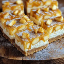 - 1 ½ cups graham cracker crumbs - ½ cup unsalted butter, melted - 1/3 cup granulated sugar - 2 (8 oz) packages cream cheese, softened at room temperature - 1 cup powdered sugar - 2 large eggs, at room temperature - 1 teaspoon vanilla extract - 2 large apples, peeled and diced (preferably Granny Smith for tartness) - 1 teaspoon ground cinnamon - ½ cup caramel sauce (store-bought or homemade) - Optional: chopped walnuts or pecans for topping The base of these bars starts with a crunchy graham cracker crust. Mix the crumbs with melted butter and sugar. This mix gives a sweet and buttery flavor to the bottom layer. Next comes the cheesecake filling. Use softened cream cheese for smoothness. The powdered sugar adds sweetness. Eggs help it set while baking. Vanilla extract adds a warm touch. Now, let’s add the apples! Dicing them gives you small bites of fruit in every bar. I like using Granny Smith apples for their tartness. They balance the sweetness of the caramel and cheesecake. Ground cinnamon is a must; it adds warmth and spice. The caramel sauce is the star! It can be homemade or store-bought. Drizzling this on top makes it extra special. You can also sprinkle chopped walnuts or pecans for some crunch. - Baking pan (9x9 inch) - Mixing bowls - Hand mixer or stand mixer - Spatula - Cooking spray or parchment paper To make these bars, you need a few tools. A 9x9 inch baking pan works best for even baking. Mixing bowls are essential for combining your ingredients. A hand mixer or stand mixer helps beat the cream cheese smoothly. You’ll also need a spatula to spread the filling evenly. Lastly, using cooking spray or parchment paper ensures easy removal of the bars after baking. - Calories per serving: Approximately 250 - Macronutrient breakdown: - Fat: 15g - Carbohydrates: 30g - Protein: 4g Knowing the nutritional info can help you enjoy these bars mindfully. Each serving has around 250 calories. The fat comes mostly from the cream cheese and butter. The carbs mainly come from the graham crackers and sugar. While these bars are a treat, they also provide a bit of protein from the eggs and cream cheese. For more details, check the [Full Recipe]. - Preheat the oven to 350°F (175°C). - Combine graham cracker crumbs, melted butter, and sugar. - Press mixture into the prepared baking pan and bake. To start, you need to preheat your oven. This step ensures that your crust bakes evenly. While the oven warms up, grab a medium bowl. Mix graham cracker crumbs, melted butter, and sugar until it looks like wet sand. This mixture is your crust. Next, take a 9x9 inch baking pan and press the crumb mix firmly into the bottom. You want a nice, even layer. Bake this in the oven for about 10 minutes. Once it’s done, let it cool a bit. - Beat cream cheese until smooth and creamy. - Gradually add powdered sugar and mix until silky. - Incorporate eggs and vanilla extract. Now it's time to make the cheesecake filling. In a large mixing bowl, beat the cream cheese with a hand mixer. You want it to be smooth and creamy. Slowly add the powdered sugar while mixing. This step makes the filling silky and sweet. Next, crack in the eggs one at a time. Mix well after each one. Finally, add the vanilla extract and stir until it’s fully combined. - Fold in diced apples and cinnamon. - Pour batter over crust and swirl in caramel sauce. - Bake and cool before refrigerating. For the fun part, fold in your diced apples and cinnamon. This adds a lovely flavor to your bars. Take the cheesecake batter and pour it over your cooled crust. Spread it out evenly. Then, take your caramel sauce and drizzle half of it on top. Use a knife to swirl it gently into the batter. This creates a beautiful marbled look. Bake the entire pan for 30-35 minutes. The edges should be set, but the center can still jiggle a bit. Once baked, let it cool for about an hour at room temperature. Then refrigerate your bars for at least two hours before slicing into them. Using room temperature ingredients is key. When everything is warm, it mixes better. This helps avoid lumps in the batter. Start by letting your cream cheese and eggs sit out for about 30 minutes. Next, be careful not to overmix the cheesecake batter. Mix just until combined. Overmixing can result in a dense texture instead of a light one. For the best look and taste, garnish your cheesecake bars. A drizzle of caramel sauce looks great. Chopped nuts add a nice crunch. You can also add fresh apple slices for a pop of color. When it comes to drinks, coffee pairs well with this dessert. Tea can also complement the flavors nicely. A light dessert wine can add a touch of elegance. One common mistake is not cooling the crust enough. If it is warm, the cheesecake filling can melt into it. Make sure to let it cool completely before adding the filling. Another mistake is cutting the bars too soon. They need time in the fridge to set properly. Wait at least two hours after baking before slicing. This gives you clean edges and a nice presentation. {{image_4}} You can easily make these bars gluten-free. Use gluten-free graham crackers instead of regular ones. Brands like Kinnikinnick or Schär offer great options. To modify the recipe, simply substitute the graham cracker crumbs with the gluten-free crumbs. The rest of the ingredients remain the same. You still get that tasty crust without the gluten. For a vegan version, you can swap cream cheese with a plant-based option. Brands like Tofutti or Kite Hill work well. Instead of eggs, use flax eggs. Mix 1 tablespoon of ground flaxseed with 2.5 tablespoons of water to replace one egg. Use a plant-based caramel sauce, which you can find in stores or make at home. These swaps keep the dessert creamy and delicious. Using different apples can change the taste of your cheesecake bars. Try Fuji or Honeycrisp apples for a sweeter flavor. For extra warmth, add spices like nutmeg or ginger. A pinch of nutmeg can give a cozy feel, while ginger adds a bit of zing. These flavor additions can make your bars even more delightful. For the complete recipe, check out [Full Recipe]. To keep your caramel apple cheesecake bars fresh, store them in the refrigerator. Place them in an airtight container to avoid drying out. If you want to keep them longer, you can freeze them. Wrap each bar tightly in plastic wrap, then place them in a freezer bag. This keeps them safe from freezer burn. You can keep cheesecake bars in the fridge for about five days. If you freeze them, they can last up to three months. Check for signs of spoilage like an off smell or a change in texture. If they look or smell strange, it’s best to throw them out. To reheat, use the oven for the best results. Preheat it to 350°F (175°C). Place the bars on a baking sheet and warm for about 10 minutes. This helps keep the creamy texture. If you use a microwave, heat them in short bursts. Start with 15 seconds to avoid making them too hot or soggy. The cheesecake bars should chill for at least 2 hours. This time helps them set properly. If you want the best texture, chill them longer if possible. The longer they chill, the better the flavors meld together. Yes, you can use other apple types. I recommend Granny Smith for a tart taste. Honeycrisp works well if you prefer a sweeter flavor. Just remember, the type of apple changes the taste and texture. Absolutely! You can prepare the cheesecake bars a day ahead. Store them in the fridge after they cool. Use an airtight container to keep them fresh. This makes them a great make-ahead dessert for any occasion. To cut cheesecake bars, use a sharp knife. Dip the knife in hot water, then wipe it dry. This method gives you clean, even squares. For neat edges, cut them straight down and avoid sawing back and forth. This blog post covered how to make delicious cheesecake bars using simple ingredients. We discussed prepping the crust, making the filling, and avoiding common mistakes. You learned tips for perfect texture and how to store them well. Variations for gluten-free and vegan diets ensure everyone can enjoy these treats. Enjoy making these cheesecake bars and impress your friends and family with your skills! Happy baking!