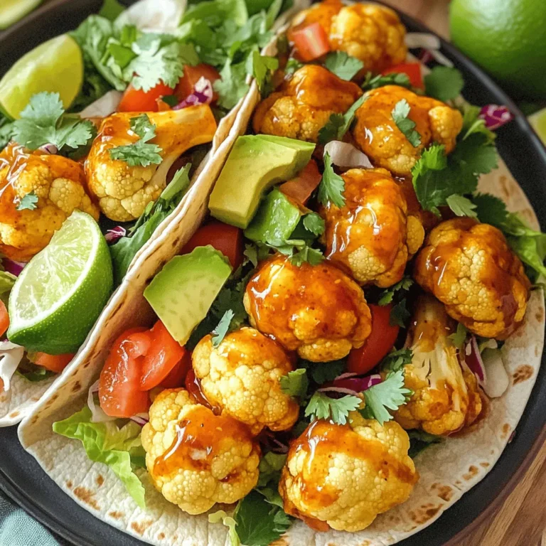 To make Honey Chipotle Cauliflower Wing Wraps, you need fresh, simple ingredients. Here’s what to gather: - 1 medium head of cauliflower, separated into florets - 1 tablespoon extra virgin olive oil - 1 teaspoon smoked paprika - ½ teaspoon garlic powder - ½ teaspoon sea salt - ½ teaspoon ground black pepper - 1 tablespoon pure honey - 1 tablespoon chipotle sauce (adjust for desired heat) - 4 large whole wheat tortillas - 1 cup shredded lettuce (preferably romaine for crunch) - ½ cup diced ripe tomatoes - ½ cup fresh cilantro, roughly chopped - ½ cup ripe avocado, sliced - Lime wedges for fresh garnish These ingredients create a balance of flavors and textures. The cauliflower brings a nice crunch, while the honey and chipotle add a sweet and spicy kick. If you have certain dietary needs, you can swap some ingredients. Here are a few ideas: - Use olive oil spray instead of extra virgin olive oil for fewer calories. - Replace honey with agave syrup for a vegan option. - Choose gluten-free tortillas if you have gluten sensitivity. - Use nutritional yeast instead of cheese for a cheesy flavor without dairy. These swaps keep the spirit of the dish while fitting your needs. Toppings can take your wraps to the next level. Here are some great options: - Sliced jalapeños for extra heat - Crumbled feta or goat cheese for creaminess - Sliced radishes for crunch - A drizzle of ranch or yogurt sauce for added flavor Feel free to mix and match these toppings. They add freshness and flair to your wraps. For the full recipe, refer to the earlier section. Enjoy your cooking journey! Start by washing your cauliflower well. Remove the leaves and stem. Cut the head into bite-sized florets. This helps them cook evenly. After cutting, place the florets in a large bowl. Add the olive oil, smoked paprika, garlic powder, sea salt, and black pepper. Toss them until all the florets are coated well. This step adds great flavor. Preheat your oven to 425°F (220°C). Spread the seasoned florets on a baking sheet lined with parchment paper. Make sure to arrange them in a single layer. This helps them roast better. Bake for about 25 minutes. Halfway through, take them out and turn them gently. This ensures they get crispy on all sides. While the cauliflower roasts, grab a small bowl. Mix the honey and chipotle sauce together with a whisk. Blend them until smooth. Once the cauliflower is golden and crispy, take it out of the oven. Drizzle the honey chipotle glaze over the florets. Toss gently to coat them. Return the baking sheet to the oven for 5 more minutes. This sets the glaze nicely. Warm your whole wheat tortillas in a skillet or microwave. Place a handful of shredded lettuce in the center of each tortilla. Next, add a portion of the roasted cauliflower. Top it with diced tomatoes, fresh cilantro, and avocado slices. Fold the sides of each tortilla in, then roll them up tightly. Cut the wraps in half for a nice look. Serve with lime wedges for a fresh squeeze. Enjoy the flavors! To make your cauliflower wings extra crispy, follow these tips: - Dry the Cauliflower: Pat the florets dry with a towel before cooking. - Oil Generously: Use enough olive oil to coat the florets well. - Single Layer: Spread the florets in a single layer on the baking sheet. - Flip Midway: Turn the florets halfway through roasting for even crispness. - High Heat: Roast at 425°F (220°C) for that perfect crunch. If you like it mild, use less chipotle sauce. For more heat, add extra sauce. You can also try these tips: - Taste as You Go: Mix honey and chipotle sauce, then taste it. - Add Spice Gradually: Start with a small amount, then increase as needed. - Pair with Cooling Ingredients: Use avocado or yogurt to balance heat. To keep your wraps fresh, follow these steps: - Cool Completely: Let wraps cool before storing. - Wrap Well: Use plastic wrap or foil to cover tightly. - Fridge Storage: Keep in the fridge for up to three days. - Reheat Gently: To reheat, use an oven at 350°F (175°C) for 10–15 minutes. You can find the full recipe for these tasty Honey Chipotle Cauliflower Wing Wraps to explore more delicious details. {{image_4}} You can make this dish vegan easily. Replace the honey with maple syrup. This swap keeps the sweetness while staying plant-based. You can also use agave syrup for a similar taste. Both options work great in the honey chipotle glaze. Feel free to add more veggies to your wraps. Bell peppers add color and crunch. Carrots bring a nice sweetness. You can also try zucchini or mushrooms for a different texture. Just roast them along with the cauliflower. This will create a mix of flavors that everyone will love. Switch up the sauce for a new twist. Try barbecue sauce for a smoky taste. A buffalo sauce gives it a spicy kick. You could also use a creamy ranch dressing for a cool contrast. Each option adds its own layer of flavor to the wraps. Experiment and find your favorite! To keep your leftover wraps fresh, wrap them tightly in plastic wrap. You can also place them in an airtight container. Store them in the fridge for up to three days. This method keeps the flavors intact and prevents the wraps from drying out. If you want to save your wraps for later, freezing is a great option. Wrap each wrap in foil or plastic wrap. Place them in a freezer-safe bag and remove as much air as possible. These wraps will stay good in the freezer for about a month. When you’re ready to eat, let them thaw in the fridge overnight. To reheat your wraps, unwrap them first. You can use an oven or a skillet. For the oven, preheat to 350°F (175°C) and bake for about 10 minutes. If using a skillet, heat it on medium and warm the wraps for a few minutes on each side. This way, they stay crispy and delicious. Enjoy your Honey Chipotle Cauliflower Wing Wraps! For the full recipe, check the section above. Yes, you can make these wraps gluten-free. Just use gluten-free tortillas instead. Many brands offer gluten-free options made from rice or corn. Check labels to ensure they fit your needs. For a vegan option, use maple syrup or agave nectar instead of honey. Both work well and add sweetness. They also blend nicely with the chipotle sauce. The honey chipotle cauliflower will stay fresh for about 3 to 5 days in the fridge. Store it in an airtight container. Reheat it before using for best taste. Yes, you can use corn tortillas or spinach tortillas as substitutes. Both add different flavors and colors. Choose what you like best for your wraps. You learned how to make tasty honey chipotle cauliflower wing wraps. We explored the key ingredients, smart tips, and creative variations. You can adjust the spice and even try different sauces. Storing leftovers is easy, so you can enjoy them later. I hope you feel inspired to whip up this dish. It’s not just yummy but also fun to make! Enjoy your cooking adventure!