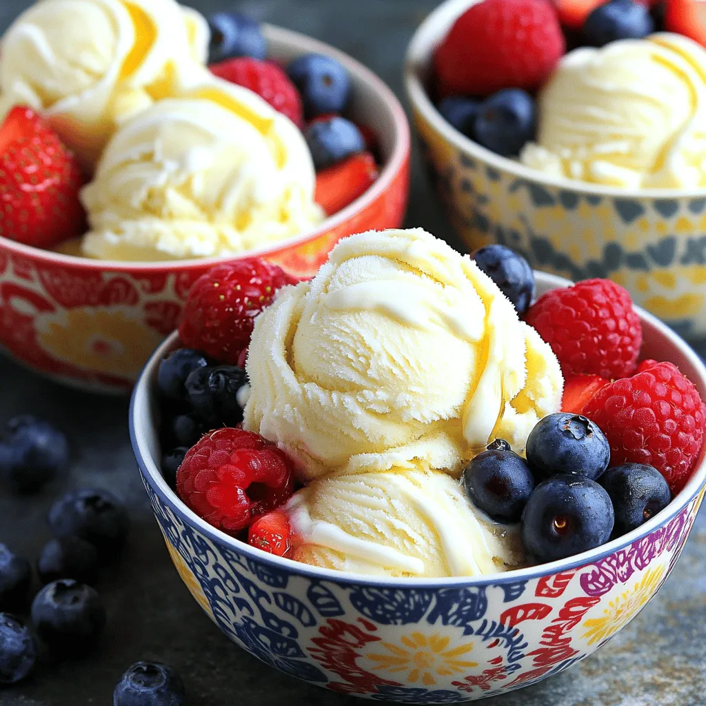 - 2 cups plain Greek yogurt - 1 cup creamy coconut milk - 1/2 cup honey or agave syrup Greek yogurt ice cream starts with three key ingredients. First, the plain Greek yogurt gives it a rich base. Second, the coconut milk adds creaminess. Finally, honey or agave syrup brings sweetness. You can tweak the sweetness to fit your taste. - 1 teaspoon pure vanilla extract - 1/4 cup freshly squeezed lemon juice - A pinch of sea salt Now, let's boost the flavor. Pure vanilla extract adds warmth and depth. Fresh lemon juice gives a bright, tangy note. A pinch of sea salt balances the sweetness and enhances all the flavors. - 1 cup mixed berries - Suggestions for additional flavors Want to take your ice cream to the next level? Mix in some fresh berries. Strawberries, blueberries, or raspberries work great. You can also explore other flavors like chocolate or mint. This adds fun and variety to each scoop. For the full recipe, check out the detailed instructions for making this delicious treat. - First, gather your ingredients. You need: - 2 cups plain Greek yogurt - 1 cup creamy coconut milk - 1/2 cup honey or agave syrup - 1 teaspoon pure vanilla extract - 1/4 cup freshly squeezed lemon juice - A pinch of sea salt - In a large bowl, mix the Greek yogurt and coconut milk. Add honey or agave syrup, vanilla extract, lemon juice, and sea salt. - Whisk the mixture well until smooth. Make sure there are no lumps from the yogurt. - Now, it's time for a taste test. Grab a spoon and try a little bit. If you want it sweeter, add more honey or agave syrup. Just keep in mind, the sweetness will balance out when frozen. - Once you’re happy with the taste, pour the mixture into your ice cream maker. - Follow your machine's instructions. Churn for about 20-25 minutes. You want the mix to get thick and creamy, like soft serve. - In the last few minutes of churning, fold in the mixed berries. Use a spatula to gently combine them. This adds flavor and a lovely color. - After churning, transfer the ice cream into an airtight container. Smooth the top with a spatula. - Freeze the ice cream for at least 2 hours. This helps it become firm enough to scoop easily. - When it's time to serve, let it sit at room temperature for 5-10 minutes. This makes it easier to scoop out. Enjoy your homemade Greek yogurt ice cream! To get that creamy, dreamy texture, pay close attention to your mixing and churning time. Churn the ice cream for about 20-25 minutes. This makes it thick and smooth. If you churn it too little, it can be icy. If you churn it too long, it may turn into butter. For freezing, use a shallow container. This helps the ice cream freeze evenly and quickly. You can easily tweak the sweetness to your taste. Start with 1/2 cup of honey or agave syrup. After mixing, taste the base. If you want more sweetness, add a bit more syrup. If you prefer natural sweeteners, try maple syrup or date syrup. These add a unique flavor and keep things healthy. Present your Greek yogurt ice cream in colorful bowls or cones. Top with fresh berries and a drizzle of honey. This makes it look inviting and tasty. You can also add a sprig of mint for a fresh touch. Enjoy it with homemade granola or nuts for extra crunch. {{image_4}} You can make Greek yogurt ice cream in many fun flavors. One popular choice is chocolate. To do this, mix in cocoa powder or melted dark chocolate. This gives a rich and creamy taste. You can also add chocolate chips for extra texture. Another fun flavor is tropical fruit. Use fresh mango, pineapple, or coconut. Blend these fruits into the yogurt base. This creates a refreshing and bright treat, perfect for warm days. If you want a dairy-free ice cream, you can use plant-based yogurt. Look for almond, soy, or coconut yogurt. These will still give you a creamy texture. You can also swap out the coconut milk for a non-dairy milk. Almond milk or cashew milk work well here. For a non-dairy version, use maple syrup instead of honey. This keeps it sweet and yummy. Make sure to check labels for any hidden dairy ingredients. Using seasonal fruits can add a nice twist to your ice cream. In spring, strawberries and rhubarb are great choices. In summer, add peaches or cherries for a burst of flavor. Fall brings apples and pumpkins, while winter can feature cranberries or pomegranates. You can also create holiday-themed recipes. For Christmas, try adding peppermint extract and crushed candy canes. This gives a festive flair. For Halloween, mix in pumpkin puree and spices for a spooky treat. For the full recipe, check the main article. Enjoy your delicious Greek yogurt ice cream! To keep your Greek yogurt ice cream fresh, use an airtight container. This type of container helps seal in the flavor. A glass or plastic container works great. Avoid using metal containers, as they can affect taste. To prevent ice crystal formation, make sure to fill your container to the top. Leave little air space for best results. You can also press a piece of wax paper against the surface of the ice cream before sealing. This method helps keep it smooth and creamy. You can store Greek yogurt ice cream for about two weeks. After this time, the flavor may fade. Look for signs of spoilage, like ice crystals on the surface. If the ice cream smells off or has a strange texture, it’s best to toss it. Yes, you can refreeze Greek yogurt ice cream! To do this properly, let it soften at room temperature for about 10 minutes. Then, stir it to break up any ice crystals. Place it back in the airtight container and freeze again. This helps maintain the creamy texture. Enjoy this delicious treat whenever you want! Greek yogurt ice cream has less fat and fewer calories than regular ice cream. It packs more protein, which helps keep you full longer. Greek yogurt also has probiotics, which are good for your gut. Regular ice cream often has added sugars and unhealthy fats. This makes Greek yogurt ice cream a smart choice for dessert lovers. Yes, you can make Greek yogurt ice cream without an ice cream maker. Simply pour the mixture into a shallow dish. Place it in the freezer for about an hour. Stir the mixture every 20 minutes to break up ice crystals. This process will give you a creamy texture. It may take a little longer, but you’ll still enjoy a tasty treat. Greek yogurt has less lactose than regular yogurt. Many lactose-intolerant people can enjoy it without issues. If you are sensitive, choose lactose-free Greek yogurt. This way, you can still enjoy this ice cream without any discomfort. To make a plant-based version, use dairy-free yogurt. Look for coconut or almond yogurt. You can follow the same steps from the Full Recipe. Add coconut milk for a creamy base. Sweeten with agave syrup and mix in your favorite fruits for flavor. You can find Greek yogurt ice cream at many grocery stores. Some popular brands include Oikos and Yasso. They offer different flavors, so you have plenty of options. Check the frozen section for tasty, ready-to-eat choices. Greek yogurt ice cream is simple to make and delicious. We covered key ingredients, like Greek yogurt and coconut milk, which create a creamy base. After mixing and churning, we discussed ways to enhance flavors and storage tips to keep your treat fresh. Remember, you can customize it with berries or try different flavors. This healthier alternative is perfect for a sweet craving. Making it yourself allows you to adjust sweetness and enjoy seasonal variations. Now you can create a sweet and satisfying treat right at home.
